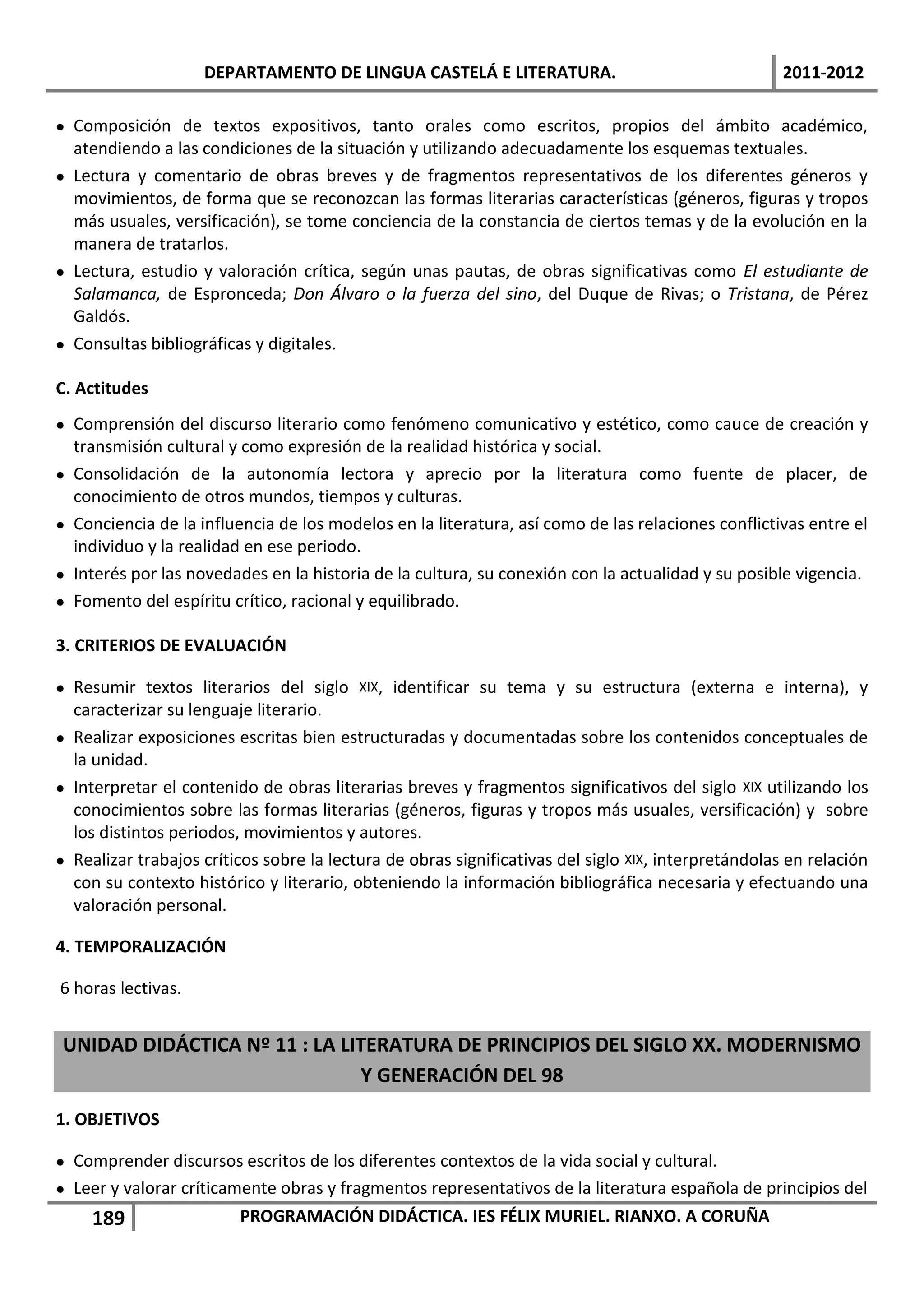 DEPARTAMENTO DE LINGUA CASTELÁ E LITERATURA.                                     2011-2012

 Composición de textos expositivos, tanto orales como escritos, propios del ámbito académico,
  atendiendo a las condiciones de la situación y utilizando adecuadamente los esquemas textuales.
 Lectura y comentario de obras breves y de fragmentos representativos de los diferentes géneros y
  movimientos, de forma que se reconozcan las formas literarias características (géneros, figuras y tropos
  más usuales, versificación), se tome conciencia de la constancia de ciertos temas y de la evolución en la
  manera de tratarlos.
 Lectura, estudio y valoración crítica, según unas pautas, de obras significativas como El estudiante de
  Salamanca, de Espronceda; Don Álvaro o la fuerza del sino, del Duque de Rivas; o Tristana, de Pérez
  Galdós.
 Consultas bibliográficas y digitales.

C. Actitudes
 Comprensión del discurso literario como fenómeno comunicativo y estético, como cauce de creación y
  transmisión cultural y como expresión de la realidad histórica y social.
 Consolidación de la autonomía lectora y aprecio por la literatura como fuente de placer, de
  conocimiento de otros mundos, tiempos y culturas.
 Conciencia de la influencia de los modelos en la literatura, así como de las relaciones conflictivas entre el
  individuo y la realidad en ese periodo.
 Interés por las novedades en la historia de la cultura, su conexión con la actualidad y su posible vigencia.
 Fomento del espíritu crítico, racional y equilibrado.

3. CRITERIOS DE EVALUACIÓN

 Resumir textos literarios del siglo XIX, identificar su tema y su estructura (externa e interna), y
  caracterizar su lenguaje literario.
 Realizar exposiciones escritas bien estructuradas y documentadas sobre los contenidos conceptuales de
  la unidad.
 Interpretar el contenido de obras literarias breves y fragmentos significativos del siglo XIX utilizando los
  conocimientos sobre las formas literarias (géneros, figuras y tropos más usuales, versificación) y sobre
  los distintos periodos, movimientos y autores.
 Realizar trabajos críticos sobre la lectura de obras significativas del siglo XIX, interpretándolas en relación
  con su contexto histórico y literario, obteniendo la información bibliográfica necesaria y efectuando una
  valoración personal.

4. TEMPORALIZACIÓN

6 horas lectivas.


UNIDAD DIDÁCTICA Nº 11 : LA LITERATURA DE PRINCIPIOS DEL SIGLO XX. MODERNISMO
                              Y GENERACIÓN DEL 98
1. OBJETIVOS

 Comprender discursos escritos de los diferentes contextos de la vida social y cultural.
 Leer y valorar críticamente obras y fragmentos representativos de la literatura española de principios del
    189                  PROGRAMACIÓN DIDÁCTICA. IES FÉLIX MURIEL. RIANXO. A CORUÑA
 