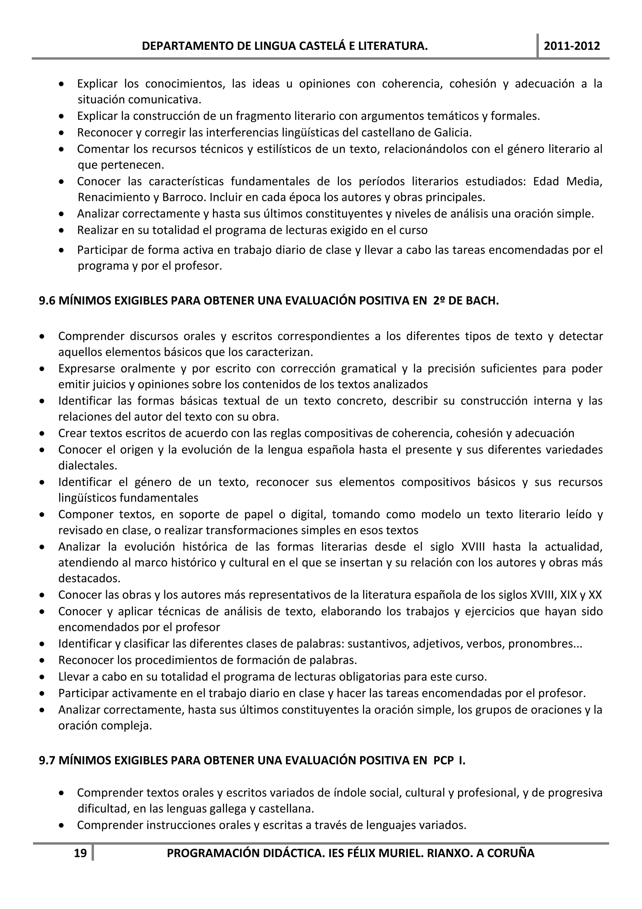 DEPARTAMENTO DE LINGUA CASTELÁ E LITERATURA.                                   2011-2012

     Explicar los conocimientos, las ideas u opiniones con coherencia, cohesión y adecuación a la
      situación comunicativa.
     Explicar la construcción de un fragmento literario con argumentos temáticos y formales.
     Reconocer y corregir las interferencias lingüísticas del castellano de Galicia.
     Comentar los recursos técnicos y estilísticos de un texto, relacionándolos con el género literario al
      que pertenecen.
     Conocer las características fundamentales de los períodos literarios estudiados: Edad Media,
      Renacimiento y Barroco. Incluir en cada época los autores y obras principales.
     Analizar correctamente y hasta sus últimos constituyentes y niveles de análisis una oración simple.
     Realizar en su totalidad el programa de lecturas exigido en el curso
     Participar de forma activa en trabajo diario de clase y llevar a cabo las tareas encomendadas por el
      programa y por el profesor.

9.6 MÍNIMOS EXIGIBLES PARA OBTENER UNA EVALUACIÓN POSITIVA EN 2º DE BACH.

   Comprender discursos orales y escritos correspondientes a los diferentes tipos de texto y detectar
    aquellos elementos básicos que los caracterizan.
   Expresarse oralmente y por escrito con corrección gramatical y la precisión suficientes para poder
    emitir juicios y opiniones sobre los contenidos de los textos analizados
   Identificar las formas básicas textual de un texto concreto, describir su construcción interna y las
    relaciones del autor del texto con su obra.
   Crear textos escritos de acuerdo con las reglas compositivas de coherencia, cohesión y adecuación
   Conocer el origen y la evolución de la lengua española hasta el presente y sus diferentes variedades
    dialectales.
   Identificar el género de un texto, reconocer sus elementos compositivos básicos y sus recursos
    lingüísticos fundamentales
   Componer textos, en soporte de papel o digital, tomando como modelo un texto literario leído y
    revisado en clase, o realizar transformaciones simples en esos textos
   Analizar la evolución histórica de las formas literarias desde el siglo XVIII hasta la actualidad,
    atendiendo al marco histórico y cultural en el que se insertan y su relación con los autores y obras más
    destacados.
   Conocer las obras y los autores más representativos de la literatura española de los siglos XVIII, XIX y XX
   Conocer y aplicar técnicas de análisis de texto, elaborando los trabajos y ejercicios que hayan sido
    encomendados por el profesor
   Identificar y clasificar las diferentes clases de palabras: sustantivos, adjetivos, verbos, pronombres...
   Reconocer los procedimientos de formación de palabras.
   Llevar a cabo en su totalidad el programa de lecturas obligatorias para este curso.
   Participar activamente en el trabajo diario en clase y hacer las tareas encomendadas por el profesor.
   Analizar correctamente, hasta sus últimos constituyentes la oración simple, los grupos de oraciones y la
    oración compleja.

9.7 MÍNIMOS EXIGIBLES PARA OBTENER UNA EVALUACIÓN POSITIVA EN PCP I.

     Comprender textos orales y escritos variados de índole social, cultural y profesional, y de progresiva
      dificultad, en las lenguas gallega y castellana.
     Comprender instrucciones orales y escritas a través de lenguajes variados.

       19                PROGRAMACIÓN DIDÁCTICA. IES FÉLIX MURIEL. RIANXO. A CORUÑA
 