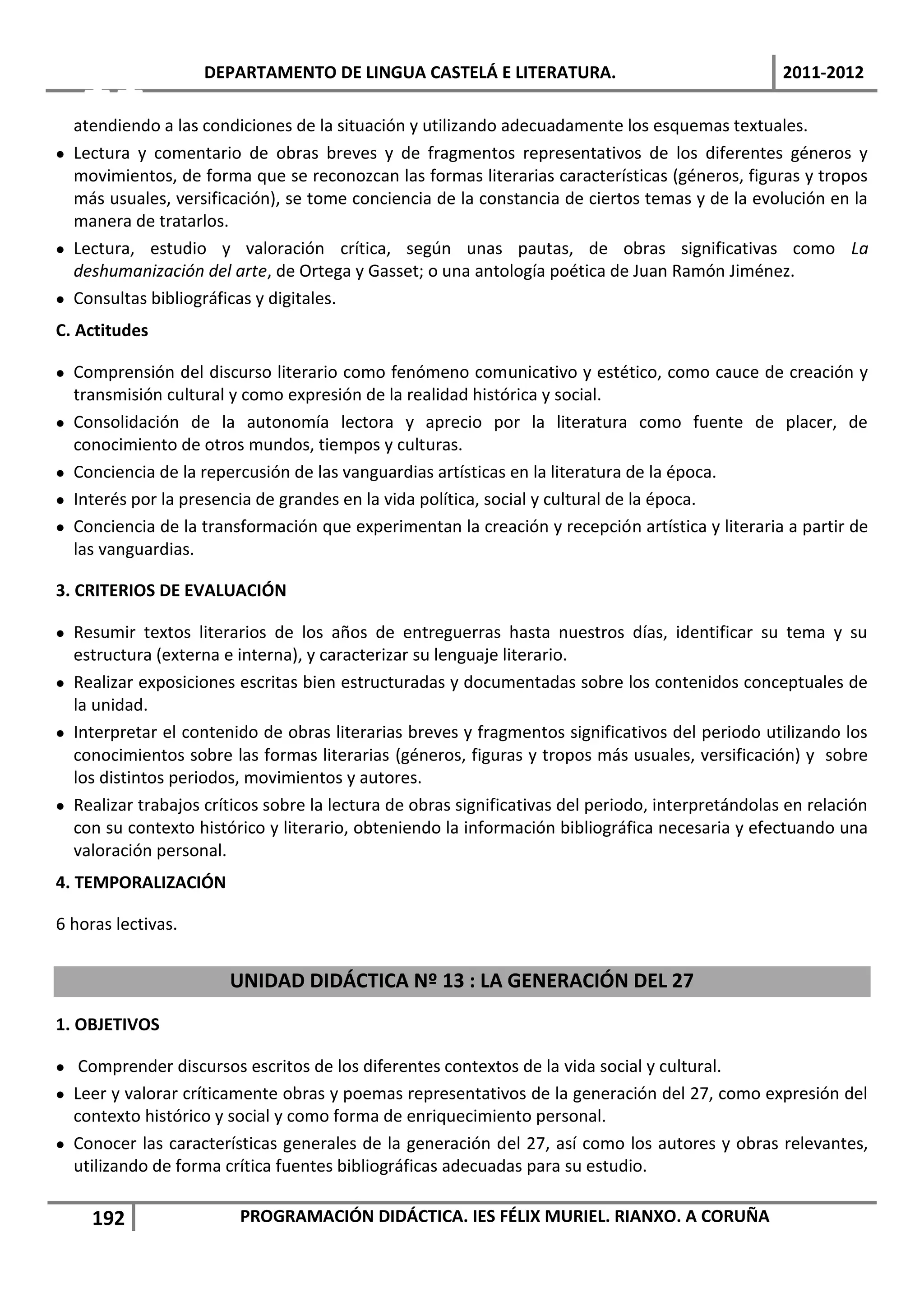 11               DEPARTAMENTO DE LINGUA CASTELÁ E LITERATURA.                                   2011-2012

  atendiendo a las condiciones de la situación y utilizando adecuadamente los esquemas textuales.
 Lectura y comentario de obras breves y de fragmentos representativos de los diferentes géneros y
  movimientos, de forma que se reconozcan las formas literarias características (géneros, figuras y tropos
  más usuales, versificación), se tome conciencia de la constancia de ciertos temas y de la evolución en la
  manera de tratarlos.
 Lectura, estudio y valoración crítica, según unas pautas, de obras significativas como La
  deshumanización del arte, de Ortega y Gasset; o una antología poética de Juan Ramón Jiménez.
 Consultas bibliográficas y digitales.
C. Actitudes

 Comprensión del discurso literario como fenómeno comunicativo y estético, como cauce de creación y
  transmisión cultural y como expresión de la realidad histórica y social.
 Consolidación de la autonomía lectora y aprecio por la literatura como fuente de placer, de
  conocimiento de otros mundos, tiempos y culturas.
 Conciencia de la repercusión de las vanguardias artísticas en la literatura de la época.
 Interés por la presencia de grandes en la vida política, social y cultural de la época.
 Conciencia de la transformación que experimentan la creación y recepción artística y literaria a partir de
  las vanguardias.

3. CRITERIOS DE EVALUACIÓN

 Resumir textos literarios de los años de entreguerras hasta nuestros días, identificar su tema y su
  estructura (externa e interna), y caracterizar su lenguaje literario.
 Realizar exposiciones escritas bien estructuradas y documentadas sobre los contenidos conceptuales de
  la unidad.
 Interpretar el contenido de obras literarias breves y fragmentos significativos del periodo utilizando los
  conocimientos sobre las formas literarias (géneros, figuras y tropos más usuales, versificación) y sobre
  los distintos periodos, movimientos y autores.
 Realizar trabajos críticos sobre la lectura de obras significativas del periodo, interpretándolas en relación
  con su contexto histórico y literario, obteniendo la información bibliográfica necesaria y efectuando una
  valoración personal.
4. TEMPORALIZACIÓN

6 horas lectivas.


                       UNIDAD DIDÁCTICA Nº 13 : LA GENERACIÓN DEL 27
1. OBJETIVOS

 Comprender discursos escritos de los diferentes contextos de la vida social y cultural.
 Leer y valorar críticamente obras y poemas representativos de la generación del 27, como expresión del
  contexto histórico y social y como forma de enriquecimiento personal.
 Conocer las características generales de la generación del 27, así como los autores y obras relevantes,
  utilizando de forma crítica fuentes bibliográficas adecuadas para su estudio.

     192                 PROGRAMACIÓN DIDÁCTICA. IES FÉLIX MURIEL. RIANXO. A CORUÑA
 