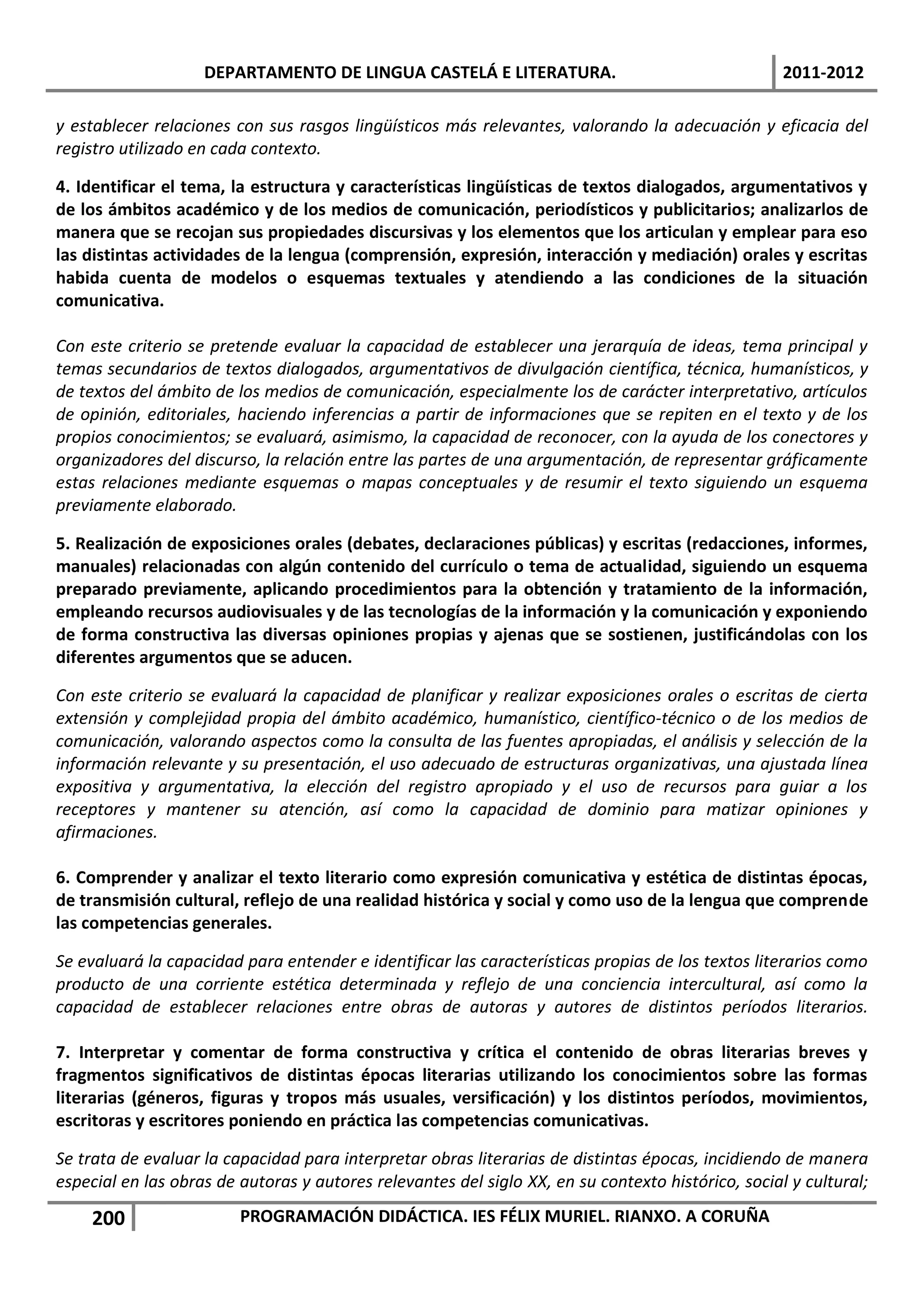DEPARTAMENTO DE LINGUA CASTELÁ E LITERATURA.                                    2011-2012

y establecer relaciones con sus rasgos lingüísticos más relevantes, valorando la adecuación y eficacia del
registro utilizado en cada contexto.

4. Identificar el tema, la estructura y características lingüísticas de textos dialogados, argumentativos y
de los ámbitos académico y de los medios de comunicación, periodísticos y publicitarios; analizarlos de
manera que se recojan sus propiedades discursivas y los elementos que los articulan y emplear para eso
las distintas actividades de la lengua (comprensión, expresión, interacción y mediación) orales y escritas
habida cuenta de modelos o esquemas textuales y atendiendo a las condiciones de la situación
comunicativa.

Con este criterio se pretende evaluar la capacidad de establecer una jerarquía de ideas, tema principal y
temas secundarios de textos dialogados, argumentativos de divulgación científica, técnica, humanísticos, y
de textos del ámbito de los medios de comunicación, especialmente los de carácter interpretativo, artículos
de opinión, editoriales, haciendo inferencias a partir de informaciones que se repiten en el texto y de los
propios conocimientos; se evaluará, asimismo, la capacidad de reconocer, con la ayuda de los conectores y
organizadores del discurso, la relación entre las partes de una argumentación, de representar gráficamente
estas relaciones mediante esquemas o mapas conceptuales y de resumir el texto siguiendo un esquema
previamente elaborado.

5. Realización de exposiciones orales (debates, declaraciones públicas) y escritas (redacciones, informes,
manuales) relacionadas con algún contenido del currículo o tema de actualidad, siguiendo un esquema
preparado previamente, aplicando procedimientos para la obtención y tratamiento de la información,
empleando recursos audiovisuales y de las tecnologías de la información y la comunicación y exponiendo
de forma constructiva las diversas opiniones propias y ajenas que se sostienen, justificándolas con los
diferentes argumentos que se aducen.

Con este criterio se evaluará la capacidad de planificar y realizar exposiciones orales o escritas de cierta
extensión y complejidad propia del ámbito académico, humanístico, científico-técnico o de los medios de
comunicación, valorando aspectos como la consulta de las fuentes apropiadas, el análisis y selección de la
información relevante y su presentación, el uso adecuado de estructuras organizativas, una ajustada línea
expositiva y argumentativa, la elección del registro apropiado y el uso de recursos para guiar a los
receptores y mantener su atención, así como la capacidad de dominio para matizar opiniones y
afirmaciones.

6. Comprender y analizar el texto literario como expresión comunicativa y estética de distintas épocas,
de transmisión cultural, reflejo de una realidad histórica y social y como uso de la lengua que comprende
las competencias generales.

Se evaluará la capacidad para entender e identificar las características propias de los textos literarios como
producto de una corriente estética determinada y reflejo de una conciencia intercultural, así como la
capacidad de establecer relaciones entre obras de autoras y autores de distintos períodos literarios.

7. Interpretar y comentar de forma constructiva y crítica el contenido de obras literarias breves y
fragmentos significativos de distintas épocas literarias utilizando los conocimientos sobre las formas
literarias (géneros, figuras y tropos más usuales, versificación) y los distintos períodos, movimientos,
escritoras y escritores poniendo en práctica las competencias comunicativas.

Se trata de evaluar la capacidad para interpretar obras literarias de distintas épocas, incidiendo de manera
especial en las obras de autoras y autores relevantes del siglo XX, en su contexto histórico, social y cultural;

    200                  PROGRAMACIÓN DIDÁCTICA. IES FÉLIX MURIEL. RIANXO. A CORUÑA
 