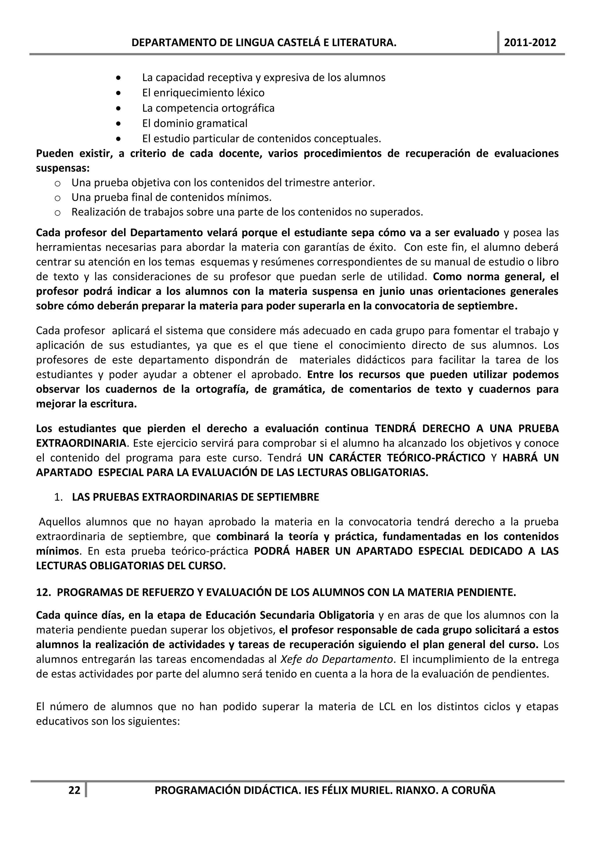 DEPARTAMENTO DE LINGUA CASTELÁ E LITERATURA.                              2011-2012

                    La capacidad receptiva y expresiva de los alumnos
                    El enriquecimiento léxico
                    La competencia ortográfica
                    El dominio gramatical
                    El estudio particular de contenidos conceptuales.
Pueden existir, a criterio de cada docente, varios procedimientos de recuperación de evaluaciones
suspensas:
   o Una prueba objetiva con los contenidos del trimestre anterior.
   o Una prueba final de contenidos mínimos.
   o Realización de trabajos sobre una parte de los contenidos no superados.
Cada profesor del Departamento velará porque el estudiante sepa cómo va a ser evaluado y posea las
herramientas necesarias para abordar la materia con garantías de éxito. Con este fin, el alumno deberá
centrar su atención en los temas esquemas y resúmenes correspondientes de su manual de estudio o libro
de texto y las consideraciones de su profesor que puedan serle de utilidad. Como norma general, el
profesor podrá indicar a los alumnos con la materia suspensa en junio unas orientaciones generales
sobre cómo deberán preparar la materia para poder superarla en la convocatoria de septiembre.

Cada profesor aplicará el sistema que considere más adecuado en cada grupo para fomentar el trabajo y
aplicación de sus estudiantes, ya que es el que tiene el conocimiento directo de sus alumnos. Los
profesores de este departamento dispondrán de materiales didácticos para facilitar la tarea de los
estudiantes y poder ayudar a obtener el aprobado. Entre los recursos que pueden utilizar podemos
observar los cuadernos de la ortografía, de gramática, de comentarios de texto y cuadernos para
mejorar la escritura.

Los estudiantes que pierden el derecho a evaluación continua TENDRÁ DERECHO A UNA PRUEBA
EXTRAORDINARIA. Este ejercicio servirá para comprobar si el alumno ha alcanzado los objetivos y conoce
el contenido del programa para este curso. Tendrá UN CARÁCTER TEÓRICO-PRÁCTICO Y HABRÁ UN
APARTADO ESPECIAL PARA LA EVALUACIÓN DE LAS LECTURAS OBLIGATORIAS.

   1. LAS PRUEBAS EXTRAORDINARIAS DE SEPTIEMBRE

 Aquellos alumnos que no hayan aprobado la materia en la convocatoria tendrá derecho a la prueba
extraordinaria de septiembre, que combinará la teoría y práctica, fundamentadas en los contenidos
mínimos. En esta prueba teórico-práctica PODRÁ HABER UN APARTADO ESPECIAL DEDICADO A LAS
LECTURAS OBLIGATORIAS DEL CURSO.

12. PROGRAMAS DE REFUERZO Y EVALUACIÓN DE LOS ALUMNOS CON LA MATERIA PENDIENTE.
Cada quince días, en la etapa de Educación Secundaria Obligatoria y en aras de que los alumnos con la
materia pendiente puedan superar los objetivos, el profesor responsable de cada grupo solicitará a estos
alumnos la realización de actividades y tareas de recuperación siguiendo el plan general del curso. Los
alumnos entregarán las tareas encomendadas al Xefe do Departamento. El incumplimiento de la entrega
de estas actividades por parte del alumno será tenido en cuenta a la hora de la evaluación de pendientes.

El número de alumnos que no han podido superar la materia de LCL en los distintos ciclos y etapas
educativos son los siguientes:




      22               PROGRAMACIÓN DIDÁCTICA. IES FÉLIX MURIEL. RIANXO. A CORUÑA
 