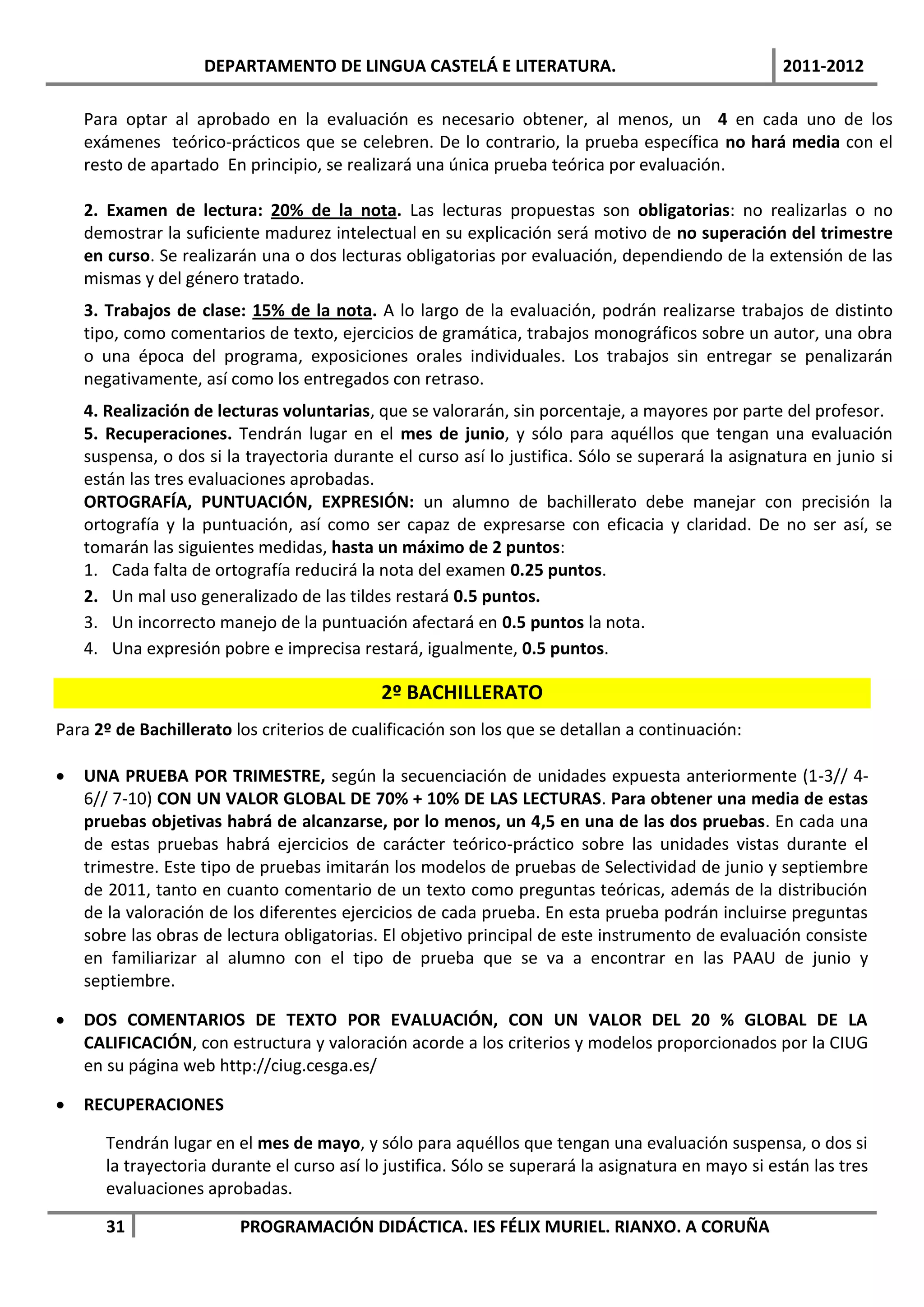 DEPARTAMENTO DE LINGUA CASTELÁ E LITERATURA.                                     2011-2012

    Para optar al aprobado en la evaluación es necesario obtener, al menos, un 4 en cada uno de los
    exámenes teórico-prácticos que se celebren. De lo contrario, la prueba específica no hará media con el
    resto de apartado En principio, se realizará una única prueba teórica por evaluación.

    2. Examen de lectura: 20% de la nota. Las lecturas propuestas son obligatorias: no realizarlas o no
    demostrar la suficiente madurez intelectual en su explicación será motivo de no superación del trimestre
    en curso. Se realizarán una o dos lecturas obligatorias por evaluación, dependiendo de la extensión de las
    mismas y del género tratado.
    3. Trabajos de clase: 15% de la nota. A lo largo de la evaluación, podrán realizarse trabajos de distinto
    tipo, como comentarios de texto, ejercicios de gramática, trabajos monográficos sobre un autor, una obra
    o una época del programa, exposiciones orales individuales. Los trabajos sin entregar se penalizarán
    negativamente, así como los entregados con retraso.
    4. Realización de lecturas voluntarias, que se valorarán, sin porcentaje, a mayores por parte del profesor.
    5. Recuperaciones. Tendrán lugar en el mes de junio, y sólo para aquéllos que tengan una evaluación
    suspensa, o dos si la trayectoria durante el curso así lo justifica. Sólo se superará la asignatura en junio si
    están las tres evaluaciones aprobadas.
    ORTOGRAFÍA, PUNTUACIÓN, EXPRESIÓN: un alumno de bachillerato debe manejar con precisión la
    ortografía y la puntuación, así como ser capaz de expresarse con eficacia y claridad. De no ser así, se
    tomarán las siguientes medidas, hasta un máximo de 2 puntos:
    1. Cada falta de ortografía reducirá la nota del examen 0.25 puntos.
    2. Un mal uso generalizado de las tildes restará 0.5 puntos.
    3. Un incorrecto manejo de la puntuación afectará en 0.5 puntos la nota.
    4. Una expresión pobre e imprecisa restará, igualmente, 0.5 puntos.

                                             2º BACHILLERATO
Para 2º de Bachillerato los criterios de cualificación son los que se detallan a continuación:

   UNA PRUEBA POR TRIMESTRE, según la secuenciación de unidades expuesta anteriormente (1-3// 4-
    6// 7-10) CON UN VALOR GLOBAL DE 70% + 10% DE LAS LECTURAS. Para obtener una media de estas
    pruebas objetivas habrá de alcanzarse, por lo menos, un 4,5 en una de las dos pruebas. En cada una
    de estas pruebas habrá ejercicios de carácter teórico-práctico sobre las unidades vistas durante el
    trimestre. Este tipo de pruebas imitarán los modelos de pruebas de Selectividad de junio y septiembre
    de 2011, tanto en cuanto comentario de un texto como preguntas teóricas, además de la distribución
    de la valoración de los diferentes ejercicios de cada prueba. En esta prueba podrán incluirse preguntas
    sobre las obras de lectura obligatorias. El objetivo principal de este instrumento de evaluación consiste
    en familiarizar al alumno con el tipo de prueba que se va a encontrar en las PAAU de junio y
    septiembre.

   DOS COMENTARIOS DE TEXTO POR EVALUACIÓN, CON UN VALOR DEL 20 % GLOBAL DE LA
    CALIFICACIÓN, con estructura y valoración acorde a los criterios y modelos proporcionados por la CIUG
    en su página web http://ciug.cesga.es/

   RECUPERACIONES

       Tendrán lugar en el mes de mayo, y sólo para aquéllos que tengan una evaluación suspensa, o dos si
       la trayectoria durante el curso así lo justifica. Sólo se superará la asignatura en mayo si están las tres
       evaluaciones aprobadas.

       31                PROGRAMACIÓN DIDÁCTICA. IES FÉLIX MURIEL. RIANXO. A CORUÑA
 
