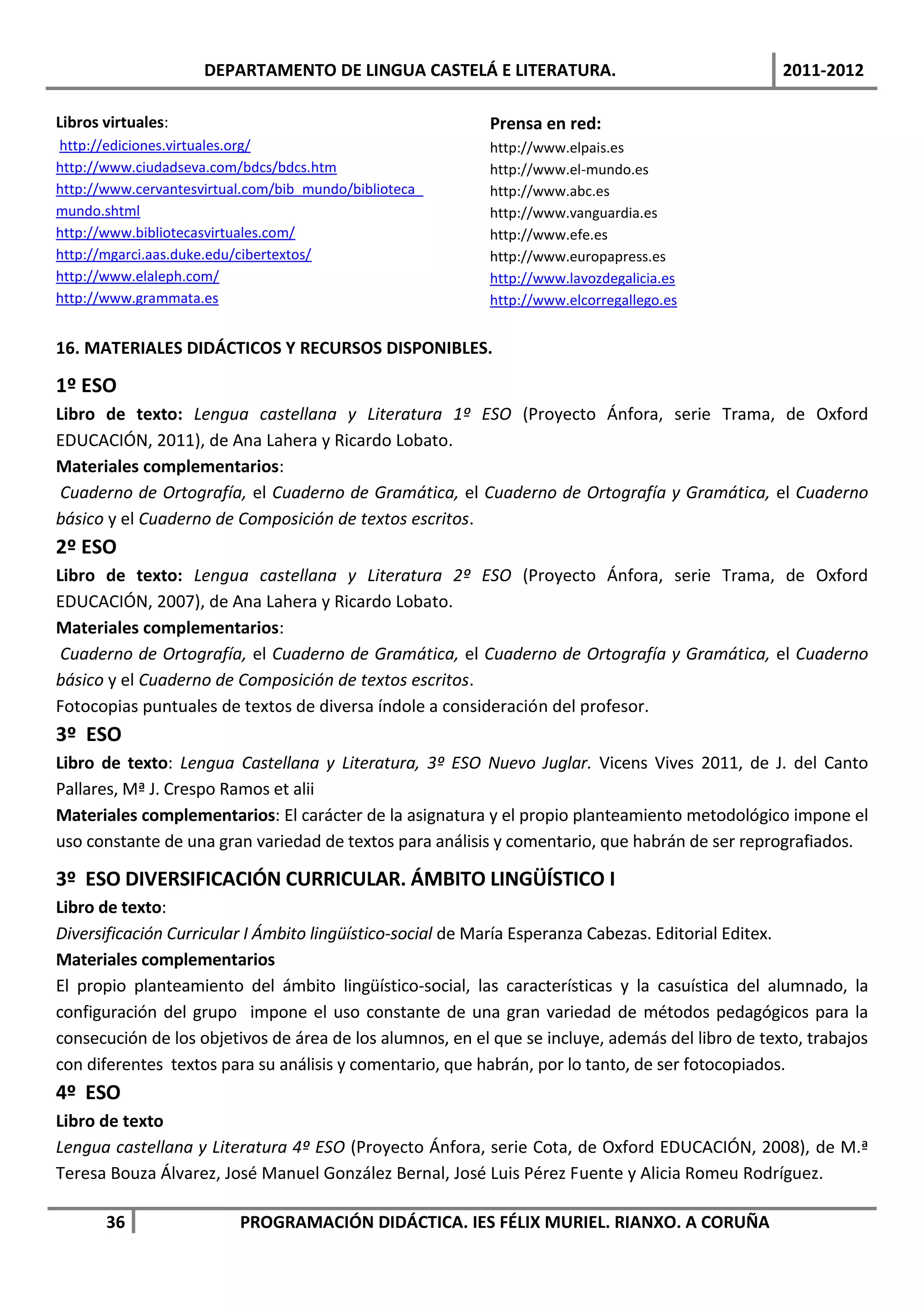 DEPARTAMENTO DE LINGUA CASTELÁ E LITERATURA.                                 2011-2012

Libros virtuales:                                         Prensa en red:
http://ediciones.virtuales.org/                           http://www.elpais.es
http://www.ciudadseva.com/bdcs/bdcs.htm                   http://www.el-mundo.es
http://www.cervantesvirtual.com/bib_mundo/biblioteca_     http://www.abc.es
mundo.shtml                                               http://www.vanguardia.es
http://www.bibliotecasvirtuales.com/                      http://www.efe.es
http://mgarci.aas.duke.edu/cibertextos/                   http://www.europapress.es
http://www.elaleph.com/                                   http://www.lavozdegalicia.es
http://www.grammata.es                                    http://www.elcorregallego.es


16. MATERIALES DIDÁCTICOS Y RECURSOS DISPONIBLES.

1º ESO
Libro de texto: Lengua castellana y Literatura 1º ESO (Proyecto Ánfora, serie Trama, de Oxford
EDUCACIÓN, 2011), de Ana Lahera y Ricardo Lobato.
Materiales complementarios:
 Cuaderno de Ortografía, el Cuaderno de Gramática, el Cuaderno de Ortografía y Gramática, el Cuaderno
básico y el Cuaderno de Composición de textos escritos.
2º ESO
Libro de texto: Lengua castellana y Literatura 2º ESO (Proyecto Ánfora, serie Trama, de Oxford
EDUCACIÓN, 2007), de Ana Lahera y Ricardo Lobato.
Materiales complementarios:
 Cuaderno de Ortografía, el Cuaderno de Gramática, el Cuaderno de Ortografía y Gramática, el Cuaderno
básico y el Cuaderno de Composición de textos escritos.
Fotocopias puntuales de textos de diversa índole a consideración del profesor.
3º ESO
Libro de texto: Lengua Castellana y Literatura, 3º ESO Nuevo Juglar. Vicens Vives 2011, de J. del Canto
Pallares, Mª J. Crespo Ramos et alii
Materiales complementarios: El carácter de la asignatura y el propio planteamiento metodológico impone el
uso constante de una gran variedad de textos para análisis y comentario, que habrán de ser reprografiados.

3º ESO DIVERSIFICACIÓN CURRICULAR. ÁMBITO LINGÜÍSTICO I
Libro de texto:
Diversificación Curricular I Ámbito lingüístico-social de María Esperanza Cabezas. Editorial Editex.
Materiales complementarios
El propio planteamiento del ámbito lingüístico-social, las características y la casuística del alumnado, la
configuración del grupo impone el uso constante de una gran variedad de métodos pedagógicos para la
consecución de los objetivos de área de los alumnos, en el que se incluye, además del libro de texto, trabajos
con diferentes textos para su análisis y comentario, que habrán, por lo tanto, de ser fotocopiados.
4º ESO
Libro de texto
Lengua castellana y Literatura 4º ESO (Proyecto Ánfora, serie Cota, de Oxford EDUCACIÓN, 2008), de M.ª
Teresa Bouza Álvarez, José Manuel González Bernal, José Luis Pérez Fuente y Alicia Romeu Rodríguez.

       36                 PROGRAMACIÓN DIDÁCTICA. IES FÉLIX MURIEL. RIANXO. A CORUÑA
 