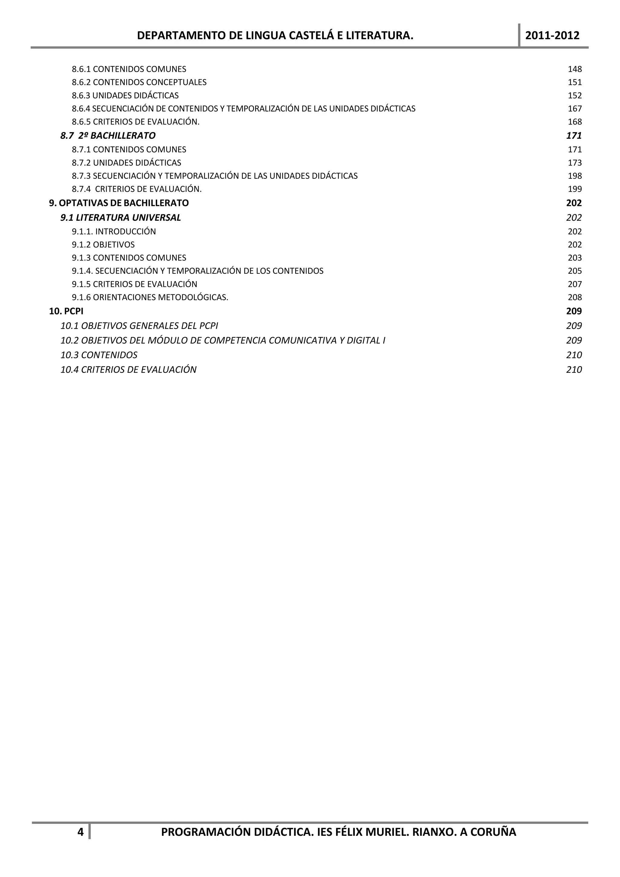 DEPARTAMENTO DE LINGUA CASTELÁ E LITERATURA.                       2011-2012

    8.6.1 CONTENIDOS COMUNES                                                                148
    8.6.2 CONTENIDOS CONCEPTUALES                                                           151
    8.6.3 UNIDADES DIDÁCTICAS                                                               152
    8.6.4 SECUENCIACIÓN DE CONTENIDOS Y TEMPORALIZACIÓN DE LAS UNIDADES DIDÁCTICAS          167
    8.6.5 CRITERIOS DE EVALUACIÓN.                                                          168
  8.7 2º BACHILLERATO                                                                      171
    8.7.1 CONTENIDOS COMUNES                                                                171
    8.7.2 UNIDADES DIDÁCTICAS                                                               173
    8.7.3 SECUENCIACIÓN Y TEMPORALIZACIÓN DE LAS UNIDADES DIDÁCTICAS                        198
    8.7.4 CRITERIOS DE EVALUACIÓN.                                                          199
9. OPTATIVAS DE BACHILLERATO                                                               202
   9.1 LITERATURA UNIVERSAL                                                                202
    9.1.1. INTRODUCCIÓN                                                                     202
    9.1.2 OBJETIVOS                                                                         202
    9.1.3 CONTENIDOS COMUNES                                                                203
    9.1.4. SECUENCIACIÓN Y TEMPORALIZACIÓN DE LOS CONTENIDOS                                205
    9.1.5 CRITERIOS DE EVALUACIÓN                                                           207
    9.1.6 ORIENTACIONES METODOLÓGICAS.                                                      208
10. PCPI                                                                                   209
  10.1 OBJETIVOS GENERALES DEL PCPI                                                        209
  10.2 OBJETIVOS DEL MÓDULO DE COMPETENCIA COMUNICATIVA Y DIGITAL I                        209
  10.3 CONTENIDOS                                                                          210
  10.4 CRITERIOS DE EVALUACIÓN                                                             210




     4                  PROGRAMACIÓN DIDÁCTICA. IES FÉLIX MURIEL. RIANXO. A CORUÑA
 