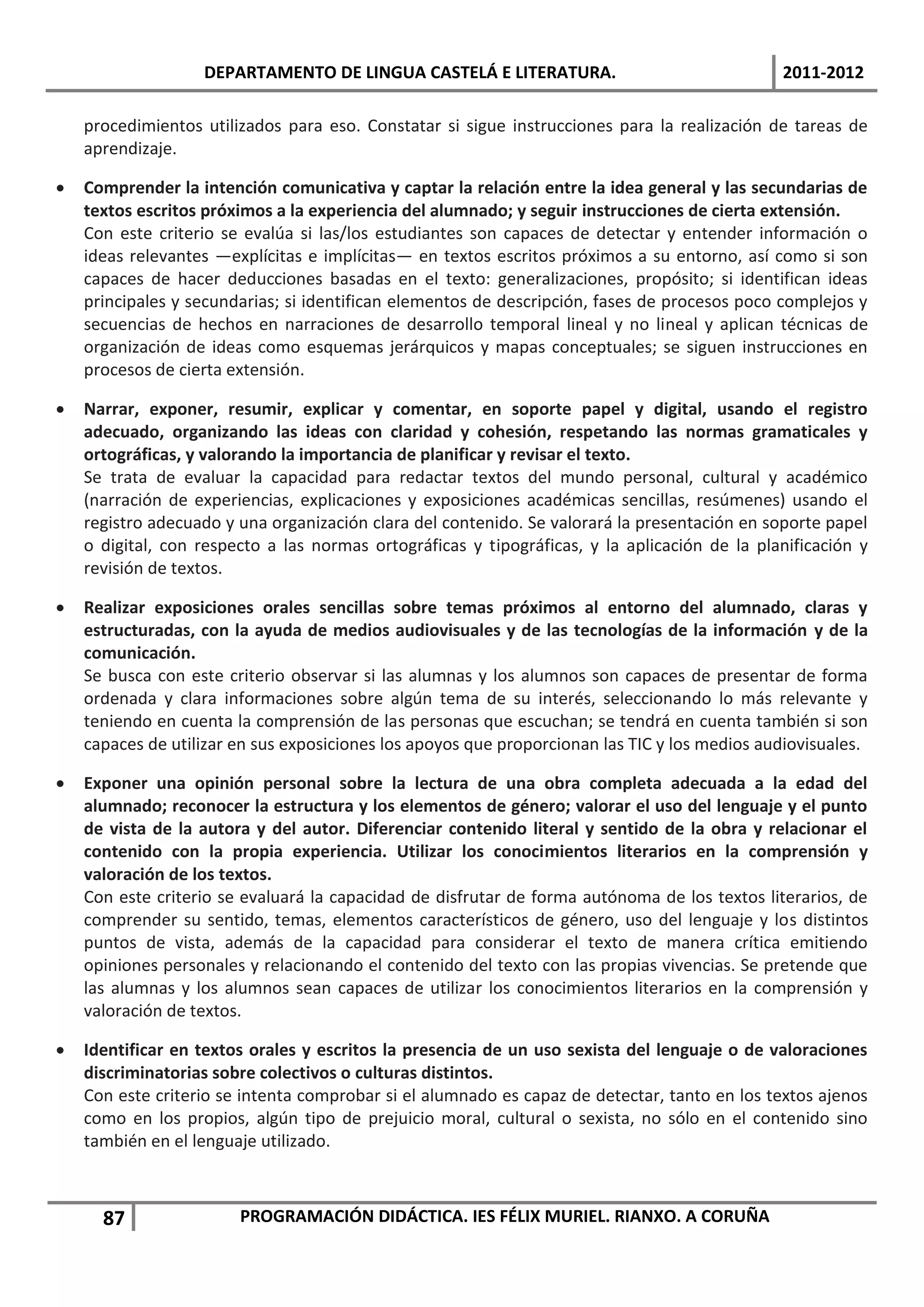 DEPARTAMENTO DE LINGUA CASTELÁ E LITERATURA.                                2011-2012

    procedimientos utilizados para eso. Constatar si sigue instrucciones para la realización de tareas de
    aprendizaje.

   Comprender la intención comunicativa y captar la relación entre la idea general y las secundarias de
    textos escritos próximos a la experiencia del alumnado; y seguir instrucciones de cierta extensión.
    Con este criterio se evalúa si las/los estudiantes son capaces de detectar y entender información o
    ideas relevantes —explícitas e implícitas— en textos escritos próximos a su entorno, así como si son
    capaces de hacer deducciones basadas en el texto: generalizaciones, propósito; si identifican ideas
    principales y secundarias; si identifican elementos de descripción, fases de procesos poco complejos y
    secuencias de hechos en narraciones de desarrollo temporal lineal y no lineal y aplican técnicas de
    organización de ideas como esquemas jerárquicos y mapas conceptuales; se siguen instrucciones en
    procesos de cierta extensión.

   Narrar, exponer, resumir, explicar y comentar, en soporte papel y digital, usando el registro
    adecuado, organizando las ideas con claridad y cohesión, respetando las normas gramaticales y
    ortográficas, y valorando la importancia de planificar y revisar el texto.
    Se trata de evaluar la capacidad para redactar textos del mundo personal, cultural y académico
    (narración de experiencias, explicaciones y exposiciones académicas sencillas, resúmenes) usando el
    registro adecuado y una organización clara del contenido. Se valorará la presentación en soporte papel
    o digital, con respecto a las normas ortográficas y tipográficas, y la aplicación de la planificación y
    revisión de textos.

   Realizar exposiciones orales sencillas sobre temas próximos al entorno del alumnado, claras y
    estructuradas, con la ayuda de medios audiovisuales y de las tecnologías de la información y de la
    comunicación.
    Se busca con este criterio observar si las alumnas y los alumnos son capaces de presentar de forma
    ordenada y clara informaciones sobre algún tema de su interés, seleccionando lo más relevante y
    teniendo en cuenta la comprensión de las personas que escuchan; se tendrá en cuenta también si son
    capaces de utilizar en sus exposiciones los apoyos que proporcionan las TIC y los medios audiovisuales.

   Exponer una opinión personal sobre la lectura de una obra completa adecuada a la edad del
    alumnado; reconocer la estructura y los elementos de género; valorar el uso del lenguaje y el punto
    de vista de la autora y del autor. Diferenciar contenido literal y sentido de la obra y relacionar el
    contenido con la propia experiencia. Utilizar los conocimientos literarios en la comprensión y
    valoración de los textos.
    Con este criterio se evaluará la capacidad de disfrutar de forma autónoma de los textos literarios, de
    comprender su sentido, temas, elementos característicos de género, uso del lenguaje y los distintos
    puntos de vista, además de la capacidad para considerar el texto de manera crítica emitiendo
    opiniones personales y relacionando el contenido del texto con las propias vivencias. Se pretende que
    las alumnas y los alumnos sean capaces de utilizar los conocimientos literarios en la comprensión y
    valoración de textos.

   Identificar en textos orales y escritos la presencia de un uso sexista del lenguaje o de valoraciones
    discriminatorias sobre colectivos o culturas distintos.
    Con este criterio se intenta comprobar si el alumnado es capaz de detectar, tanto en los textos ajenos
    como en los propios, algún tipo de prejuicio moral, cultural o sexista, no sólo en el contenido sino
    también en el lenguaje utilizado.



      87                PROGRAMACIÓN DIDÁCTICA. IES FÉLIX MURIEL. RIANXO. A CORUÑA
 
