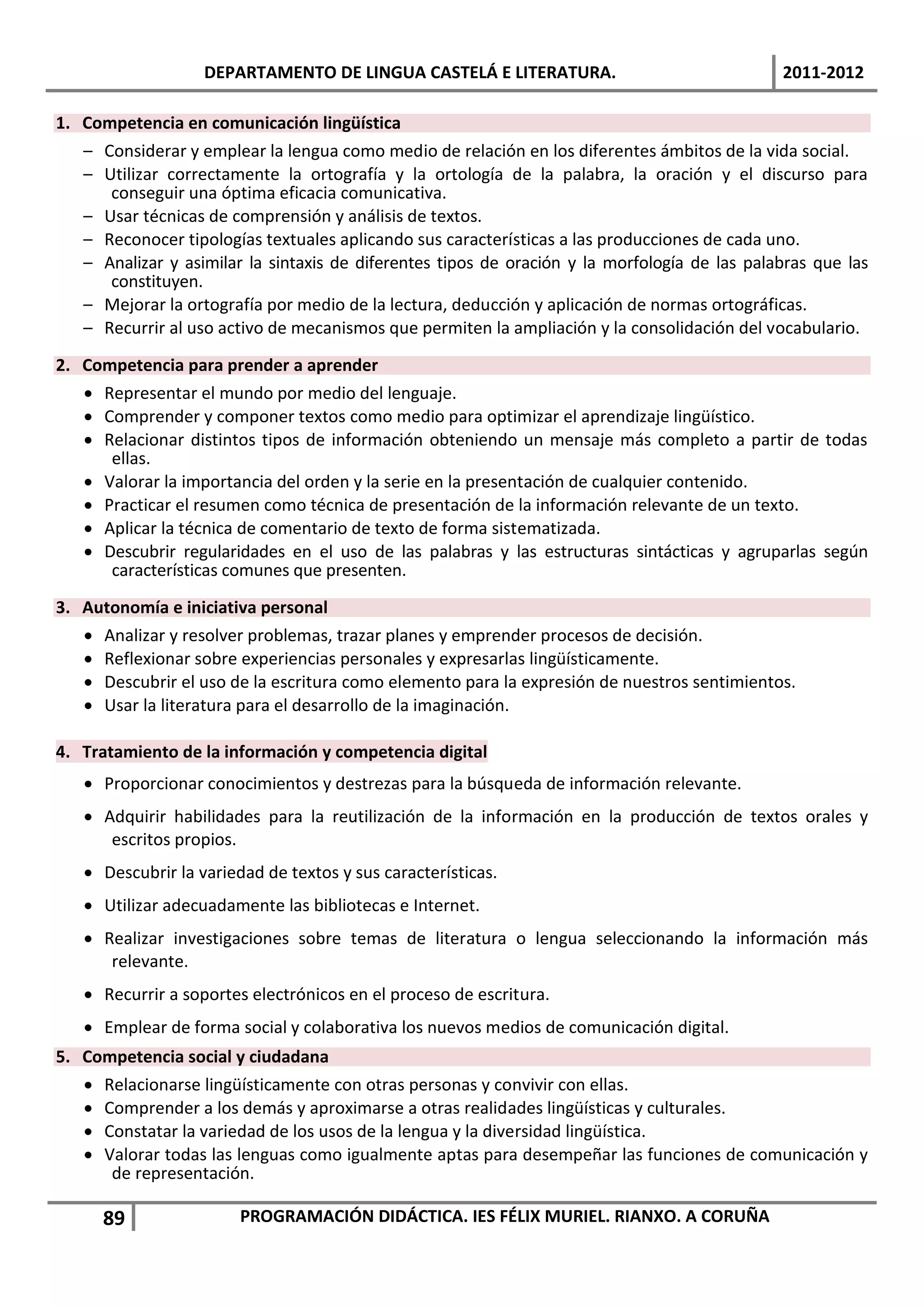 DEPARTAMENTO DE LINGUA CASTELÁ E LITERATURA.                                2011-2012

1. Competencia en comunicación lingüística
   – Considerar y emplear la lengua como medio de relación en los diferentes ámbitos de la vida social.
   – Utilizar correctamente la ortografía y la ortología de la palabra, la oración y el discurso para
      conseguir una óptima eficacia comunicativa.
   – Usar técnicas de comprensión y análisis de textos.
   – Reconocer tipologías textuales aplicando sus características a las producciones de cada uno.
   – Analizar y asimilar la sintaxis de diferentes tipos de oración y la morfología de las palabras que las
      constituyen.
   – Mejorar la ortografía por medio de la lectura, deducción y aplicación de normas ortográficas.
   – Recurrir al uso activo de mecanismos que permiten la ampliación y la consolidación del vocabulario.

2. Competencia para prender a aprender
    Representar el mundo por medio del lenguaje.
    Comprender y componer textos como medio para optimizar el aprendizaje lingüístico.
    Relacionar distintos tipos de información obteniendo un mensaje más completo a partir de todas
      ellas.
    Valorar la importancia del orden y la serie en la presentación de cualquier contenido.
    Practicar el resumen como técnica de presentación de la información relevante de un texto.
    Aplicar la técnica de comentario de texto de forma sistematizada.
    Descubrir regularidades en el uso de las palabras y las estructuras sintácticas y agruparlas según
      características comunes que presenten.

3. Autonomía e iniciativa personal
    Analizar y resolver problemas, trazar planes y emprender procesos de decisión.
    Reflexionar sobre experiencias personales y expresarlas lingüísticamente.
    Descubrir el uso de la escritura como elemento para la expresión de nuestros sentimientos.
    Usar la literatura para el desarrollo de la imaginación.

4. Tratamiento de la información y competencia digital
    Proporcionar conocimientos y destrezas para la búsqueda de información relevante.
    Adquirir habilidades para la reutilización de la información en la producción de textos orales y
      escritos propios.
    Descubrir la variedad de textos y sus características.
    Utilizar adecuadamente las bibliotecas e Internet.
    Realizar investigaciones sobre temas de literatura o lengua seleccionando la información más
      relevante.
    Recurrir a soportes electrónicos en el proceso de escritura.
    Emplear de forma social y colaborativa los nuevos medios de comunicación digital.
5. Competencia social y ciudadana
    Relacionarse lingüísticamente con otras personas y convivir con ellas.
    Comprender a los demás y aproximarse a otras realidades lingüísticas y culturales.
    Constatar la variedad de los usos de la lengua y la diversidad lingüística.
    Valorar todas las lenguas como igualmente aptas para desempeñar las funciones de comunicación y
      de representación.

      89                PROGRAMACIÓN DIDÁCTICA. IES FÉLIX MURIEL. RIANXO. A CORUÑA
 