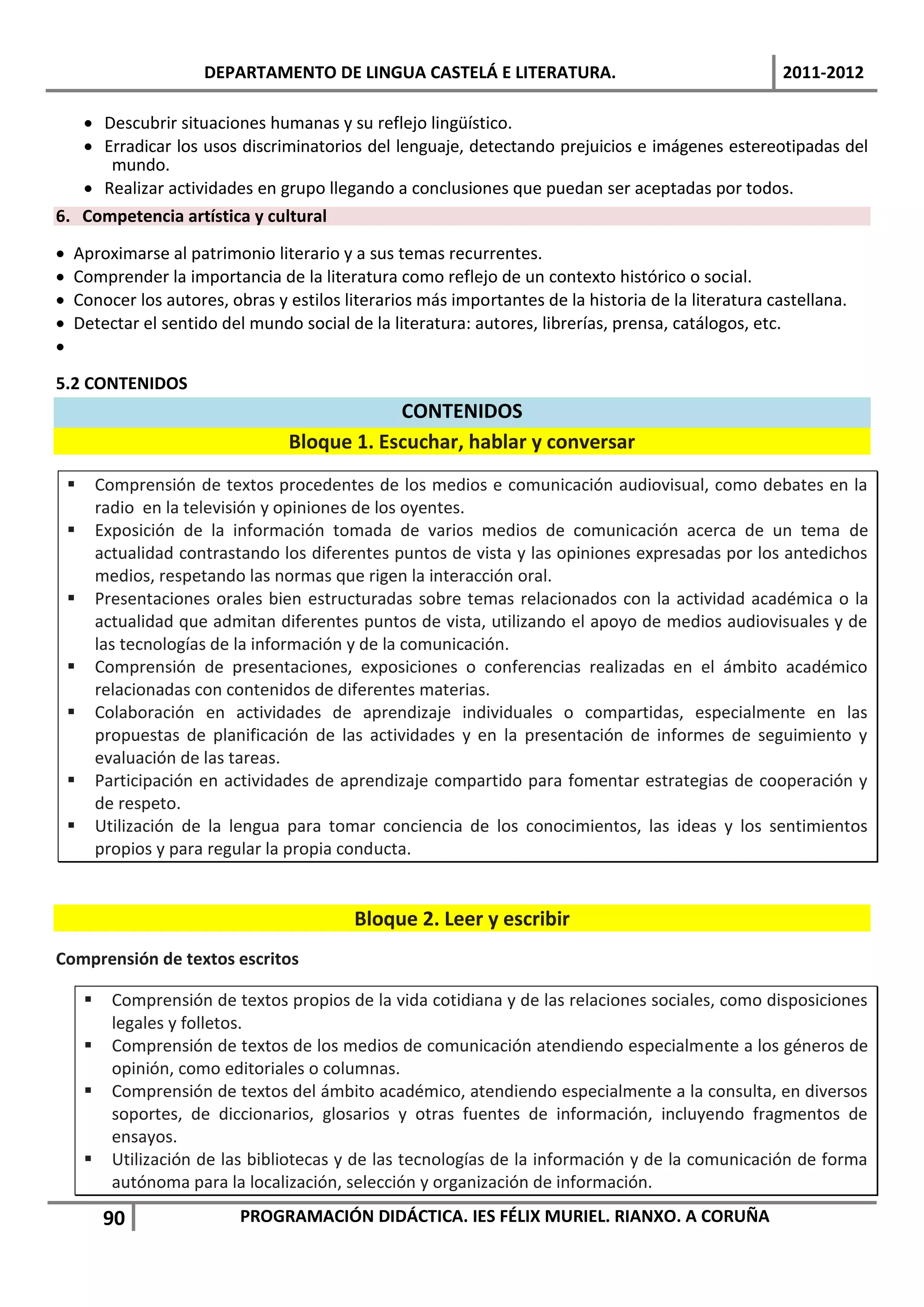 DEPARTAMENTO DE LINGUA CASTELÁ E LITERATURA.                                2011-2012

    Descubrir situaciones humanas y su reflejo lingüístico.
    Erradicar los usos discriminatorios del lenguaje, detectando prejuicios e imágenes estereotipadas del
      mundo.
    Realizar actividades en grupo llegando a conclusiones que puedan ser aceptadas por todos.
6. Competencia artística y cultural

   Aproximarse al patrimonio literario y a sus temas recurrentes.
   Comprender la importancia de la literatura como reflejo de un contexto histórico o social.
   Conocer los autores, obras y estilos literarios más importantes de la historia de la literatura castellana.
   Detectar el sentido del mundo social de la literatura: autores, librerías, prensa, catálogos, etc.

5.2 CONTENIDOS
                                                 CONTENIDOS
                                     Bloque 1. Escuchar, hablar y conversar
           Comprensión de textos procedentes de los medios e comunicación audiovisual, como debates en la
            radio en la televisión y opiniones de los oyentes.
           Exposición de la información tomada de varios medios de comunicación acerca de un tema de
            actualidad contrastando los diferentes puntos de vista y las opiniones expresadas por los antedichos
            medios, respetando las normas que rigen la interacción oral.
           Presentaciones orales bien estructuradas sobre temas relacionados con la actividad académica o la
            actualidad que admitan diferentes puntos de vista, utilizando el apoyo de medios audiovisuales y de
            las tecnologías de la información y de la comunicación.
           Comprensión de presentaciones, exposiciones o conferencias realizadas en el ámbito académico
            relacionadas con contenidos de diferentes materias.
           Colaboración en actividades de aprendizaje individuales o compartidas, especialmente en las
            propuestas de planificación de las actividades y en la presentación de informes de seguimiento y
            evaluación de las tareas.
           Participación en actividades de aprendizaje compartido para fomentar estrategias de cooperación y
            de respeto.
           Utilización de la lengua para tomar conciencia de los conocimientos, las ideas y los sentimientos
            propios y para regular la propia conducta.


                                             Bloque 2. Leer y escribir
Comprensión de textos escritos

             Comprensión de textos propios de la vida cotidiana y de las relaciones sociales, como disposiciones
              legales y folletos.
             Comprensión de textos de los medios de comunicación atendiendo especialmente a los géneros de
              opinión, como editoriales o columnas.
             Comprensión de textos del ámbito académico, atendiendo especialmente a la consulta, en diversos
              soportes, de diccionarios, glosarios y otras fuentes de información, incluyendo fragmentos de
              ensayos.
             Utilización de las bibliotecas y de las tecnologías de la información y de la comunicación de forma
              autónoma para la localización, selección y organización de información.
             90               PROGRAMACIÓN DIDÁCTICA. IES FÉLIX MURIEL. RIANXO. A CORUÑA
 