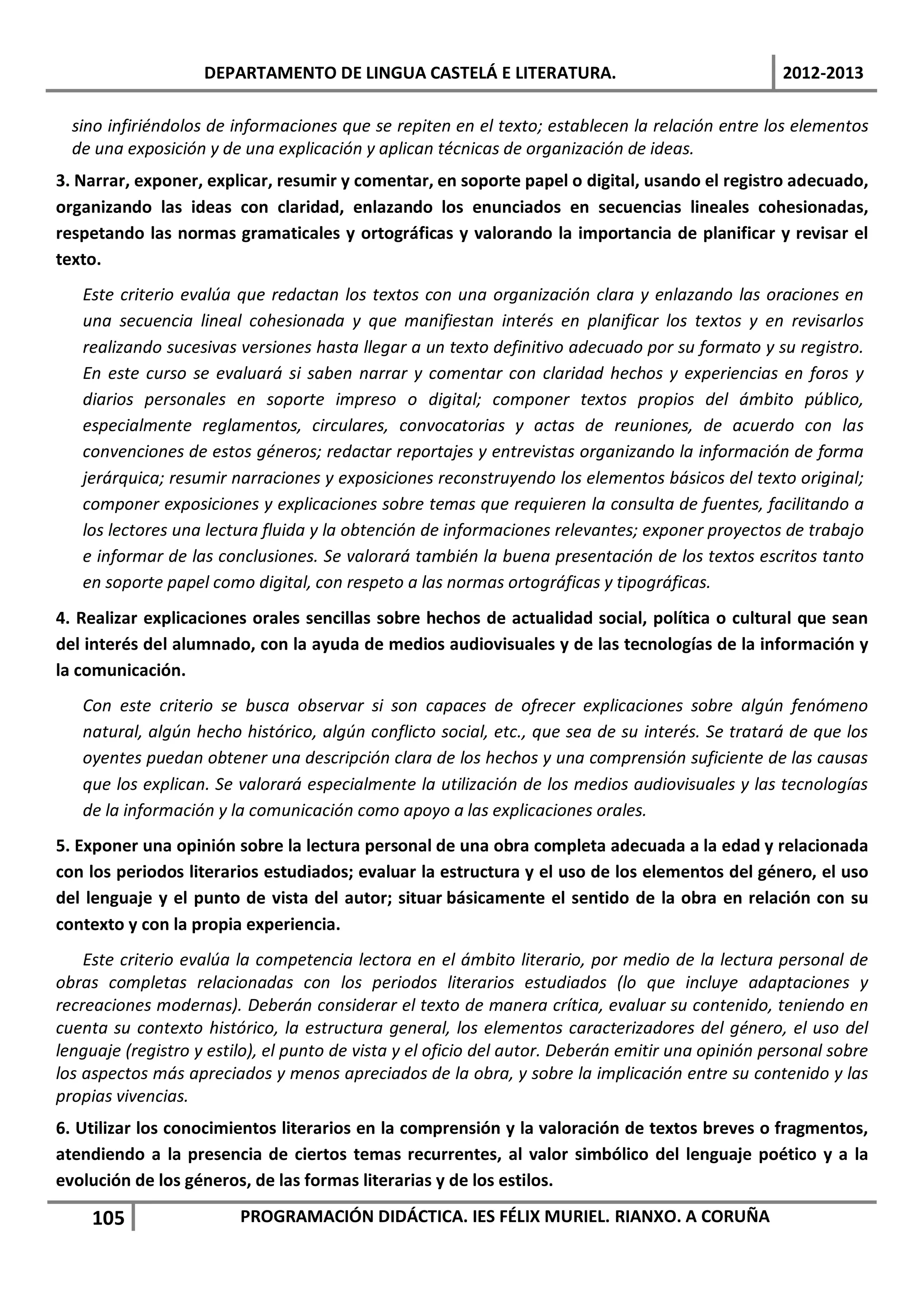 DEPARTAMENTO DE LINGUA CASTELÁ E LITERATURA.                                    2012-2013

  sino infiriéndolos de informaciones que se repiten en el texto; establecen la relación entre los elementos
  de una exposición y de una explicación y aplican técnicas de organización de ideas.
3. Narrar, exponer, explicar, resumir y comentar, en soporte papel o digital, usando el registro adecuado,
organizando las ideas con claridad, enlazando los enunciados en secuencias lineales cohesionadas,
respetando las normas gramaticales y ortográficas y valorando la importancia de planificar y revisar el
texto.
   Este criterio evalúa que redactan los textos con una organización clara y enlazando las oraciones en
   una secuencia lineal cohesionada y que manifiestan interés en planificar los textos y en revisarlos
   realizando sucesivas versiones hasta llegar a un texto definitivo adecuado por su formato y su registro.
   En este curso se evaluará si saben narrar y comentar con claridad hechos y experiencias en foros y
   diarios personales en soporte impreso o digital; componer textos propios del ámbito público,
   especialmente reglamentos, circulares, convocatorias y actas de reuniones, de acuerdo con las
   convenciones de estos géneros; redactar reportajes y entrevistas organizando la información de forma
   jerárquica; resumir narraciones y exposiciones reconstruyendo los elementos básicos del texto original;
   componer exposiciones y explicaciones sobre temas que requieren la consulta de fuentes, facilitando a
   los lectores una lectura fluida y la obtención de informaciones relevantes; exponer proyectos de trabajo
   e informar de las conclusiones. Se valorará también la buena presentación de los textos escritos tanto
   en soporte papel como digital, con respeto a las normas ortográficas y tipográficas.
4. Realizar explicaciones orales sencillas sobre hechos de actualidad social, política o cultural que sean
del interés del alumnado, con la ayuda de medios audiovisuales y de las tecnologías de la información y
la comunicación.
   Con este criterio se busca observar si son capaces de ofrecer explicaciones sobre algún fenómeno
   natural, algún hecho histórico, algún conflicto social, etc., que sea de su interés. Se tratará de que los
   oyentes puedan obtener una descripción clara de los hechos y una comprensión suficiente de las causas
   que los explican. Se valorará especialmente la utilización de los medios audiovisuales y las tecnologías
   de la información y la comunicación como apoyo a las explicaciones orales.
5. Exponer una opinión sobre la lectura personal de una obra completa adecuada a la edad y relacionada
con los periodos literarios estudiados; evaluar la estructura y el uso de los elementos del género, el uso
del lenguaje y el punto de vista del autor; situar básicamente el sentido de la obra en relación con su
contexto y con la propia experiencia.
    Este criterio evalúa la competencia lectora en el ámbito literario, por medio de la lectura personal de
obras completas relacionadas con los periodos literarios estudiados (lo que incluye adaptaciones y
recreaciones modernas). Deberán considerar el texto de manera crítica, evaluar su contenido, teniendo en
cuenta su contexto histórico, la estructura general, los elementos caracterizadores del género, el uso del
lenguaje (registro y estilo), el punto de vista y el oficio del autor. Deberán emitir una opinión personal sobre
los aspectos más apreciados y menos apreciados de la obra, y sobre la implicación entre su contenido y las
propias vivencias.
6. Utilizar los conocimientos literarios en la comprensión y la valoración de textos breves o fragmentos,
atendiendo a la presencia de ciertos temas recurrentes, al valor simbólico del lenguaje poético y a la
evolución de los géneros, de las formas literarias y de los estilos.

    105                  PROGRAMACIÓN DIDÁCTICA. IES FÉLIX MURIEL. RIANXO. A CORUÑA
 