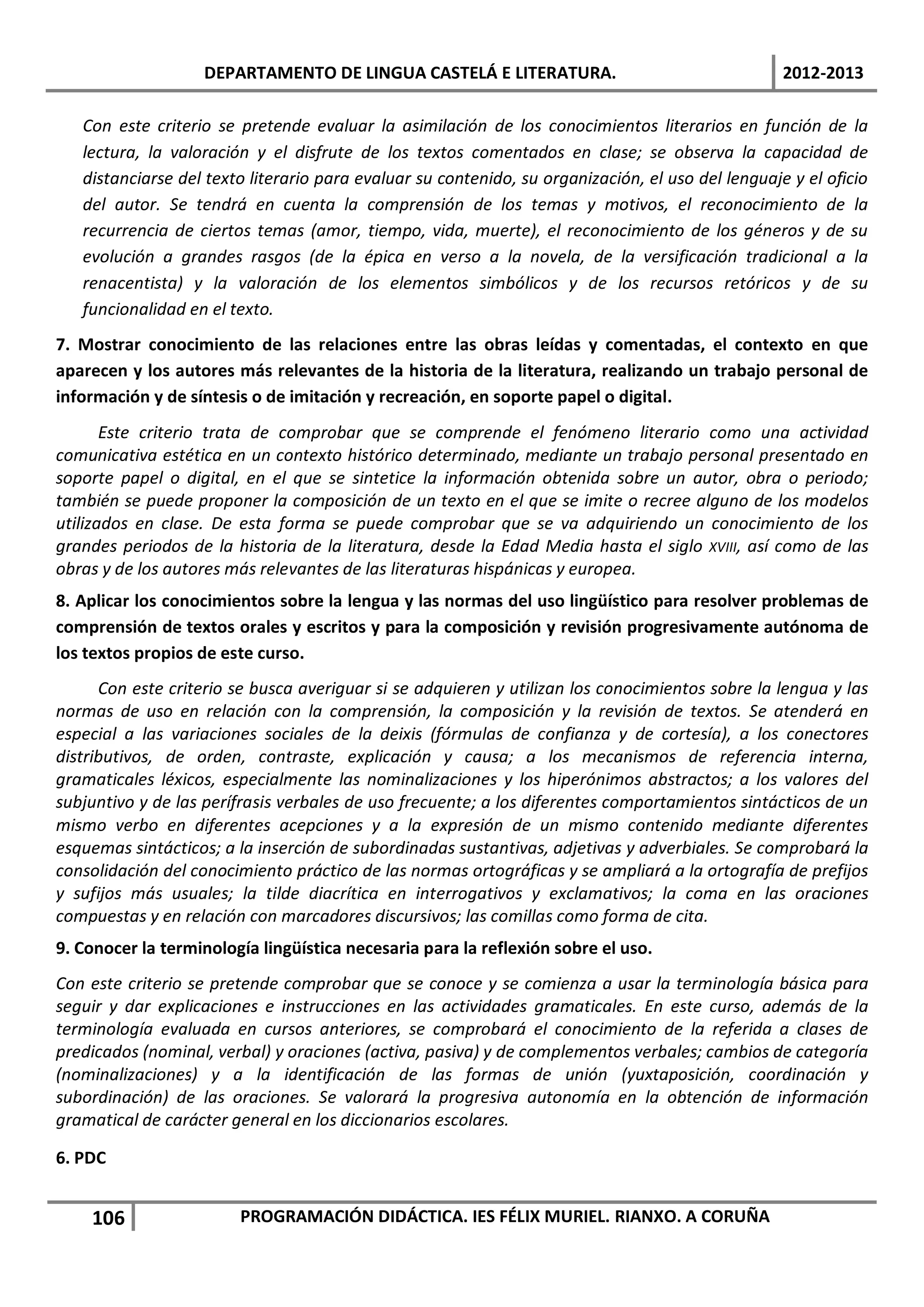 DEPARTAMENTO DE LINGUA CASTELÁ E LITERATURA.                                    2012-2013

   Con este criterio se pretende evaluar la asimilación de los conocimientos literarios en función de la
   lectura, la valoración y el disfrute de los textos comentados en clase; se observa la capacidad de
   distanciarse del texto literario para evaluar su contenido, su organización, el uso del lenguaje y el oficio
   del autor. Se tendrá en cuenta la comprensión de los temas y motivos, el reconocimiento de la
   recurrencia de ciertos temas (amor, tiempo, vida, muerte), el reconocimiento de los géneros y de su
   evolución a grandes rasgos (de la épica en verso a la novela, de la versificación tradicional a la
   renacentista) y la valoración de los elementos simbólicos y de los recursos retóricos y de su
   funcionalidad en el texto.
7. Mostrar conocimiento de las relaciones entre las obras leídas y comentadas, el contexto en que
aparecen y los autores más relevantes de la historia de la literatura, realizando un trabajo personal de
información y de síntesis o de imitación y recreación, en soporte papel o digital.
       Este criterio trata de comprobar que se comprende el fenómeno literario como una actividad
comunicativa estética en un contexto histórico determinado, mediante un trabajo personal presentado en
soporte papel o digital, en el que se sintetice la información obtenida sobre un autor, obra o periodo;
también se puede proponer la composición de un texto en el que se imite o recree alguno de los modelos
utilizados en clase. De esta forma se puede comprobar que se va adquiriendo un conocimiento de los
grandes periodos de la historia de la literatura, desde la Edad Media hasta el siglo XVIII, así como de las
obras y de los autores más relevantes de las literaturas hispánicas y europea.
8. Aplicar los conocimientos sobre la lengua y las normas del uso lingüístico para resolver problemas de
comprensión de textos orales y escritos y para la composición y revisión progresivamente autónoma de
los textos propios de este curso.
      Con este criterio se busca averiguar si se adquieren y utilizan los conocimientos sobre la lengua y las
normas de uso en relación con la comprensión, la composición y la revisión de textos. Se atenderá en
especial a las variaciones sociales de la deixis (fórmulas de confianza y de cortesía), a los conectores
distributivos, de orden, contraste, explicación y causa; a los mecanismos de referencia interna,
gramaticales léxicos, especialmente las nominalizaciones y los hiperónimos abstractos; a los valores del
subjuntivo y de las perífrasis verbales de uso frecuente; a los diferentes comportamientos sintácticos de un
mismo verbo en diferentes acepciones y a la expresión de un mismo contenido mediante diferentes
esquemas sintácticos; a la inserción de subordinadas sustantivas, adjetivas y adverbiales. Se comprobará la
consolidación del conocimiento práctico de las normas ortográficas y se ampliará a la ortografía de prefijos
y sufijos más usuales; la tilde diacrítica en interrogativos y exclamativos; la coma en las oraciones
compuestas y en relación con marcadores discursivos; las comillas como forma de cita.
9. Conocer la terminología lingüística necesaria para la reflexión sobre el uso.
Con este criterio se pretende comprobar que se conoce y se comienza a usar la terminología básica para
seguir y dar explicaciones e instrucciones en las actividades gramaticales. En este curso, además de la
terminología evaluada en cursos anteriores, se comprobará el conocimiento de la referida a clases de
predicados (nominal, verbal) y oraciones (activa, pasiva) y de complementos verbales; cambios de categoría
(nominalizaciones) y a la identificación de las formas de unión (yuxtaposición, coordinación y
subordinación) de las oraciones. Se valorará la progresiva autonomía en la obtención de información
gramatical de carácter general en los diccionarios escolares.

6. PDC


    106                 PROGRAMACIÓN DIDÁCTICA. IES FÉLIX MURIEL. RIANXO. A CORUÑA
 
