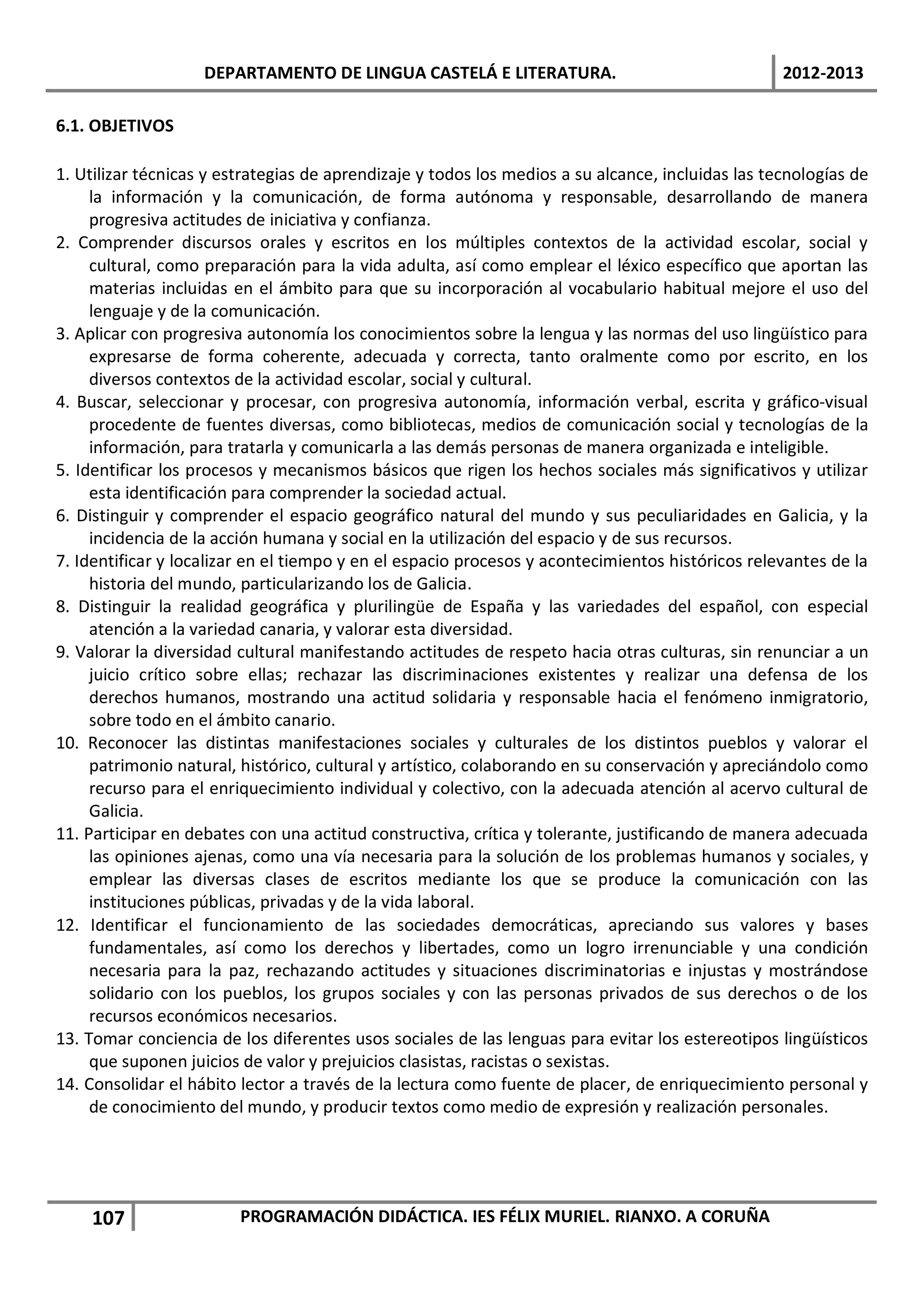 DEPARTAMENTO DE LINGUA CASTELÁ E LITERATURA.                                   2012-2013

6.1. OBJETIVOS

1. Utilizar técnicas y estrategias de aprendizaje y todos los medios a su alcance, incluidas las tecnologías de
     la información y la comunicación, de forma autónoma y responsable, desarrollando de manera
     progresiva actitudes de iniciativa y confianza.
2. Comprender discursos orales y escritos en los múltiples contextos de la actividad escolar, social y
     cultural, como preparación para la vida adulta, así como emplear el léxico específico que aportan las
     materias incluidas en el ámbito para que su incorporación al vocabulario habitual mejore el uso del
     lenguaje y de la comunicación.
3. Aplicar con progresiva autonomía los conocimientos sobre la lengua y las normas del uso lingüístico para
     expresarse de forma coherente, adecuada y correcta, tanto oralmente como por escrito, en los
     diversos contextos de la actividad escolar, social y cultural.
4. Buscar, seleccionar y procesar, con progresiva autonomía, información verbal, escrita y gráfico-visual
     procedente de fuentes diversas, como bibliotecas, medios de comunicación social y tecnologías de la
     información, para tratarla y comunicarla a las demás personas de manera organizada e inteligible.
5. Identificar los procesos y mecanismos básicos que rigen los hechos sociales más significativos y utilizar
     esta identificación para comprender la sociedad actual.
6. Distinguir y comprender el espacio geográfico natural del mundo y sus peculiaridades en Galicia, y la
     incidencia de la acción humana y social en la utilización del espacio y de sus recursos.
7. Identificar y localizar en el tiempo y en el espacio procesos y acontecimientos históricos relevantes de la
     historia del mundo, particularizando los de Galicia.
8. Distinguir la realidad geográfica y plurilingüe de España y las variedades del español, con especial
     atención a la variedad canaria, y valorar esta diversidad.
9. Valorar la diversidad cultural manifestando actitudes de respeto hacia otras culturas, sin renunciar a un
     juicio crítico sobre ellas; rechazar las discriminaciones existentes y realizar una defensa de los
     derechos humanos, mostrando una actitud solidaria y responsable hacia el fenómeno inmigratorio,
     sobre todo en el ámbito canario.
10. Reconocer las distintas manifestaciones sociales y culturales de los distintos pueblos y valorar el
     patrimonio natural, histórico, cultural y artístico, colaborando en su conservación y apreciándolo como
     recurso para el enriquecimiento individual y colectivo, con la adecuada atención al acervo cultural de
     Galicia.
11. Participar en debates con una actitud constructiva, crítica y tolerante, justificando de manera adecuada
     las opiniones ajenas, como una vía necesaria para la solución de los problemas humanos y sociales, y
     emplear las diversas clases de escritos mediante los que se produce la comunicación con las
     instituciones públicas, privadas y de la vida laboral.
12. Identificar el funcionamiento de las sociedades democráticas, apreciando sus valores y bases
     fundamentales, así como los derechos y libertades, como un logro irrenunciable y una condición
     necesaria para la paz, rechazando actitudes y situaciones discriminatorias e injustas y mostrándose
     solidario con los pueblos, los grupos sociales y con las personas privados de sus derechos o de los
     recursos económicos necesarios.
13. Tomar conciencia de los diferentes usos sociales de las lenguas para evitar los estereotipos lingüísticos
     que suponen juicios de valor y prejuicios clasistas, racistas o sexistas.
14. Consolidar el hábito lector a través de la lectura como fuente de placer, de enriquecimiento personal y
     de conocimiento del mundo, y producir textos como medio de expresión y realización personales.




    107                  PROGRAMACIÓN DIDÁCTICA. IES FÉLIX MURIEL. RIANXO. A CORUÑA
 