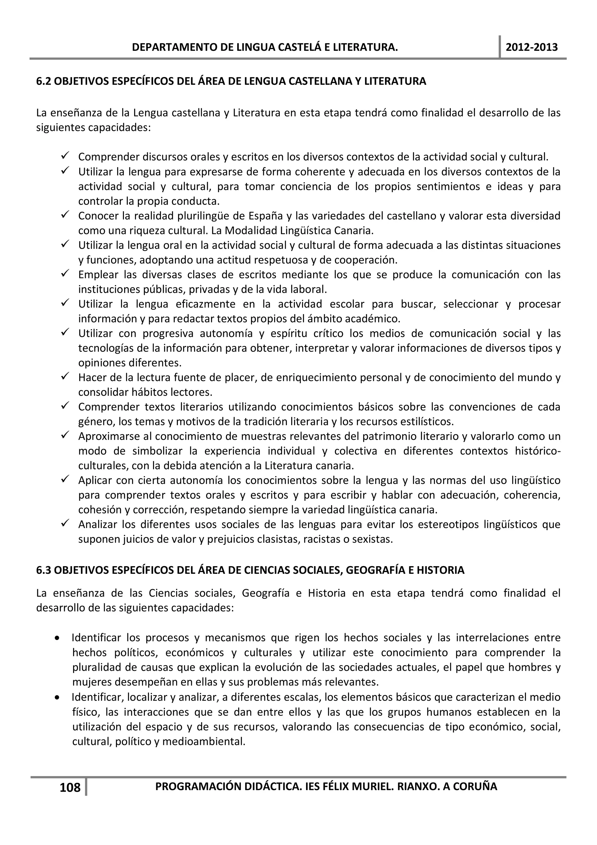 DEPARTAMENTO DE LINGUA CASTELÁ E LITERATURA.                                  2012-2013

6.2 OBJETIVOS ESPECÍFICOS DEL ÁREA DE LENGUA CASTELLANA Y LITERATURA

La enseñanza de la Lengua castellana y Literatura en esta etapa tendrá como finalidad el desarrollo de las
siguientes capacidades:

     Comprender discursos orales y escritos en los diversos contextos de la actividad social y cultural.
     Utilizar la lengua para expresarse de forma coherente y adecuada en los diversos contextos de la
      actividad social y cultural, para tomar conciencia de los propios sentimientos e ideas y para
      controlar la propia conducta.
     Conocer la realidad plurilingüe de España y las variedades del castellano y valorar esta diversidad
      como una riqueza cultural. La Modalidad Lingüística Canaria.
     Utilizar la lengua oral en la actividad social y cultural de forma adecuada a las distintas situaciones
      y funciones, adoptando una actitud respetuosa y de cooperación.
     Emplear las diversas clases de escritos mediante los que se produce la comunicación con las
      instituciones públicas, privadas y de la vida laboral.
     Utilizar la lengua eficazmente en la actividad escolar para buscar, seleccionar y procesar
      información y para redactar textos propios del ámbito académico.
     Utilizar con progresiva autonomía y espíritu crítico los medios de comunicación social y las
      tecnologías de la información para obtener, interpretar y valorar informaciones de diversos tipos y
      opiniones diferentes.
     Hacer de la lectura fuente de placer, de enriquecimiento personal y de conocimiento del mundo y
      consolidar hábitos lectores.
     Comprender textos literarios utilizando conocimientos básicos sobre las convenciones de cada
      género, los temas y motivos de la tradición literaria y los recursos estilísticos.
     Aproximarse al conocimiento de muestras relevantes del patrimonio literario y valorarlo como un
      modo de simbolizar la experiencia individual y colectiva en diferentes contextos histórico-
      culturales, con la debida atención a la Literatura canaria.
     Aplicar con cierta autonomía los conocimientos sobre la lengua y las normas del uso lingüístico
      para comprender textos orales y escritos y para escribir y hablar con adecuación, coherencia,
      cohesión y corrección, respetando siempre la variedad lingüística canaria.
     Analizar los diferentes usos sociales de las lenguas para evitar los estereotipos lingüísticos que
      suponen juicios de valor y prejuicios clasistas, racistas o sexistas.

6.3 OBJETIVOS ESPECÍFICOS DEL ÁREA DE CIENCIAS SOCIALES, GEOGRAFÍA E HISTORIA
La enseñanza de las Ciencias sociales, Geografía e Historia en esta etapa tendrá como finalidad el
desarrollo de las siguientes capacidades:

   • Identificar los procesos y mecanismos que rigen los hechos sociales y las interrelaciones entre
     hechos políticos, económicos y culturales y utilizar este conocimiento para comprender la
     pluralidad de causas que explican la evolución de las sociedades actuales, el papel que hombres y
     mujeres desempeñan en ellas y sus problemas más relevantes.
   • Identificar, localizar y analizar, a diferentes escalas, los elementos básicos que caracterizan el medio
     físico, las interacciones que se dan entre ellos y las que los grupos humanos establecen en la
     utilización del espacio y de sus recursos, valorando las consecuencias de tipo económico, social,
     cultural, político y medioambiental.


    108                 PROGRAMACIÓN DIDÁCTICA. IES FÉLIX MURIEL. RIANXO. A CORUÑA
 