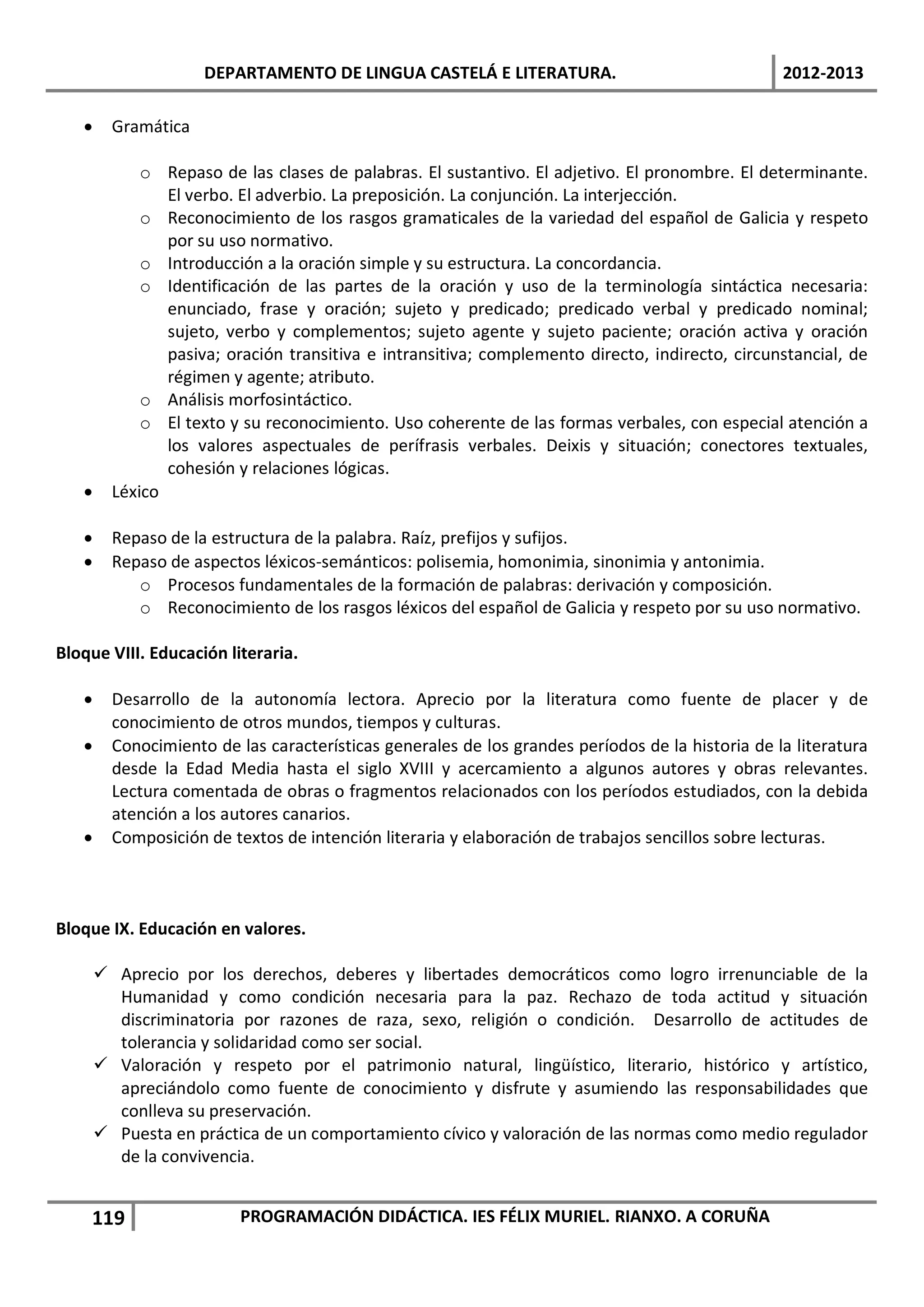 DEPARTAMENTO DE LINGUA CASTELÁ E LITERATURA.                                 2012-2013

   •     Gramática

             o Repaso de las clases de palabras. El sustantivo. El adjetivo. El pronombre. El determinante.
                El verbo. El adverbio. La preposición. La conjunción. La interjección.
             o Reconocimiento de los rasgos gramaticales de la variedad del español de Galicia y respeto
                por su uso normativo.
             o Introducción a la oración simple y su estructura. La concordancia.
             o Identificación de las partes de la oración y uso de la terminología sintáctica necesaria:
                enunciado, frase y oración; sujeto y predicado; predicado verbal y predicado nominal;
                sujeto, verbo y complementos; sujeto agente y sujeto paciente; oración activa y oración
                pasiva; oración transitiva e intransitiva; complemento directo, indirecto, circunstancial, de
                régimen y agente; atributo.
             o Análisis morfosintáctico.
             o El texto y su reconocimiento. Uso coherente de las formas verbales, con especial atención a
                los valores aspectuales de perífrasis verbales. Deixis y situación; conectores textuales,
                cohesión y relaciones lógicas.
   •     Léxico

   •     Repaso de la estructura de la palabra. Raíz, prefijos y sufijos.
   •     Repaso de aspectos léxicos-semánticos: polisemia, homonimia, sinonimia y antonimia.
            o Procesos fundamentales de la formación de palabras: derivación y composición.
            o Reconocimiento de los rasgos léxicos del español de Galicia y respeto por su uso normativo.

Bloque VIII. Educación literaria.

   •     Desarrollo de la autonomía lectora. Aprecio por la literatura como fuente de placer y de
         conocimiento de otros mundos, tiempos y culturas.
   •     Conocimiento de las características generales de los grandes períodos de la historia de la literatura
         desde la Edad Media hasta el siglo XVIII y acercamiento a algunos autores y obras relevantes.
         Lectura comentada de obras o fragmentos relacionados con los períodos estudiados, con la debida
         atención a los autores canarios.
   •     Composición de textos de intención literaria y elaboración de trabajos sencillos sobre lecturas.



Bloque IX. Educación en valores.

        Aprecio por los derechos, deberes y libertades democráticos como logro irrenunciable de la
         Humanidad y como condición necesaria para la paz. Rechazo de toda actitud y situación
         discriminatoria por razones de raza, sexo, religión o condición. Desarrollo de actitudes de
         tolerancia y solidaridad como ser social.
        Valoración y respeto por el patrimonio natural, lingüístico, literario, histórico y artístico,
         apreciándolo como fuente de conocimiento y disfrute y asumiendo las responsabilidades que
         conlleva su preservación.
        Puesta en práctica de un comportamiento cívico y valoración de las normas como medio regulador
         de la convivencia.


    119                   PROGRAMACIÓN DIDÁCTICA. IES FÉLIX MURIEL. RIANXO. A CORUÑA
 