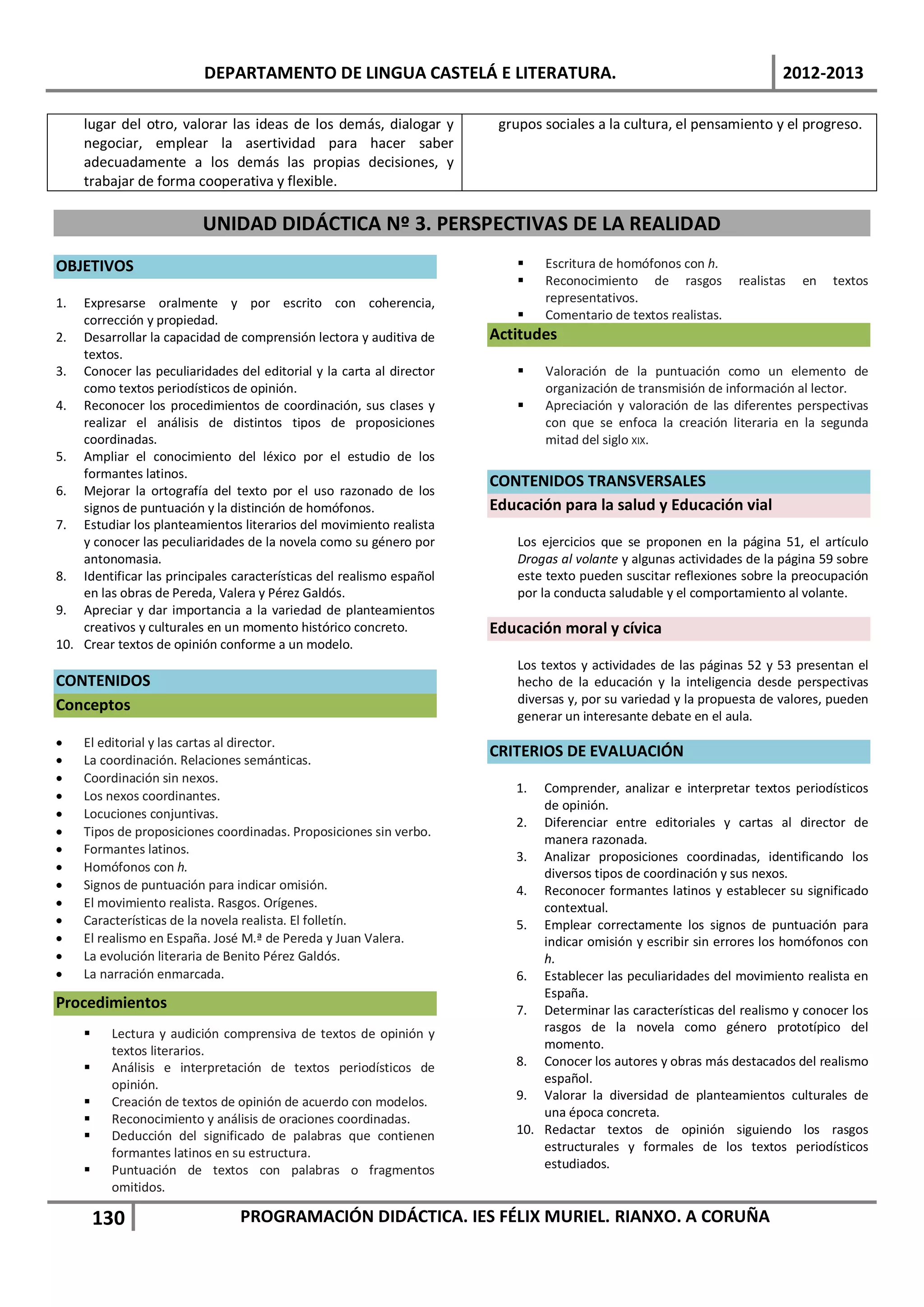 DEPARTAMENTO DE LINGUA CASTELÁ E LITERATURA.                                                  2012-2013

     lugar del otro, valorar las ideas de los demás, dialogar y        grupos sociales a la cultura, el pensamiento y el progreso.
     negociar, emplear la asertividad para hacer saber
     adecuadamente a los demás las propias decisiones, y
     trabajar de forma cooperativa y flexible.

                         UNIDAD DIDÁCTICA Nº 3. PERSPECTIVAS DE LA REALIDAD
OBJETIVOS                                                                    Escritura de homófonos con h.
                                                                             Reconocimiento de rasgos          realistas   en   textos
1.  Expresarse oralmente y por escrito con coherencia,                        representativos.
    corrección y propiedad.                                                  Comentario de textos realistas.
2. Desarrollar la capacidad de comprensión lectora y auditiva de      Actitudes
    textos.
3. Conocer las peculiaridades del editorial y la carta al director           Valoración de la puntuación como un elemento de
    como textos periodísticos de opinión.                                     organización de transmisión de información al lector.
4. Reconocer los procedimientos de coordinación, sus clases y                Apreciación y valoración de las diferentes perspectivas
    realizar el análisis de distintos tipos de proposiciones                  con que se enfoca la creación literaria en la segunda
    coordinadas.                                                              mitad del siglo XIX.
5. Ampliar el conocimiento del léxico por el estudio de los
    formantes latinos.
                                                                      CONTENIDOS TRANSVERSALES
6. Mejorar la ortografía del texto por el uso razonado de los
    signos de puntuación y la distinción de homófonos.                Educación para la salud y Educación vial
7. Estudiar los planteamientos literarios del movimiento realista
    y conocer las peculiaridades de la novela como su género por          Los ejercicios que se proponen en la página 51, el artículo
    antonomasia.                                                          Drogas al volante y algunas actividades de la página 59 sobre
8. Identificar las principales características del realismo español       este texto pueden suscitar reflexiones sobre la preocupación
    en las obras de Pereda, Valera y Pérez Galdós.                        por la conducta saludable y el comportamiento al volante.
9. Apreciar y dar importancia a la variedad de planteamientos
    creativos y culturales en un momento histórico concreto.          Educación moral y cívica
10. Crear textos de opinión conforme a un modelo.
                                                                          Los textos y actividades de las páginas 52 y 53 presentan el
CONTENIDOS                                                                hecho de la educación y la inteligencia desde perspectivas
Conceptos                                                                 diversas y, por su variedad y la propuesta de valores, pueden
                                                                          generar un interesante debate en el aula.
•    El editorial y las cartas al director.
•    La coordinación. Relaciones semánticas.
                                                                      CRITERIOS DE EVALUACIÓN
•    Coordinación sin nexos.
                                                                         1.  Comprender, analizar e interpretar textos periodísticos
•    Los nexos coordinantes.
                                                                             de opinión.
•    Locuciones conjuntivas.
                                                                         2. Diferenciar entre editoriales y cartas al director de
•    Tipos de proposiciones coordinadas. Proposiciones sin verbo.
                                                                             manera razonada.
•    Formantes latinos.
                                                                         3. Analizar proposiciones coordinadas, identificando los
•    Homófonos con h.                                                        diversos tipos de coordinación y sus nexos.
•    Signos de puntuación para indicar omisión.                          4. Reconocer formantes latinos y establecer su significado
•    El movimiento realista. Rasgos. Orígenes.                               contextual.
•    Características de la novela realista. El folletín.                 5. Emplear correctamente los signos de puntuación para
•    El realismo en España. José M.ª de Pereda y Juan Valera.                indicar omisión y escribir sin errores los homófonos con
•    La evolución literaria de Benito Pérez Galdós.                          h.
•    La narración enmarcada.                                             6. Establecer las peculiaridades del movimiento realista en
                                                                             España.
Procedimientos                                                           7. Determinar las características del realismo y conocer los
         Lectura y audición comprensiva de textos de opinión y              rasgos de la novela como género prototípico del
          textos literarios.                                                 momento.
         Análisis e interpretación de textos periodísticos de           8. Conocer los autores y obras más destacados del realismo
          opinión.                                                           español.
         Creación de textos de opinión de acuerdo con modelos.          9. Valorar la diversidad de planteamientos culturales de
         Reconocimiento y análisis de oraciones coordinadas.                una época concreta.
         Deducción del significado de palabras que contienen            10. Redactar textos de opinión siguiendo los rasgos
          formantes latinos en su estructura.                                estructurales y formales de los textos periodísticos
         Puntuación de textos con palabras o fragmentos                     estudiados.
          omitidos.

         130                    PROGRAMACIÓN DIDÁCTICA. IES FÉLIX MURIEL. RIANXO. A CORUÑA
 