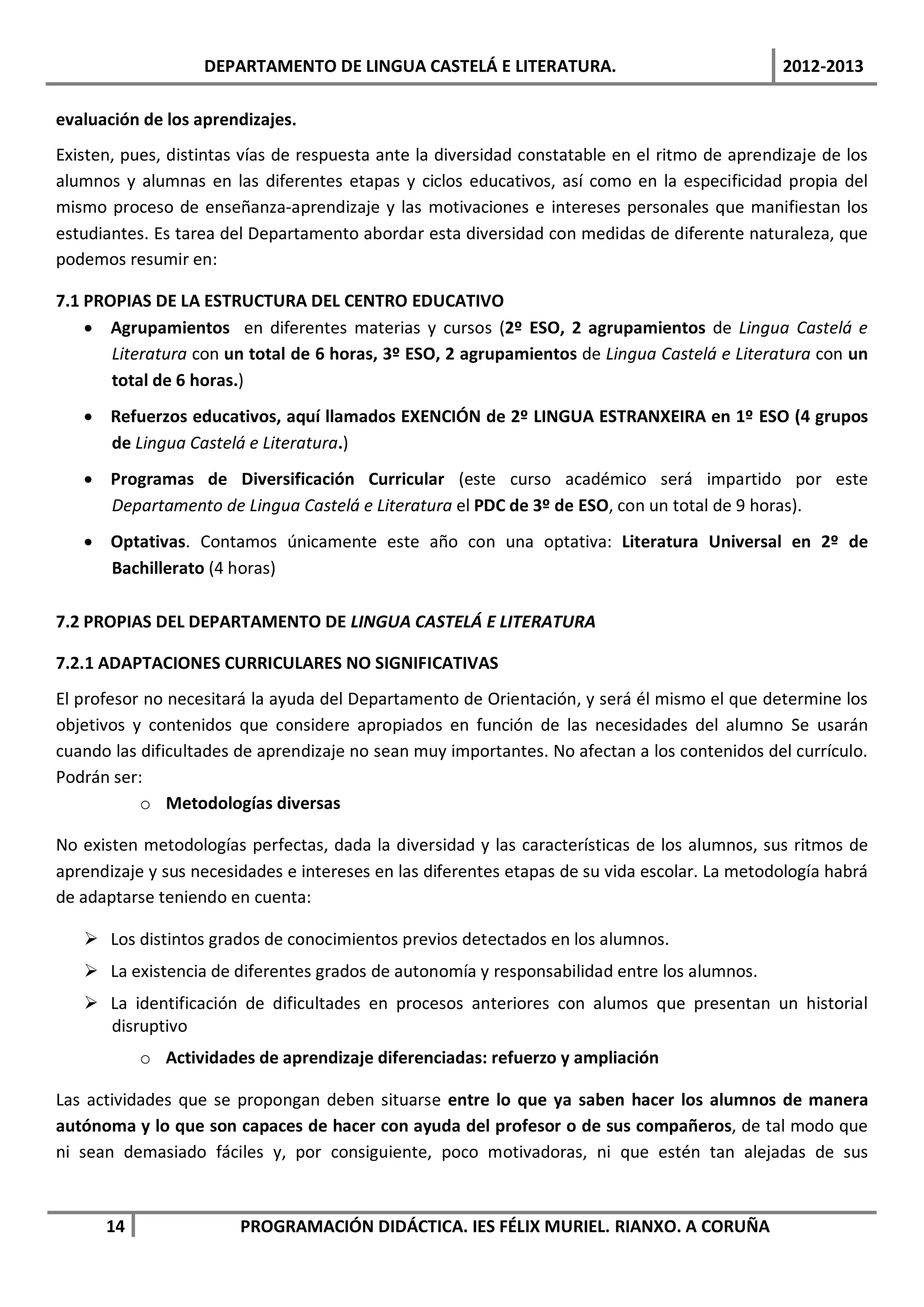 DEPARTAMENTO DE LINGUA CASTELÁ E LITERATURA.                                2012-2013

evaluación de los aprendizajes.
Existen, pues, distintas vías de respuesta ante la diversidad constatable en el ritmo de aprendizaje de los
alumnos y alumnas en las diferentes etapas y ciclos educativos, así como en la especificidad propia del
mismo proceso de enseñanza-aprendizaje y las motivaciones e intereses personales que manifiestan los
estudiantes. Es tarea del Departamento abordar esta diversidad con medidas de diferente naturaleza, que
podemos resumir en:

7.1 PROPIAS DE LA ESTRUCTURA DEL CENTRO EDUCATIVO
    • Agrupamientos en diferentes materias y cursos (2º ESO, 2 agrupamientos de Lingua Castelá e
       Literatura con un total de 6 horas, 3º ESO, 2 agrupamientos de Lingua Castelá e Literatura con un
       total de 6 horas.)
   • Refuerzos educativos, aquí llamados EXENCIÓN de 2º LINGUA ESTRANXEIRA en 1º ESO (4 grupos
     de Lingua Castelá e Literatura.)
   • Programas de Diversificación Curricular (este curso académico será impartido por este
     Departamento de Lingua Castelá e Literatura el PDC de 3º de ESO, con un total de 9 horas).
   • Optativas. Contamos únicamente este año con una optativa: Literatura Universal en 2º de
     Bachillerato (4 horas)

7.2 PROPIAS DEL DEPARTAMENTO DE LINGUA CASTELÁ E LITERATURA

7.2.1 ADAPTACIONES CURRICULARES NO SIGNIFICATIVAS
El profesor no necesitará la ayuda del Departamento de Orientación, y será él mismo el que determine los
objetivos y contenidos que considere apropiados en función de las necesidades del alumno Se usarán
cuando las dificultades de aprendizaje no sean muy importantes. No afectan a los contenidos del currículo.
Podrán ser:
           o Metodologías diversas

No existen metodologías perfectas, dada la diversidad y las características de los alumnos, sus ritmos de
aprendizaje y sus necesidades e intereses en las diferentes etapas de su vida escolar. La metodología habrá
de adaptarse teniendo en cuenta:

    Los distintos grados de conocimientos previos detectados en los alumnos.
    La existencia de diferentes grados de autonomía y responsabilidad entre los alumnos.
    La identificación de dificultades en procesos anteriores con alumos que presentan un historial
     disruptivo
           o Actividades de aprendizaje diferenciadas: refuerzo y ampliación

Las actividades que se propongan deben situarse entre lo que ya saben hacer los alumnos de manera
autónoma y lo que son capaces de hacer con ayuda del profesor o de sus compañeros, de tal modo que
ni sean demasiado fáciles y, por consiguiente, poco motivadoras, ni que estén tan alejadas de sus



      14                PROGRAMACIÓN DIDÁCTICA. IES FÉLIX MURIEL. RIANXO. A CORUÑA
 