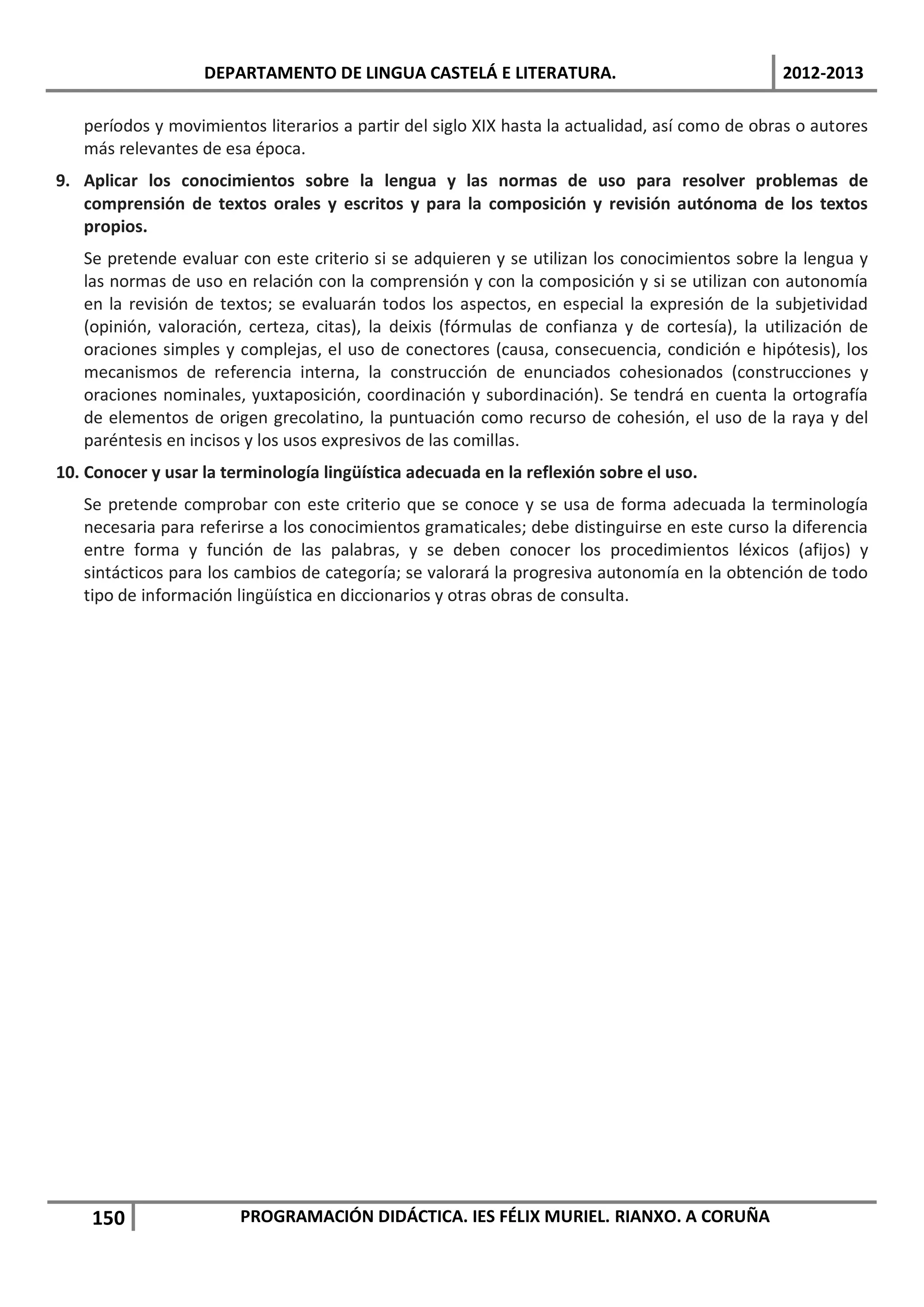 DEPARTAMENTO DE LINGUA CASTELÁ E LITERATURA.                                 2012-2013

   períodos y movimientos literarios a partir del siglo XIX hasta la actualidad, así como de obras o autores
   más relevantes de esa época.
9. Aplicar los conocimientos sobre la lengua y las normas de uso para resolver problemas de
   comprensión de textos orales y escritos y para la composición y revisión autónoma de los textos
   propios.
   Se pretende evaluar con este criterio si se adquieren y se utilizan los conocimientos sobre la lengua y
   las normas de uso en relación con la comprensión y con la composición y si se utilizan con autonomía
   en la revisión de textos; se evaluarán todos los aspectos, en especial la expresión de la subjetividad
   (opinión, valoración, certeza, citas), la deixis (fórmulas de confianza y de cortesía), la utilización de
   oraciones simples y complejas, el uso de conectores (causa, consecuencia, condición e hipótesis), los
   mecanismos de referencia interna, la construcción de enunciados cohesionados (construcciones y
   oraciones nominales, yuxtaposición, coordinación y subordinación). Se tendrá en cuenta la ortografía
   de elementos de origen grecolatino, la puntuación como recurso de cohesión, el uso de la raya y del
   paréntesis en incisos y los usos expresivos de las comillas.
10. Conocer y usar la terminología lingüística adecuada en la reflexión sobre el uso.
   Se pretende comprobar con este criterio que se conoce y se usa de forma adecuada la terminología
   necesaria para referirse a los conocimientos gramaticales; debe distinguirse en este curso la diferencia
   entre forma y función de las palabras, y se deben conocer los procedimientos léxicos (afijos) y
   sintácticos para los cambios de categoría; se valorará la progresiva autonomía en la obtención de todo
   tipo de información lingüística en diccionarios y otras obras de consulta.




    150                 PROGRAMACIÓN DIDÁCTICA. IES FÉLIX MURIEL. RIANXO. A CORUÑA
 