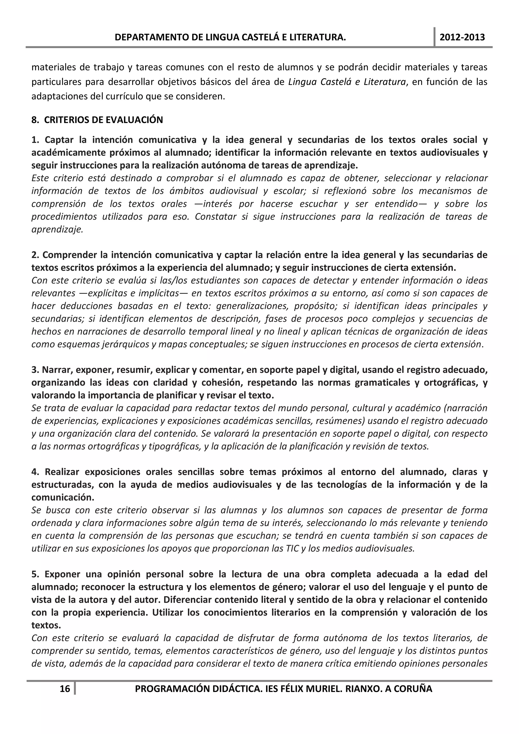 DEPARTAMENTO DE LINGUA CASTELÁ E LITERATURA.                                 2012-2013

materiales de trabajo y tareas comunes con el resto de alumnos y se podrán decidir materiales y tareas
particulares para desarrollar objetivos básicos del área de Lingua Castelá e Literatura, en función de las
adaptaciones del currículo que se consideren.

8. CRITERIOS DE EVALUACIÓN
1. Captar la intención comunicativa y la idea general y secundarias de los textos orales social y
académicamente próximos al alumnado; identificar la información relevante en textos audiovisuales y
seguir instrucciones para la realización autónoma de tareas de aprendizaje.
Este criterio está destinado a comprobar si el alumnado es capaz de obtener, seleccionar y relacionar
información de textos de los ámbitos audiovisual y escolar; si reflexionó sobre los mecanismos de
comprensión de los textos orales —interés por hacerse escuchar y ser entendido— y sobre los
procedimientos utilizados para eso. Constatar si sigue instrucciones para la realización de tareas de
aprendizaje.

2. Comprender la intención comunicativa y captar la relación entre la idea general y las secundarias de
textos escritos próximos a la experiencia del alumnado; y seguir instrucciones de cierta extensión.
Con este criterio se evalúa si las/los estudiantes son capaces de detectar y entender información o ideas
relevantes —explícitas e implícitas— en textos escritos próximos a su entorno, así como si son capaces de
hacer deducciones basadas en el texto: generalizaciones, propósito; si identifican ideas principales y
secundarias; si identifican elementos de descripción, fases de procesos poco complejos y secuencias de
hechos en narraciones de desarrollo temporal lineal y no lineal y aplican técnicas de organización de ideas
como esquemas jerárquicos y mapas conceptuales; se siguen instrucciones en procesos de cierta extensión.

3. Narrar, exponer, resumir, explicar y comentar, en soporte papel y digital, usando el registro adecuado,
organizando las ideas con claridad y cohesión, respetando las normas gramaticales y ortográficas, y
valorando la importancia de planificar y revisar el texto.
Se trata de evaluar la capacidad para redactar textos del mundo personal, cultural y académico (narración
de experiencias, explicaciones y exposiciones académicas sencillas, resúmenes) usando el registro adecuado
y una organización clara del contenido. Se valorará la presentación en soporte papel o digital, con respecto
a las normas ortográficas y tipográficas, y la aplicación de la planificación y revisión de textos.

4. Realizar exposiciones orales sencillas sobre temas próximos al entorno del alumnado, claras y
estructuradas, con la ayuda de medios audiovisuales y de las tecnologías de la información y de la
comunicación.
Se busca con este criterio observar si las alumnas y los alumnos son capaces de presentar de forma
ordenada y clara informaciones sobre algún tema de su interés, seleccionando lo más relevante y teniendo
en cuenta la comprensión de las personas que escuchan; se tendrá en cuenta también si son capaces de
utilizar en sus exposiciones los apoyos que proporcionan las TIC y los medios audiovisuales.

5. Exponer una opinión personal sobre la lectura de una obra completa adecuada a la edad del
alumnado; reconocer la estructura y los elementos de género; valorar el uso del lenguaje y el punto de
vista de la autora y del autor. Diferenciar contenido literal y sentido de la obra y relacionar el contenido
con la propia experiencia. Utilizar los conocimientos literarios en la comprensión y valoración de los
textos.
Con este criterio se evaluará la capacidad de disfrutar de forma autónoma de los textos literarios, de
comprender su sentido, temas, elementos característicos de género, uso del lenguaje y los distintos puntos
de vista, además de la capacidad para considerar el texto de manera crítica emitiendo opiniones personales

      16                PROGRAMACIÓN DIDÁCTICA. IES FÉLIX MURIEL. RIANXO. A CORUÑA
 