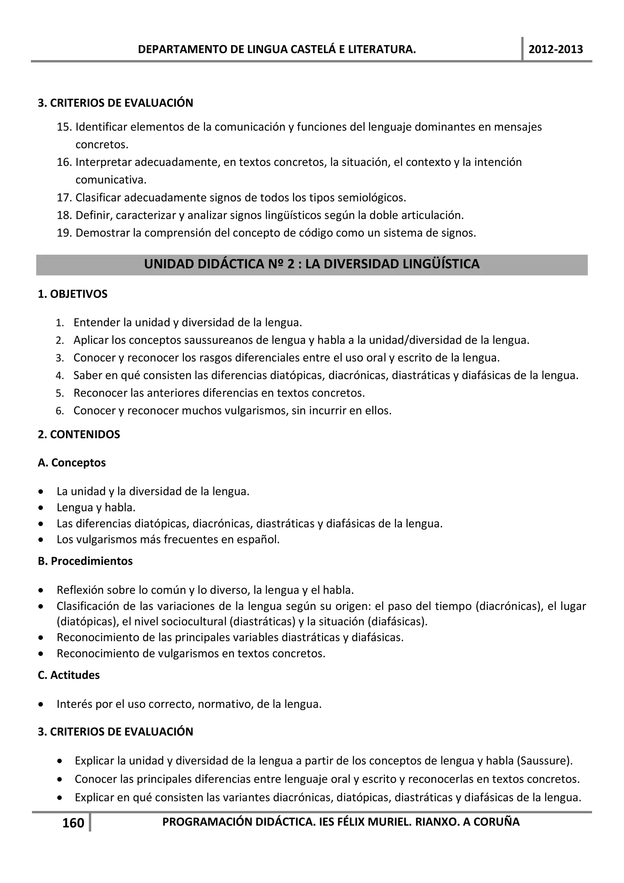 DEPARTAMENTO DE LINGUA CASTELÁ E LITERATURA.                                   2012-2013



3. CRITERIOS DE EVALUACIÓN
    15. Identificar elementos de la comunicación y funciones del lenguaje dominantes en mensajes
        concretos.
    16. Interpretar adecuadamente, en textos concretos, la situación, el contexto y la intención
        comunicativa.
    17. Clasificar adecuadamente signos de todos los tipos semiológicos.
    18. Definir, caracterizar y analizar signos lingüísticos según la doble articulación.
    19. Demostrar la comprensión del concepto de código como un sistema de signos.

                      UNIDAD DIDÁCTICA Nº 2 : LA DIVERSIDAD LINGÜÍSTICA

1. OBJETIVOS

    1. Entender la unidad y diversidad de la lengua.
    2. Aplicar los conceptos saussureanos de lengua y habla a la unidad/diversidad de la lengua.
    3. Conocer y reconocer los rasgos diferenciales entre el uso oral y escrito de la lengua.
    4. Saber en qué consisten las diferencias diatópicas, diacrónicas, diastráticas y diafásicas de la lengua.
    5. Reconocer las anteriores diferencias en textos concretos.
    6. Conocer y reconocer muchos vulgarismos, sin incurrir en ellos.

2. CONTENIDOS

A. Conceptos

•   La unidad y la diversidad de la lengua.
•   Lengua y habla.
•   Las diferencias diatópicas, diacrónicas, diastráticas y diafásicas de la lengua.
•   Los vulgarismos más frecuentes en español.
B. Procedimientos

•   Reflexión sobre lo común y lo diverso, la lengua y el habla.
•   Clasificación de las variaciones de la lengua según su origen: el paso del tiempo (diacrónicas), el lugar
    (diatópicas), el nivel sociocultural (diastráticas) y la situación (diafásicas).
•   Reconocimiento de las principales variables diastráticas y diafásicas.
•   Reconocimiento de vulgarismos en textos concretos.
C. Actitudes

•   Interés por el uso correcto, normativo, de la lengua.

3. CRITERIOS DE EVALUACIÓN

    • Explicar la unidad y diversidad de la lengua a partir de los conceptos de lengua y habla (Saussure).
    • Conocer las principales diferencias entre lenguaje oral y escrito y reconocerlas en textos concretos.
    • Explicar en qué consisten las variantes diacrónicas, diatópicas, diastráticas y diafásicas de la lengua.

     160                 PROGRAMACIÓN DIDÁCTICA. IES FÉLIX MURIEL. RIANXO. A CORUÑA
 