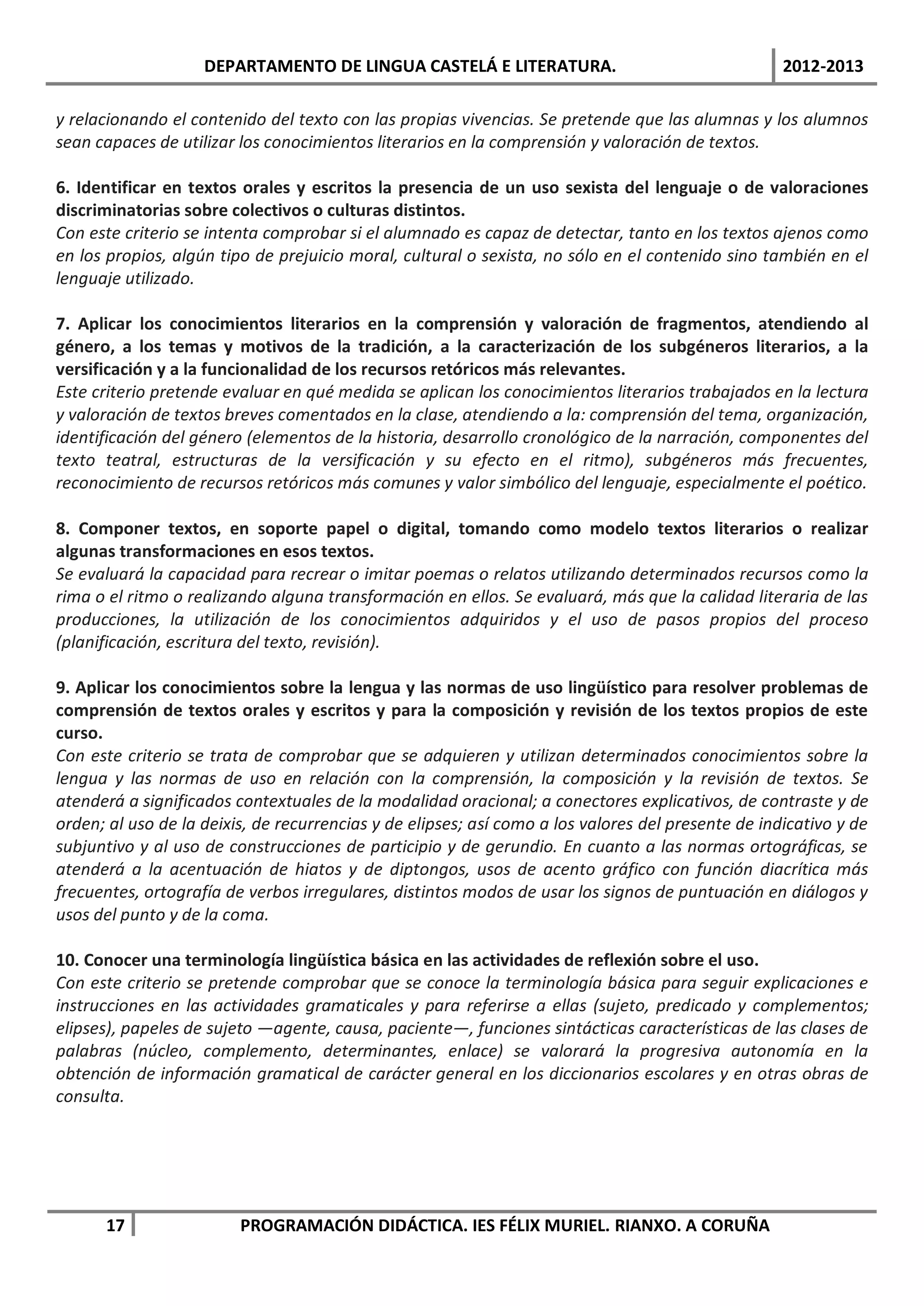 DEPARTAMENTO DE LINGUA CASTELÁ E LITERATURA.                                    2012-2013

y relacionando el contenido del texto con las propias vivencias. Se pretende que las alumnas y los alumnos
sean capaces de utilizar los conocimientos literarios en la comprensión y valoración de textos.

6. Identificar en textos orales y escritos la presencia de un uso sexista del lenguaje o de valoraciones
discriminatorias sobre colectivos o culturas distintos.
Con este criterio se intenta comprobar si el alumnado es capaz de detectar, tanto en los textos ajenos como
en los propios, algún tipo de prejuicio moral, cultural o sexista, no sólo en el contenido sino también en el
lenguaje utilizado.

7. Aplicar los conocimientos literarios en la comprensión y valoración de fragmentos, atendiendo al
género, a los temas y motivos de la tradición, a la caracterización de los subgéneros literarios, a la
versificación y a la funcionalidad de los recursos retóricos más relevantes.
Este criterio pretende evaluar en qué medida se aplican los conocimientos literarios trabajados en la lectura
y valoración de textos breves comentados en la clase, atendiendo a la: comprensión del tema, organización,
identificación del género (elementos de la historia, desarrollo cronológico de la narración, componentes del
texto teatral, estructuras de la versificación y su efecto en el ritmo), subgéneros más frecuentes,
reconocimiento de recursos retóricos más comunes y valor simbólico del lenguaje, especialmente el poético.

8. Componer textos, en soporte papel o digital, tomando como modelo textos literarios o realizar
algunas transformaciones en esos textos.
Se evaluará la capacidad para recrear o imitar poemas o relatos utilizando determinados recursos como la
rima o el ritmo o realizando alguna transformación en ellos. Se evaluará, más que la calidad literaria de las
producciones, la utilización de los conocimientos adquiridos y el uso de pasos propios del proceso
(planificación, escritura del texto, revisión).

9. Aplicar los conocimientos sobre la lengua y las normas de uso lingüístico para resolver problemas de
comprensión de textos orales y escritos y para la composición y revisión de los textos propios de este
curso.
Con este criterio se trata de comprobar que se adquieren y utilizan determinados conocimientos sobre la
lengua y las normas de uso en relación con la comprensión, la composición y la revisión de textos. Se
atenderá a significados contextuales de la modalidad oracional; a conectores explicativos, de contraste y de
orden; al uso de la deixis, de recurrencias y de elipses; así como a los valores del presente de indicativo y de
subjuntivo y al uso de construcciones de participio y de gerundio. En cuanto a las normas ortográficas, se
atenderá a la acentuación de hiatos y de diptongos, usos de acento gráfico con función diacrítica más
frecuentes, ortografía de verbos irregulares, distintos modos de usar los signos de puntuación en diálogos y
usos del punto y de la coma.

10. Conocer una terminología lingüística básica en las actividades de reflexión sobre el uso.
Con este criterio se pretende comprobar que se conoce la terminología básica para seguir explicaciones e
instrucciones en las actividades gramaticales y para referirse a ellas (sujeto, predicado y complementos;
elipses), papeles de sujeto —agente, causa, paciente—, funciones sintácticas características de las clases de
palabras (núcleo, complemento, determinantes, enlace) se valorará la progresiva autonomía en la
obtención de información gramatical de carácter general en los diccionarios escolares y en otras obras de
consulta.




      17                 PROGRAMACIÓN DIDÁCTICA. IES FÉLIX MURIEL. RIANXO. A CORUÑA
 