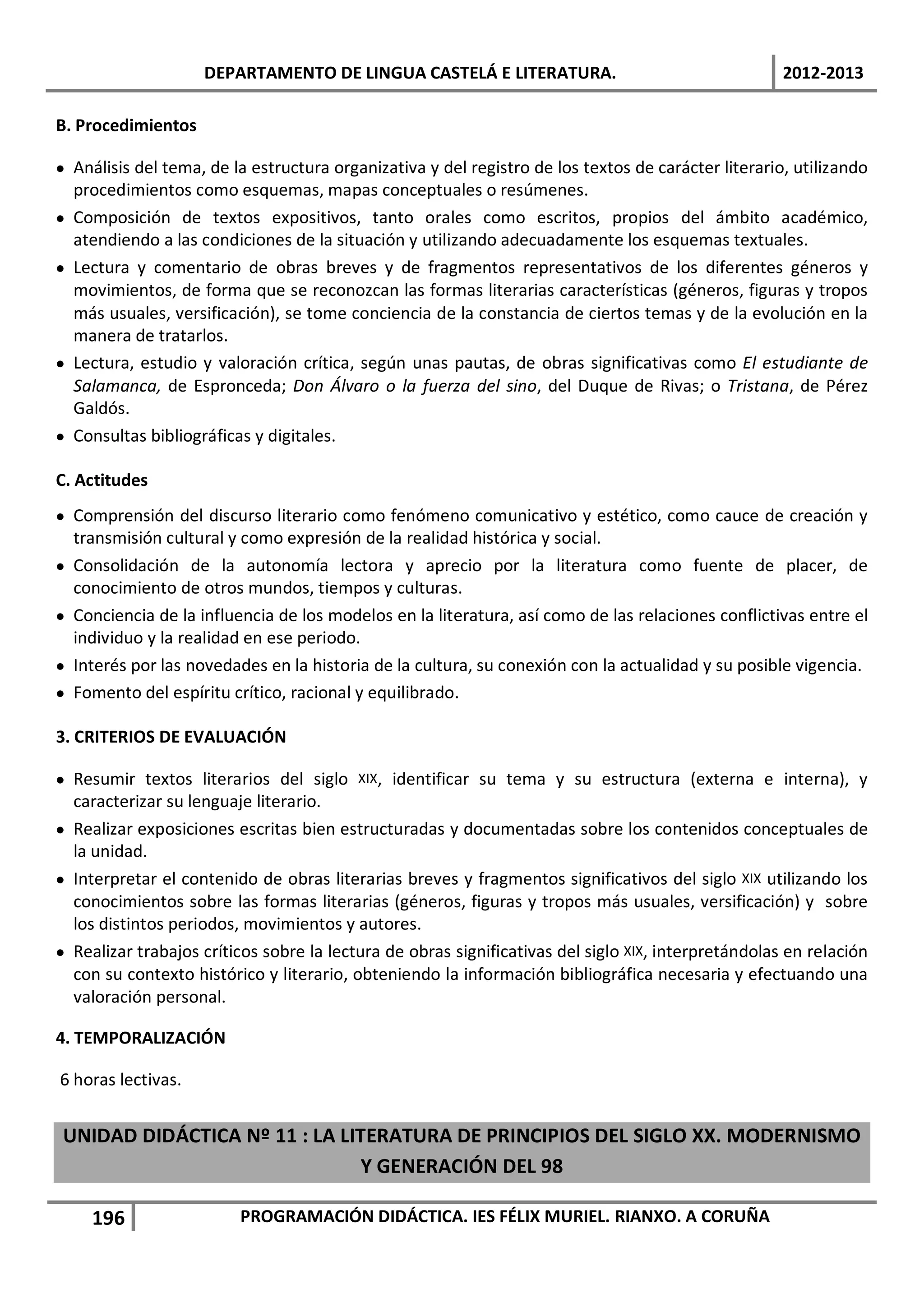 DEPARTAMENTO DE LINGUA CASTELÁ E LITERATURA.                                     2012-2013

B. Procedimientos

• Análisis del tema, de la estructura organizativa y del registro de los textos de carácter literario, utilizando
  procedimientos como esquemas, mapas conceptuales o resúmenes.
• Composición de textos expositivos, tanto orales como escritos, propios del ámbito académico,
  atendiendo a las condiciones de la situación y utilizando adecuadamente los esquemas textuales.
• Lectura y comentario de obras breves y de fragmentos representativos de los diferentes géneros y
  movimientos, de forma que se reconozcan las formas literarias características (géneros, figuras y tropos
  más usuales, versificación), se tome conciencia de la constancia de ciertos temas y de la evolución en la
  manera de tratarlos.
• Lectura, estudio y valoración crítica, según unas pautas, de obras significativas como El estudiante de
  Salamanca, de Espronceda; Don Álvaro o la fuerza del sino, del Duque de Rivas; o Tristana, de Pérez
  Galdós.
• Consultas bibliográficas y digitales.

C. Actitudes
• Comprensión del discurso literario como fenómeno comunicativo y estético, como cauce de creación y
  transmisión cultural y como expresión de la realidad histórica y social.
• Consolidación de la autonomía lectora y aprecio por la literatura como fuente de placer, de
  conocimiento de otros mundos, tiempos y culturas.
• Conciencia de la influencia de los modelos en la literatura, así como de las relaciones conflictivas entre el
  individuo y la realidad en ese periodo.
• Interés por las novedades en la historia de la cultura, su conexión con la actualidad y su posible vigencia.
• Fomento del espíritu crítico, racional y equilibrado.

3. CRITERIOS DE EVALUACIÓN

• Resumir textos literarios del siglo XIX, identificar su tema y su estructura (externa e interna), y
  caracterizar su lenguaje literario.
• Realizar exposiciones escritas bien estructuradas y documentadas sobre los contenidos conceptuales de
  la unidad.
• Interpretar el contenido de obras literarias breves y fragmentos significativos del siglo XIX utilizando los
  conocimientos sobre las formas literarias (géneros, figuras y tropos más usuales, versificación) y sobre
  los distintos periodos, movimientos y autores.
• Realizar trabajos críticos sobre la lectura de obras significativas del siglo XIX, interpretándolas en relación
  con su contexto histórico y literario, obteniendo la información bibliográfica necesaria y efectuando una
  valoración personal.

4. TEMPORALIZACIÓN

6 horas lectivas.


UNIDAD DIDÁCTICA Nº 11 : LA LITERATURA DE PRINCIPIOS DEL SIGLO XX. MODERNISMO
                               Y GENERACIÓN DEL 98

     196                 PROGRAMACIÓN DIDÁCTICA. IES FÉLIX MURIEL. RIANXO. A CORUÑA
 