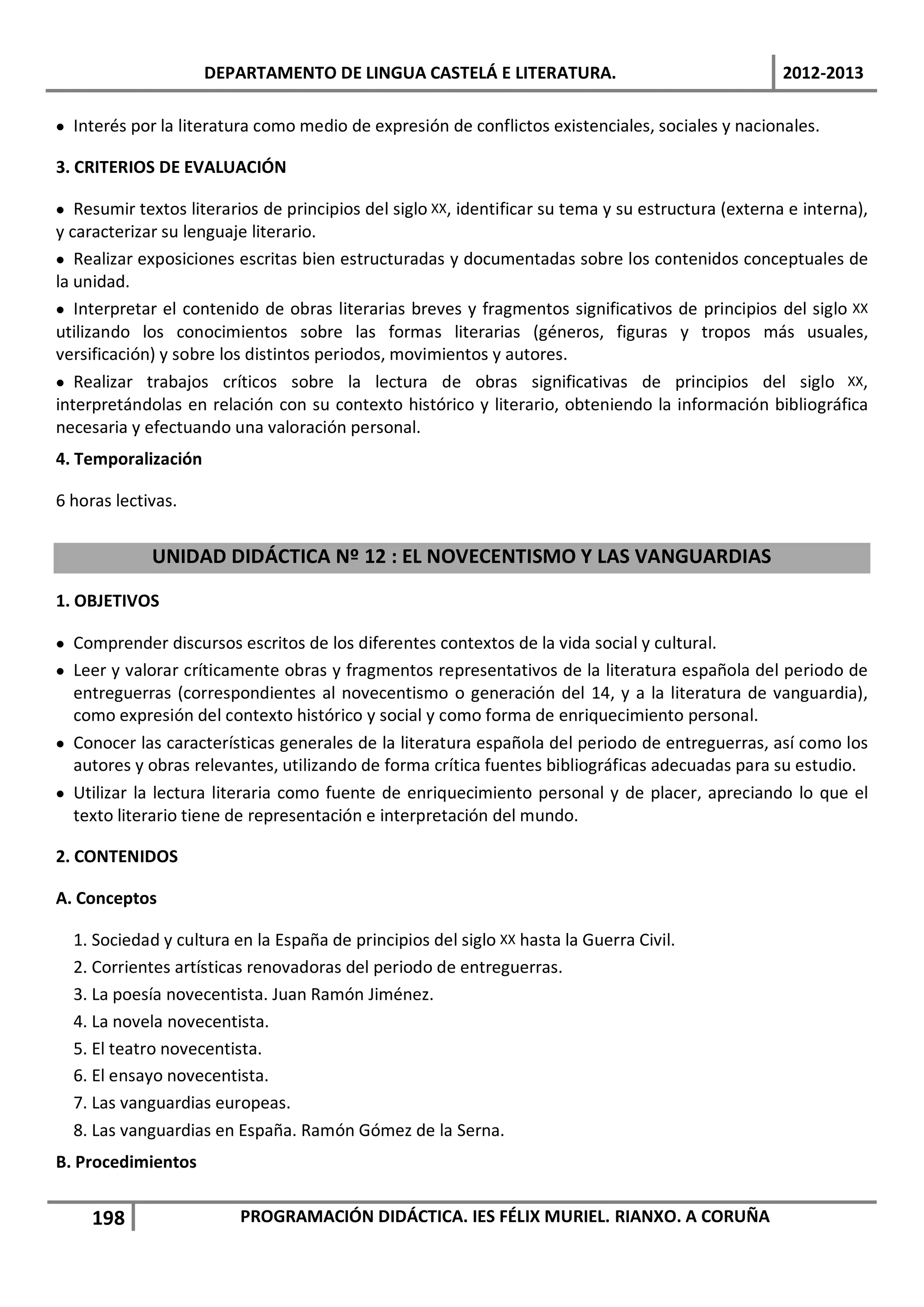 DEPARTAMENTO DE LINGUA CASTELÁ E LITERATURA.                                   2012-2013

• Interés por la literatura como medio de expresión de conflictos existenciales, sociales y nacionales.

3. CRITERIOS DE EVALUACIÓN

• Resumir textos literarios de principios del siglo XX, identificar su tema y su estructura (externa e interna),
y caracterizar su lenguaje literario.
• Realizar exposiciones escritas bien estructuradas y documentadas sobre los contenidos conceptuales de
la unidad.
• Interpretar el contenido de obras literarias breves y fragmentos significativos de principios del siglo XX
utilizando los conocimientos sobre las formas literarias (géneros, figuras y tropos más usuales,
versificación) y sobre los distintos periodos, movimientos y autores.
• Realizar trabajos críticos sobre la lectura de obras significativas de principios del siglo XX,
interpretándolas en relación con su contexto histórico y literario, obteniendo la información bibliográfica
necesaria y efectuando una valoración personal.
4. Temporalización

6 horas lectivas.


             UNIDAD DIDÁCTICA Nº 12 : EL NOVECENTISMO Y LAS VANGUARDIAS

1. OBJETIVOS

• Comprender discursos escritos de los diferentes contextos de la vida social y cultural.
• Leer y valorar críticamente obras y fragmentos representativos de la literatura española del periodo de
  entreguerras (correspondientes al novecentismo o generación del 14, y a la literatura de vanguardia),
  como expresión del contexto histórico y social y como forma de enriquecimiento personal.
• Conocer las características generales de la literatura española del periodo de entreguerras, así como los
  autores y obras relevantes, utilizando de forma crítica fuentes bibliográficas adecuadas para su estudio.
• Utilizar la lectura literaria como fuente de enriquecimiento personal y de placer, apreciando lo que el
  texto literario tiene de representación e interpretación del mundo.

2. CONTENIDOS

A. Conceptos

  1. Sociedad y cultura en la España de principios del siglo XX hasta la Guerra Civil.
  2. Corrientes artísticas renovadoras del periodo de entreguerras.
  3. La poesía novecentista. Juan Ramón Jiménez.
  4. La novela novecentista.
  5. El teatro novecentista.
  6. El ensayo novecentista.
  7. Las vanguardias europeas.
  8. Las vanguardias en España. Ramón Gómez de la Serna.
B. Procedimientos


     198                 PROGRAMACIÓN DIDÁCTICA. IES FÉLIX MURIEL. RIANXO. A CORUÑA
 