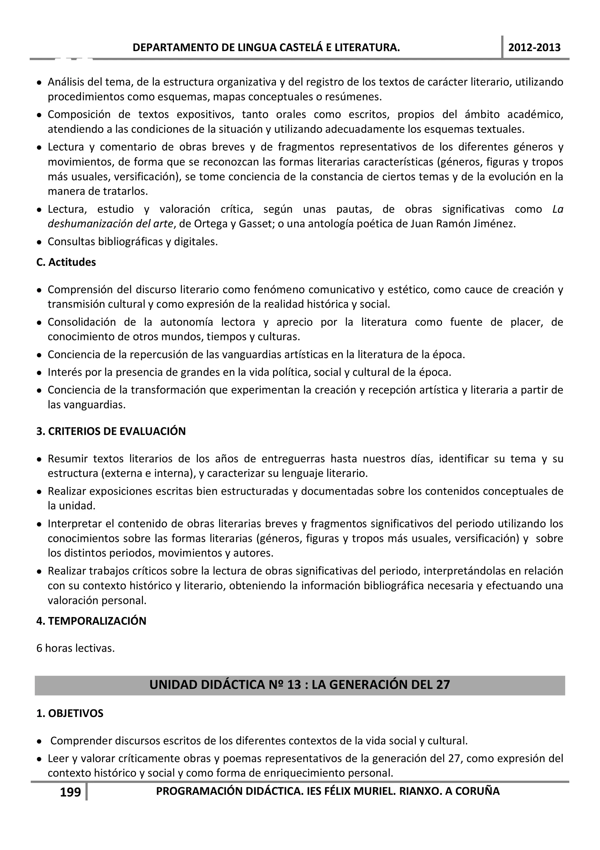 11               DEPARTAMENTO DE LINGUA CASTELÁ E LITERATURA.                                     2012-2013

• Análisis del tema, de la estructura organizativa y del registro de los textos de carácter literario, utilizando
  procedimientos como esquemas, mapas conceptuales o resúmenes.
• Composición de textos expositivos, tanto orales como escritos, propios del ámbito académico,
  atendiendo a las condiciones de la situación y utilizando adecuadamente los esquemas textuales.
• Lectura y comentario de obras breves y de fragmentos representativos de los diferentes géneros y
  movimientos, de forma que se reconozcan las formas literarias características (géneros, figuras y tropos
  más usuales, versificación), se tome conciencia de la constancia de ciertos temas y de la evolución en la
  manera de tratarlos.
• Lectura, estudio y valoración crítica, según unas pautas, de obras significativas como La
  deshumanización del arte, de Ortega y Gasset; o una antología poética de Juan Ramón Jiménez.
• Consultas bibliográficas y digitales.
C. Actitudes

• Comprensión del discurso literario como fenómeno comunicativo y estético, como cauce de creación y
  transmisión cultural y como expresión de la realidad histórica y social.
• Consolidación de la autonomía lectora y aprecio por la literatura como fuente de placer, de
  conocimiento de otros mundos, tiempos y culturas.
• Conciencia de la repercusión de las vanguardias artísticas en la literatura de la época.
• Interés por la presencia de grandes en la vida política, social y cultural de la época.
• Conciencia de la transformación que experimentan la creación y recepción artística y literaria a partir de
  las vanguardias.

3. CRITERIOS DE EVALUACIÓN

• Resumir textos literarios de los años de entreguerras hasta nuestros días, identificar su tema y su
  estructura (externa e interna), y caracterizar su lenguaje literario.
• Realizar exposiciones escritas bien estructuradas y documentadas sobre los contenidos conceptuales de
  la unidad.
• Interpretar el contenido de obras literarias breves y fragmentos significativos del periodo utilizando los
  conocimientos sobre las formas literarias (géneros, figuras y tropos más usuales, versificación) y sobre
  los distintos periodos, movimientos y autores.
• Realizar trabajos críticos sobre la lectura de obras significativas del periodo, interpretándolas en relación
  con su contexto histórico y literario, obteniendo la información bibliográfica necesaria y efectuando una
  valoración personal.
4. TEMPORALIZACIÓN

6 horas lectivas.


                        UNIDAD DIDÁCTICA Nº 13 : LA GENERACIÓN DEL 27

1. OBJETIVOS

• Comprender discursos escritos de los diferentes contextos de la vida social y cultural.
• Leer y valorar críticamente obras y poemas representativos de la generación del 27, como expresión del
  contexto histórico y social y como forma de enriquecimiento personal.
    199                  PROGRAMACIÓN DIDÁCTICA. IES FÉLIX MURIEL. RIANXO. A CORUÑA
 