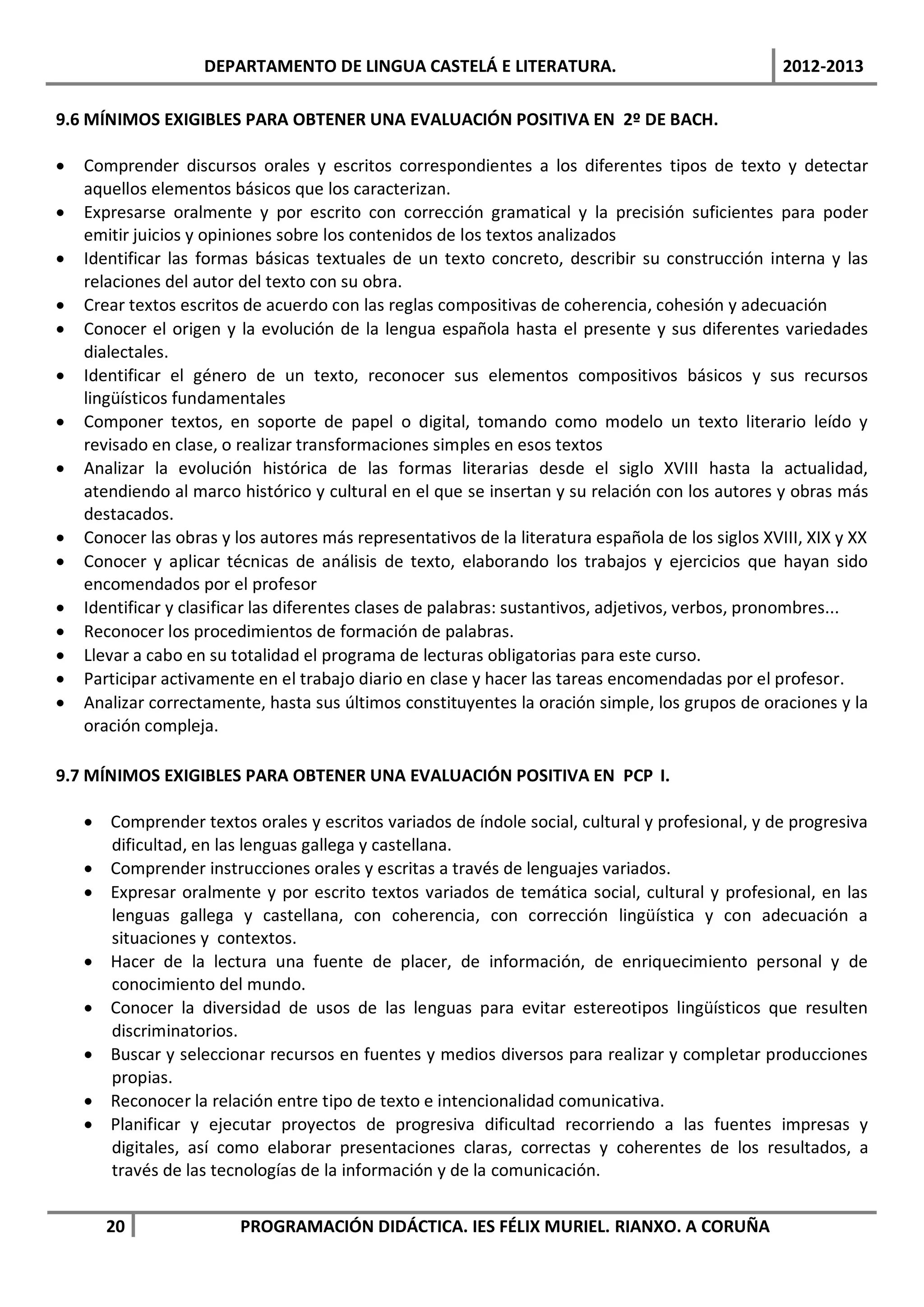 DEPARTAMENTO DE LINGUA CASTELÁ E LITERATURA.                                   2012-2013

9.6 MÍNIMOS EXIGIBLES PARA OBTENER UNA EVALUACIÓN POSITIVA EN 2º DE BACH.

•   Comprender discursos orales y escritos correspondientes a los diferentes tipos de texto y detectar
    aquellos elementos básicos que los caracterizan.
•   Expresarse oralmente y por escrito con corrección gramatical y la precisión suficientes para poder
    emitir juicios y opiniones sobre los contenidos de los textos analizados
•   Identificar las formas básicas textuales de un texto concreto, describir su construcción interna y las
    relaciones del autor del texto con su obra.
•   Crear textos escritos de acuerdo con las reglas compositivas de coherencia, cohesión y adecuación
•   Conocer el origen y la evolución de la lengua española hasta el presente y sus diferentes variedades
    dialectales.
•   Identificar el género de un texto, reconocer sus elementos compositivos básicos y sus recursos
    lingüísticos fundamentales
•   Componer textos, en soporte de papel o digital, tomando como modelo un texto literario leído y
    revisado en clase, o realizar transformaciones simples en esos textos
•   Analizar la evolución histórica de las formas literarias desde el siglo XVIII hasta la actualidad,
    atendiendo al marco histórico y cultural en el que se insertan y su relación con los autores y obras más
    destacados.
•   Conocer las obras y los autores más representativos de la literatura española de los siglos XVIII, XIX y XX
•   Conocer y aplicar técnicas de análisis de texto, elaborando los trabajos y ejercicios que hayan sido
    encomendados por el profesor
•   Identificar y clasificar las diferentes clases de palabras: sustantivos, adjetivos, verbos, pronombres...
•   Reconocer los procedimientos de formación de palabras.
•   Llevar a cabo en su totalidad el programa de lecturas obligatorias para este curso.
•   Participar activamente en el trabajo diario en clase y hacer las tareas encomendadas por el profesor.
•   Analizar correctamente, hasta sus últimos constituyentes la oración simple, los grupos de oraciones y la
    oración compleja.

9.7 MÍNIMOS EXIGIBLES PARA OBTENER UNA EVALUACIÓN POSITIVA EN PCP I.

    • Comprender textos orales y escritos variados de índole social, cultural y profesional, y de progresiva
      dificultad, en las lenguas gallega y castellana.
    • Comprender instrucciones orales y escritas a través de lenguajes variados.
    • Expresar oralmente y por escrito textos variados de temática social, cultural y profesional, en las
      lenguas gallega y castellana, con coherencia, con corrección lingüística y con adecuación a
      situaciones y contextos.
    • Hacer de la lectura una fuente de placer, de información, de enriquecimiento personal y de
      conocimiento del mundo.
    • Conocer la diversidad de usos de las lenguas para evitar estereotipos lingüísticos que resulten
      discriminatorios.
    • Buscar y seleccionar recursos en fuentes y medios diversos para realizar y completar producciones
      propias.
    • Reconocer la relación entre tipo de texto e intencionalidad comunicativa.
    • Planificar y ejecutar proyectos de progresiva dificultad recorriendo a las fuentes impresas y
      digitales, así como elaborar presentaciones claras, correctas y coherentes de los resultados, a
      través de las tecnologías de la información y de la comunicación.


       20                PROGRAMACIÓN DIDÁCTICA. IES FÉLIX MURIEL. RIANXO. A CORUÑA
 
