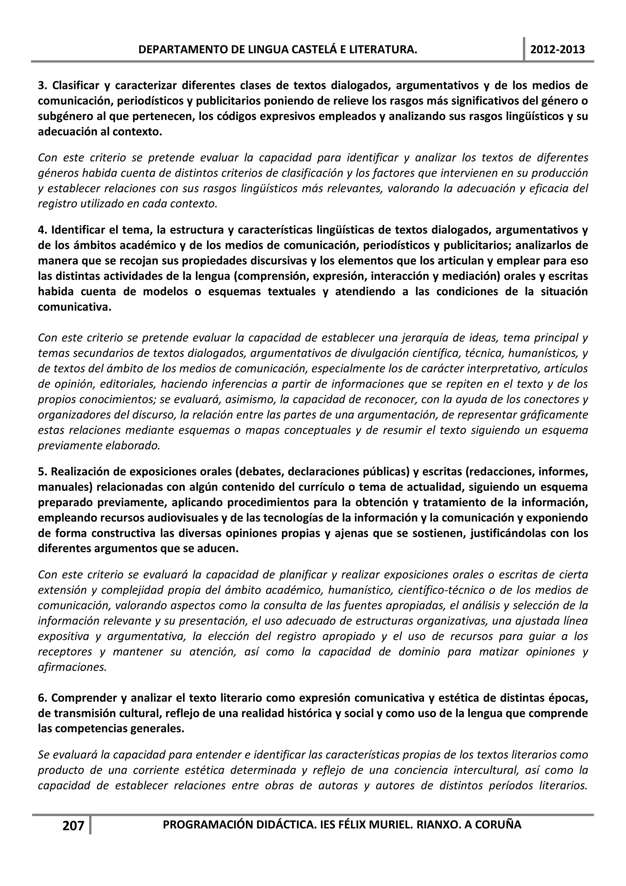 DEPARTAMENTO DE LINGUA CASTELÁ E LITERATURA.                                  2012-2013

3. Clasificar y caracterizar diferentes clases de textos dialogados, argumentativos y de los medios de
comunicación, periodísticos y publicitarios poniendo de relieve los rasgos más significativos del género o
subgénero al que pertenecen, los códigos expresivos empleados y analizando sus rasgos lingüísticos y su
adecuación al contexto.

Con este criterio se pretende evaluar la capacidad para identificar y analizar los textos de diferentes
géneros habida cuenta de distintos criterios de clasificación y los factores que intervienen en su producción
y establecer relaciones con sus rasgos lingüísticos más relevantes, valorando la adecuación y eficacia del
registro utilizado en cada contexto.

4. Identificar el tema, la estructura y características lingüísticas de textos dialogados, argumentativos y
de los ámbitos académico y de los medios de comunicación, periodísticos y publicitarios; analizarlos de
manera que se recojan sus propiedades discursivas y los elementos que los articulan y emplear para eso
las distintas actividades de la lengua (comprensión, expresión, interacción y mediación) orales y escritas
habida cuenta de modelos o esquemas textuales y atendiendo a las condiciones de la situación
comunicativa.

Con este criterio se pretende evaluar la capacidad de establecer una jerarquía de ideas, tema principal y
temas secundarios de textos dialogados, argumentativos de divulgación científica, técnica, humanísticos, y
de textos del ámbito de los medios de comunicación, especialmente los de carácter interpretativo, artículos
de opinión, editoriales, haciendo inferencias a partir de informaciones que se repiten en el texto y de los
propios conocimientos; se evaluará, asimismo, la capacidad de reconocer, con la ayuda de los conectores y
organizadores del discurso, la relación entre las partes de una argumentación, de representar gráficamente
estas relaciones mediante esquemas o mapas conceptuales y de resumir el texto siguiendo un esquema
previamente elaborado.

5. Realización de exposiciones orales (debates, declaraciones públicas) y escritas (redacciones, informes,
manuales) relacionadas con algún contenido del currículo o tema de actualidad, siguiendo un esquema
preparado previamente, aplicando procedimientos para la obtención y tratamiento de la información,
empleando recursos audiovisuales y de las tecnologías de la información y la comunicación y exponiendo
de forma constructiva las diversas opiniones propias y ajenas que se sostienen, justificándolas con los
diferentes argumentos que se aducen.

Con este criterio se evaluará la capacidad de planificar y realizar exposiciones orales o escritas de cierta
extensión y complejidad propia del ámbito académico, humanístico, científico-técnico o de los medios de
comunicación, valorando aspectos como la consulta de las fuentes apropiadas, el análisis y selección de la
información relevante y su presentación, el uso adecuado de estructuras organizativas, una ajustada línea
expositiva y argumentativa, la elección del registro apropiado y el uso de recursos para guiar a los
receptores y mantener su atención, así como la capacidad de dominio para matizar opiniones y
afirmaciones.

6. Comprender y analizar el texto literario como expresión comunicativa y estética de distintas épocas,
de transmisión cultural, reflejo de una realidad histórica y social y como uso de la lengua que comprende
las competencias generales.

Se evaluará la capacidad para entender e identificar las características propias de los textos literarios como
producto de una corriente estética determinada y reflejo de una conciencia intercultural, así como la
capacidad de establecer relaciones entre obras de autoras y autores de distintos períodos literarios.


    207                 PROGRAMACIÓN DIDÁCTICA. IES FÉLIX MURIEL. RIANXO. A CORUÑA
 