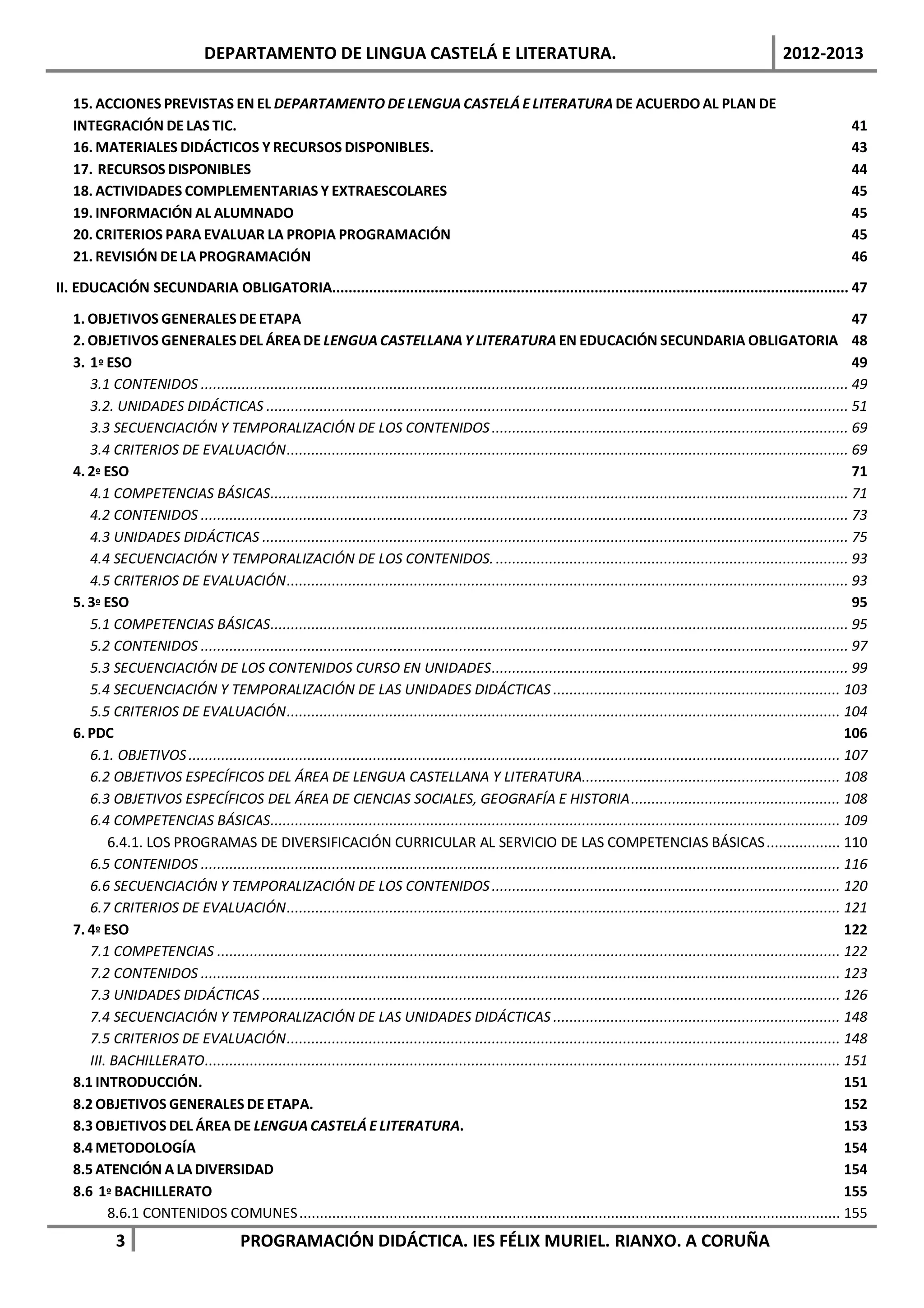 DEPARTAMENTO DE LINGUA CASTELÁ E LITERATURA.                                                                                        2012-2013

   15. ACCIONES PREVISTAS EN EL DEPARTAMENTO DE LENGUA CASTELÁ E LITERATURA DE ACUERDO AL PLAN DE
   INTEGRACIÓN DE LAS TIC.                                                                                                                                                          41
   16. MATERIALES DIDÁCTICOS Y RECURSOS DISPONIBLES.                                                                                                                                43
   17. RECURSOS DISPONIBLES                                                                                                                                                         44
   18. ACTIVIDADES COMPLEMENTARIAS Y EXTRAESCOLARES                                                                                                                                 45
   19. INFORMACIÓN AL ALUMNADO                                                                                                                                                      45
   20. CRITERIOS PARA EVALUAR LA PROPIA PROGRAMACIÓN                                                                                                                                45
   21. REVISIÓN DE LA PROGRAMACIÓN                                                                                                                                                  46
II. EDUCACIÓN SECUNDARIA OBLIGATORIA.............................................................................................................................. 47
   1. OBJETIVOS GENERALES DE ETAPA                                                                                                                                                    47
   2. OBJETIVOS GENERALES DEL ÁREA DE LENGUA CASTELLANA Y LITERATURA EN EDUCACIÓN SECUNDARIA OBLIGATORIA 48
   3. 1º ESO                                                                                                                                                                          49
      3.1 CONTENIDOS .............................................................................................................................................................. 49
      3.2. UNIDADES DIDÁCTICAS .............................................................................................................................................. 51
      3.3 SECUENCIACIÓN Y TEMPORALIZACIÓN DE LOS CONTENIDOS ....................................................................................... 69
      3.4 CRITERIOS DE EVALUACIÓN ......................................................................................................................................... 69
   4. 2º ESO                                                                                                                                                                          71
      4.1 COMPETENCIAS BÁSICAS............................................................................................................................................. 71
      4.2 CONTENIDOS .............................................................................................................................................................. 73
      4.3 UNIDADES DIDÁCTICAS ............................................................................................................................................... 75
      4.4 SECUENCIACIÓN Y TEMPORALIZACIÓN DE LOS CONTENIDOS. ...................................................................................... 93
      4.5 CRITERIOS DE EVALUACIÓN ......................................................................................................................................... 93
   5. 3º ESO                                                                                                                                                                          95
      5.1 COMPETENCIAS BÁSICAS............................................................................................................................................. 95
      5.2 CONTENIDOS .............................................................................................................................................................. 97
      5.3 SECUENCIACIÓN DE LOS CONTENIDOS CURSO EN UNIDADES ....................................................................................... 99
      5.4 SECUENCIACIÓN Y TEMPORALIZACIÓN DE LAS UNIDADES DIDÁCTICAS ...................................................................... 103
      5.5 CRITERIOS DE EVALUACIÓN ....................................................................................................................................... 104
   6. PDC                                                                                                                                                                            106
      6.1. OBJETIVOS ............................................................................................................................................................... 107
      6.2 OBJETIVOS ESPECÍFICOS DEL ÁREA DE LENGUA CASTELLANA Y LITERATURA............................................................... 108
      6.3 OBJETIVOS ESPECÍFICOS DEL ÁREA DE CIENCIAS SOCIALES, GEOGRAFÍA E HISTORIA ................................................... 108
      6.4 COMPETENCIAS BÁSICAS........................................................................................................................................... 109
          6.4.1. LOS PROGRAMAS DE DIVERSIFICACIÓN CURRICULAR AL SERVICIO DE LAS COMPETENCIAS BÁSICAS .................. 110
      6.5 CONTENIDOS ............................................................................................................................................................ 116
      6.6 SECUENCIACIÓN Y TEMPORALIZACIÓN DE LOS CONTENIDOS ..................................................................................... 120
      6.7 CRITERIOS DE EVALUACIÓN ....................................................................................................................................... 121
   7. 4º ESO                                                                                                                                                                         122
      7.1 COMPETENCIAS ........................................................................................................................................................ 122
      7.2 CONTENIDOS ............................................................................................................................................................ 123
      7.3 UNIDADES DIDÁCTICAS ............................................................................................................................................. 126
      7.4 SECUENCIACIÓN Y TEMPORALIZACIÓN DE LAS UNIDADES DIDÁCTICAS ...................................................................... 148
      7.5 CRITERIOS DE EVALUACIÓN ....................................................................................................................................... 148
      III. BACHILLERATO ........................................................................................................................................................... 151
   8.1 INTRODUCCIÓN.                                                                                                                                                                 151
   8.2 OBJETIVOS GENERALES DE ETAPA.                                                                                                                                                 152
   8.3 OBJETIVOS DEL ÁREA DE LENGUA CASTELÁ E LITERATURA.                                                                                                                            153
   8.4 METODOLOGÍA                                                                                                                                                                   154
   8.5 ATENCIÓN A LA DIVERSIDAD                                                                                                                                                      154
   8.6 1º BACHILLERATO                                                                                                                                                               155
          8.6.1 CONTENIDOS COMUNES .................................................................................................................................... 155
            3                            PROGRAMACIÓN DIDÁCTICA. IES FÉLIX MURIEL. RIANXO. A CORUÑA
 