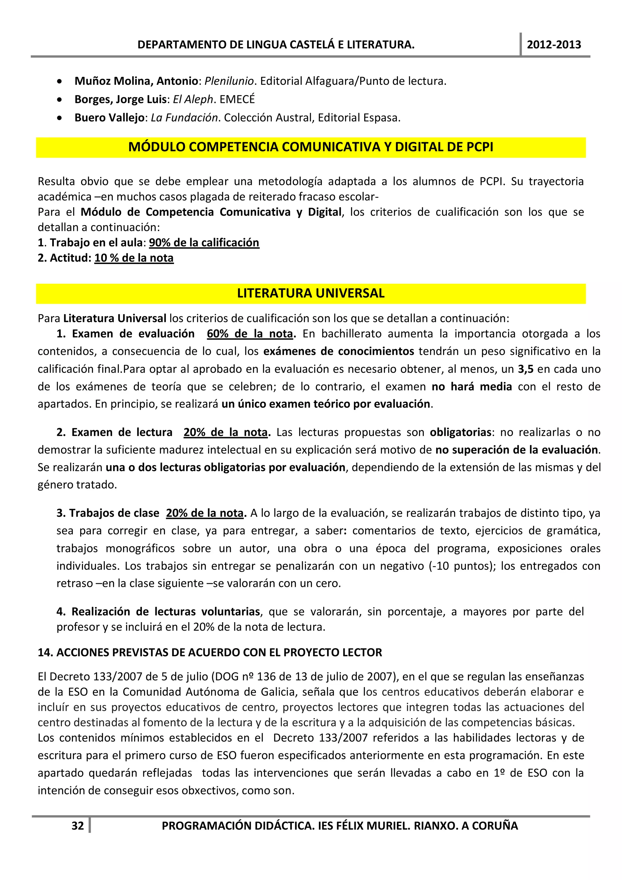 DEPARTAMENTO DE LINGUA CASTELÁ E LITERATURA.                                  2012-2013

   • Muñoz Molina, Antonio: Plenilunio. Editorial Alfaguara/Punto de lectura.
   • Borges, Jorge Luis: El Aleph. EMECÉ
   • Buero Vallejo: La Fundación. Colección Austral, Editorial Espasa.

                 MÓDULO COMPETENCIA COMUNICATIVA Y DIGITAL DE PCPI

Resulta obvio que se debe emplear una metodología adaptada a los alumnos de PCPI. Su trayectoria
académica –en muchos casos plagada de reiterado fracaso escolar-
Para el Módulo de Competencia Comunicativa y Digital, los criterios de cualificación son los que se
detallan a continuación:
1. Trabajo en el aula: 90% de la calificación
2. Actitud: 10 % de la nota

                                       LITERATURA UNIVERSAL
Para Literatura Universal los criterios de cualificación son los que se detallan a continuación:
     1. Examen de evaluación 60% de la nota. En bachillerato aumenta la importancia otorgada a los
contenidos, a consecuencia de lo cual, los exámenes de conocimientos tendrán un peso significativo en la
calificación final.Para optar al aprobado en la evaluación es necesario obtener, al menos, un 3,5 en cada uno
de los exámenes de teoría que se celebren; de lo contrario, el examen no hará media con el resto de
apartados. En principio, se realizará un único examen teórico por evaluación.

    2. Examen de lectura 20% de la nota. Las lecturas propuestas son obligatorias: no realizarlas o no
demostrar la suficiente madurez intelectual en su explicación será motivo de no superación de la evaluación.
Se realizarán una o dos lecturas obligatorias por evaluación, dependiendo de la extensión de las mismas y del
género tratado.

   3. Trabajos de clase 20% de la nota. A lo largo de la evaluación, se realizarán trabajos de distinto tipo, ya
   sea para corregir en clase, ya para entregar, a saber: comentarios de texto, ejercicios de gramática,
   trabajos monográficos sobre un autor, una obra o una época del programa, exposiciones orales
   individuales. Los trabajos sin entregar se penalizarán con un negativo (-10 puntos); los entregados con
   retraso –en la clase siguiente –se valorarán con un cero.

   4. Realización de lecturas voluntarias, que se valorarán, sin porcentaje, a mayores por parte del
   profesor y se incluirá en el 20% de la nota de lectura.

14. ACCIONES PREVISTAS DE ACUERDO CON EL PROYECTO LECTOR
El Decreto 133/2007 de 5 de julio (DOG nº 136 de 13 de julio de 2007), en el que se regulan las enseñanzas
de la ESO en la Comunidad Autónoma de Galicia, señala que los centros educativos deberán elaborar e
incluír en sus proyectos educativos de centro, proyectos lectores que integren todas las actuaciones del
centro destinadas al fomento de la lectura y de la escritura y a la adquisición de las competencias básicas.
Los contenidos mínimos establecidos en el Decreto 133/2007 referidos a las habilidades lectoras y de
escritura para el primero curso de ESO fueron especificados anteriormente en esta programación. En este
apartado quedarán reflejadas todas las intervenciones que serán llevadas a cabo en 1º de ESO con la
intención de conseguir esos obxectivos, como son.

      32                PROGRAMACIÓN DIDÁCTICA. IES FÉLIX MURIEL. RIANXO. A CORUÑA
 