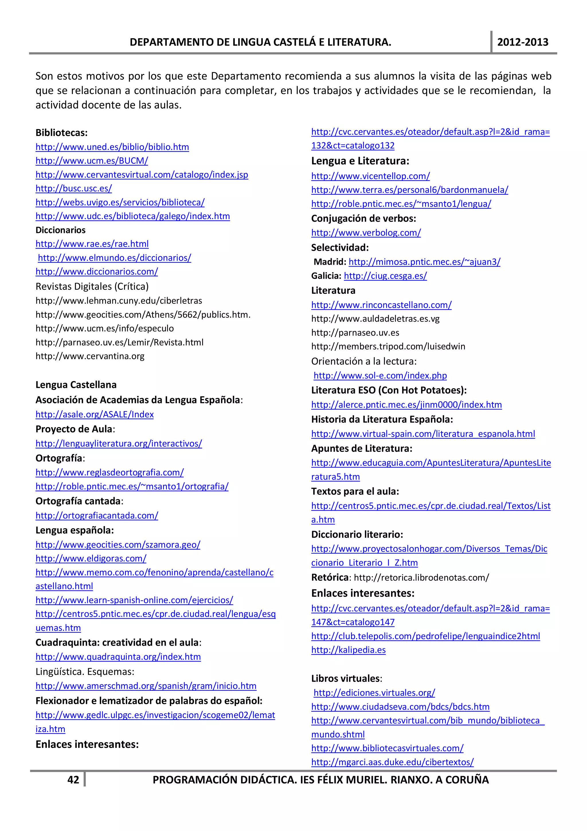 DEPARTAMENTO DE LINGUA CASTELÁ E LITERATURA.                                        2012-2013

Son estos motivos por los que este Departamento recomienda a sus alumnos la visita de las páginas web
que se relacionan a continuación para completar, en los trabajos y actividades que se le recomiendan, la
actividad docente de las aulas.

Bibliotecas:                                                 http://cvc.cervantes.es/oteador/default.asp?l=2&id_rama=
http://www.uned.es/biblio/biblio.htm                         132&ct=catalogo132
http://www.ucm.es/BUCM/                                      Lengua e Literatura:
http://www.cervantesvirtual.com/catalogo/index.jsp           http://www.vicentellop.com/
http://busc.usc.es/                                          http://www.terra.es/personal6/bardonmanuela/
http://webs.uvigo.es/servicios/biblioteca/                   http://roble.pntic.mec.es/~msanto1/lengua/
http://www.udc.es/biblioteca/galego/index.htm                Conjugación de verbos:
Diccionarios                                                 http://www.verbolog.com/
http://www.rae.es/rae.html                                   Selectividad:
http://www.elmundo.es/diccionarios/                          Madrid: http://mimosa.pntic.mec.es/~ajuan3/
http://www.diccionarios.com/                                 Galicia: http://ciug.cesga.es/
Revistas Digitales (Crítica)                                 Literatura
http://www.lehman.cuny.edu/ciberletras                       http://www.rinconcastellano.com/
http://www.geocities.com/Athens/5662/publics.htm.            http://www.auldadeletras.es.vg
http://www.ucm.es/info/especulo                              http://parnaseo.uv.es
http://parnaseo.uv.es/Lemir/Revista.html                     http://members.tripod.com/luisedwin
http://www.cervantina.org
                                                             Orientación a la lectura:
                                                             http://www.sol-e.com/index.php
Lengua Castellana
                                                             Literatura ESO (Con Hot Potatoes):
Asociación de Academias da Lengua Española:                  http://alerce.pntic.mec.es/jinm0000/index.htm
http://asale.org/ASALE/Index
                                                             Historia da Literatura Española:
Proyecto de Aula:                                            http://www.virtual-spain.com/literatura_espanola.html
http://lenguayliteratura.org/interactivos/
                                                             Apuntes de Literatura:
Ortografía:                                                  http://www.educaguia.com/ApuntesLiteratura/ApuntesLite
http://www.reglasdeortografia.com/                           ratura5.htm
http://roble.pntic.mec.es/~msanto1/ortografia/
                                                             Textos para el aula:
Ortografía cantada:                                          http://centros5.pntic.mec.es/cpr.de.ciudad.real/Textos/List
http://ortografiacantada.com/                                a.htm
Lengua española:                                             Diccionario literario:
http://www.geocities.com/szamora.geo/                        http://www.proyectosalonhogar.com/Diversos_Temas/Dic
http://www.eldigoras.com/                                    cionario_Literario_I_Z.htm
http://www.memo.com.co/fenonino/aprenda/castellano/c
                                                             Retórica: http://retorica.librodenotas.com/
astellano.html
                                                             Enlaces interesantes:
http://www.learn-spanish-online.com/ejercicios/
                                                             http://cvc.cervantes.es/oteador/default.asp?l=2&id_rama=
http://centros5.pntic.mec.es/cpr.de.ciudad.real/lengua/esq
                                                             147&ct=catalogo147
uemas.htm
                                                             http://club.telepolis.com/pedrofelipe/lenguaindice2html
Cuadraquinta: creatividad en el aula:
                                                             http://kalipedia.es
http://www.quadraquinta.org/index.htm
Lingüística. Esquemas:
                                                             Libros virtuales:
http://www.amerschmad.org/spanish/gram/inicio.htm
                                                             http://ediciones.virtuales.org/
Flexionador e lematizador de palabras do español:
                                                             http://www.ciudadseva.com/bdcs/bdcs.htm
http://www.gedlc.ulpgc.es/investigacion/scogeme02/lemat
                                                             http://www.cervantesvirtual.com/bib_mundo/biblioteca_
iza.htm
                                                             mundo.shtml
Enlaces interesantes:                                        http://www.bibliotecasvirtuales.com/
                                                             http://mgarci.aas.duke.edu/cibertextos/
        42                     PROGRAMACIÓN DIDÁCTICA. IES FÉLIX MURIEL. RIANXO. A CORUÑA
 