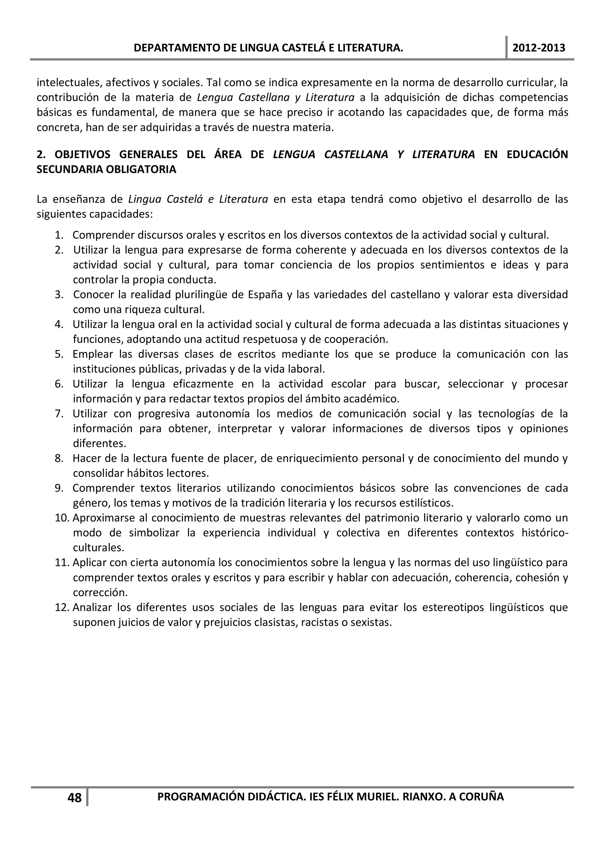 DEPARTAMENTO DE LINGUA CASTELÁ E LITERATURA.                                    2012-2013

intelectuales, afectivos y sociales. Tal como se indica expresamente en la norma de desarrollo curricular, la
contribución de la materia de Lengua Castellana y Literatura a la adquisición de dichas competencias
básicas es fundamental, de manera que se hace preciso ir acotando las capacidades que, de forma más
concreta, han de ser adquiridas a través de nuestra materia.

2. OBJETIVOS GENERALES DEL ÁREA DE LENGUA CASTELLANA Y LITERATURA EN EDUCACIÓN
SECUNDARIA OBLIGATORIA

La enseñanza de Lingua Castelá e Literatura en esta etapa tendrá como objetivo el desarrollo de las
siguientes capacidades:
   1. Comprender discursos orales y escritos en los diversos contextos de la actividad social y cultural.
   2. Utilizar la lengua para expresarse de forma coherente y adecuada en los diversos contextos de la
       actividad social y cultural, para tomar conciencia de los propios sentimientos e ideas y para
       controlar la propia conducta.
   3. Conocer la realidad plurilingüe de España y las variedades del castellano y valorar esta diversidad
       como una riqueza cultural.
   4. Utilizar la lengua oral en la actividad social y cultural de forma adecuada a las distintas situaciones y
       funciones, adoptando una actitud respetuosa y de cooperación.
   5. Emplear las diversas clases de escritos mediante los que se produce la comunicación con las
       instituciones públicas, privadas y de la vida laboral.
   6. Utilizar la lengua eficazmente en la actividad escolar para buscar, seleccionar y procesar
       información y para redactar textos propios del ámbito académico.
   7. Utilizar con progresiva autonomía los medios de comunicación social y las tecnologías de la
       información para obtener, interpretar y valorar informaciones de diversos tipos y opiniones
       diferentes.
   8. Hacer de la lectura fuente de placer, de enriquecimiento personal y de conocimiento del mundo y
       consolidar hábitos lectores.
   9. Comprender textos literarios utilizando conocimientos básicos sobre las convenciones de cada
       género, los temas y motivos de la tradición literaria y los recursos estilísticos.
   10. Aproximarse al conocimiento de muestras relevantes del patrimonio literario y valorarlo como un
       modo de simbolizar la experiencia individual y colectiva en diferentes contextos histórico-
       culturales.
   11. Aplicar con cierta autonomía los conocimientos sobre la lengua y las normas del uso lingüístico para
       comprender textos orales y escritos y para escribir y hablar con adecuación, coherencia, cohesión y
       corrección.
   12. Analizar los diferentes usos sociales de las lenguas para evitar los estereotipos lingüísticos que
       suponen juicios de valor y prejuicios clasistas, racistas o sexistas.




      48                PROGRAMACIÓN DIDÁCTICA. IES FÉLIX MURIEL. RIANXO. A CORUÑA
 
