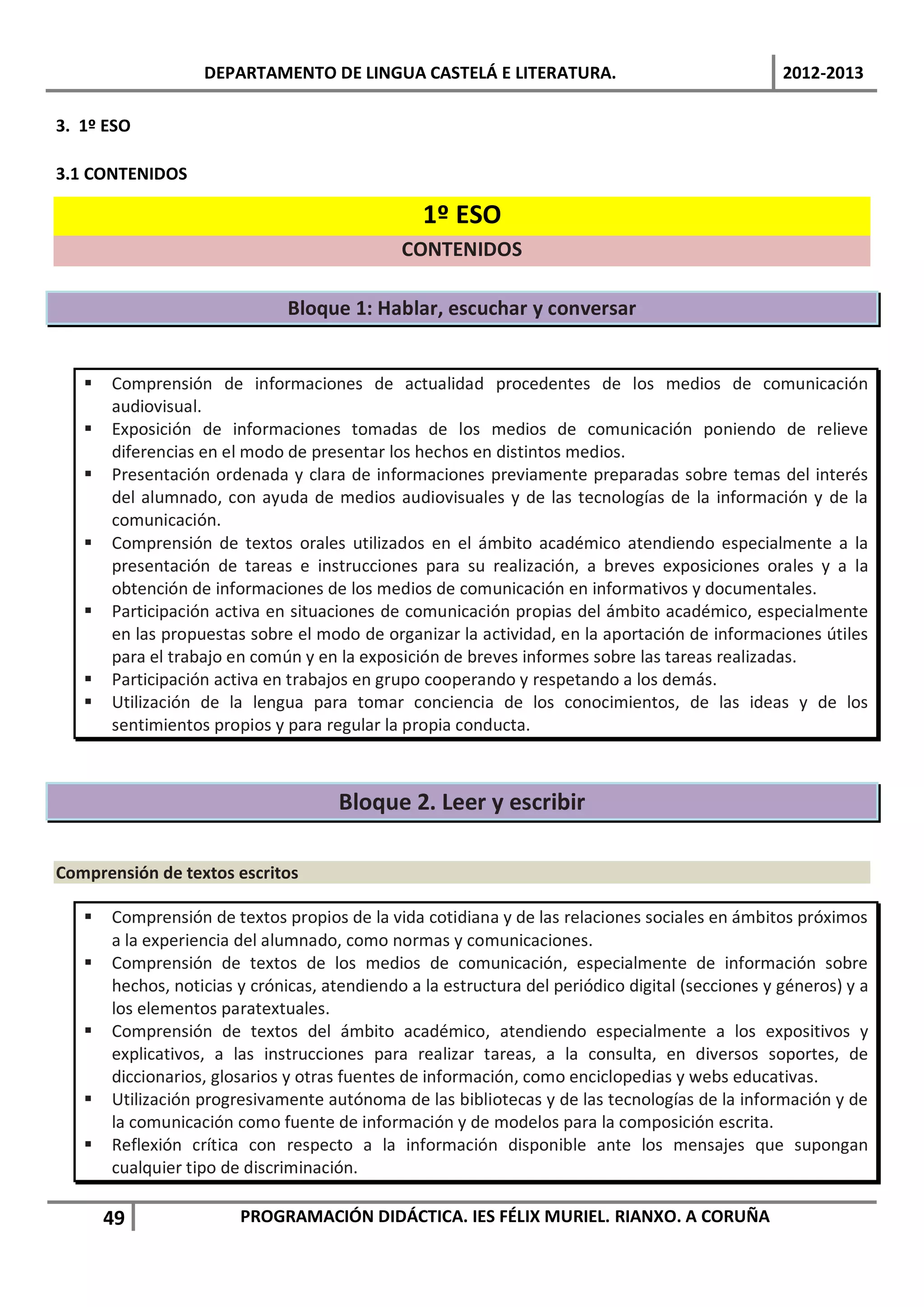 DEPARTAMENTO DE LINGUA CASTELÁ E LITERATURA.                                   2012-2013

3. 1º ESO

3.1 CONTENIDOS

                                                 1º ESO
                                              CONTENIDOS

                              Bloque 1: Hablar, escuchar y conversar


      Comprensión de informaciones de actualidad procedentes de los medios de comunicación
       audiovisual.
      Exposición de informaciones tomadas de los medios de comunicación poniendo de relieve
       diferencias en el modo de presentar los hechos en distintos medios.
      Presentación ordenada y clara de informaciones previamente preparadas sobre temas del interés
       del alumnado, con ayuda de medios audiovisuales y de las tecnologías de la información y de la
       comunicación.
      Comprensión de textos orales utilizados en el ámbito académico atendiendo especialmente a la
       presentación de tareas e instrucciones para su realización, a breves exposiciones orales y a la
       obtención de informaciones de los medios de comunicación en informativos y documentales.
      Participación activa en situaciones de comunicación propias del ámbito académico, especialmente
       en las propuestas sobre el modo de organizar la actividad, en la aportación de informaciones útiles
       para el trabajo en común y en la exposición de breves informes sobre las tareas realizadas.
      Participación activa en trabajos en grupo cooperando y respetando a los demás.
      Utilización de la lengua para tomar conciencia de los conocimientos, de las ideas y de los
       sentimientos propios y para regular la propia conducta.



                                     Bloque 2. Leer y escribir

Comprensión de textos escritos

      Comprensión de textos propios de la vida cotidiana y de las relaciones sociales en ámbitos próximos
       a la experiencia del alumnado, como normas y comunicaciones.
      Comprensión de textos de los medios de comunicación, especialmente de información sobre
       hechos, noticias y crónicas, atendiendo a la estructura del periódico digital (secciones y géneros) y a
       los elementos paratextuales.
      Comprensión de textos del ámbito académico, atendiendo especialmente a los expositivos y
       explicativos, a las instrucciones para realizar tareas, a la consulta, en diversos soportes, de
       diccionarios, glosarios y otras fuentes de información, como enciclopedias y webs educativas.
      Utilización progresivamente autónoma de las bibliotecas y de las tecnologías de la información y de
       la comunicación como fuente de información y de modelos para la composición escrita.
      Reflexión crítica con respecto a la información disponible ante los mensajes que supongan
       cualquier tipo de discriminación.

       49               PROGRAMACIÓN DIDÁCTICA. IES FÉLIX MURIEL. RIANXO. A CORUÑA
 