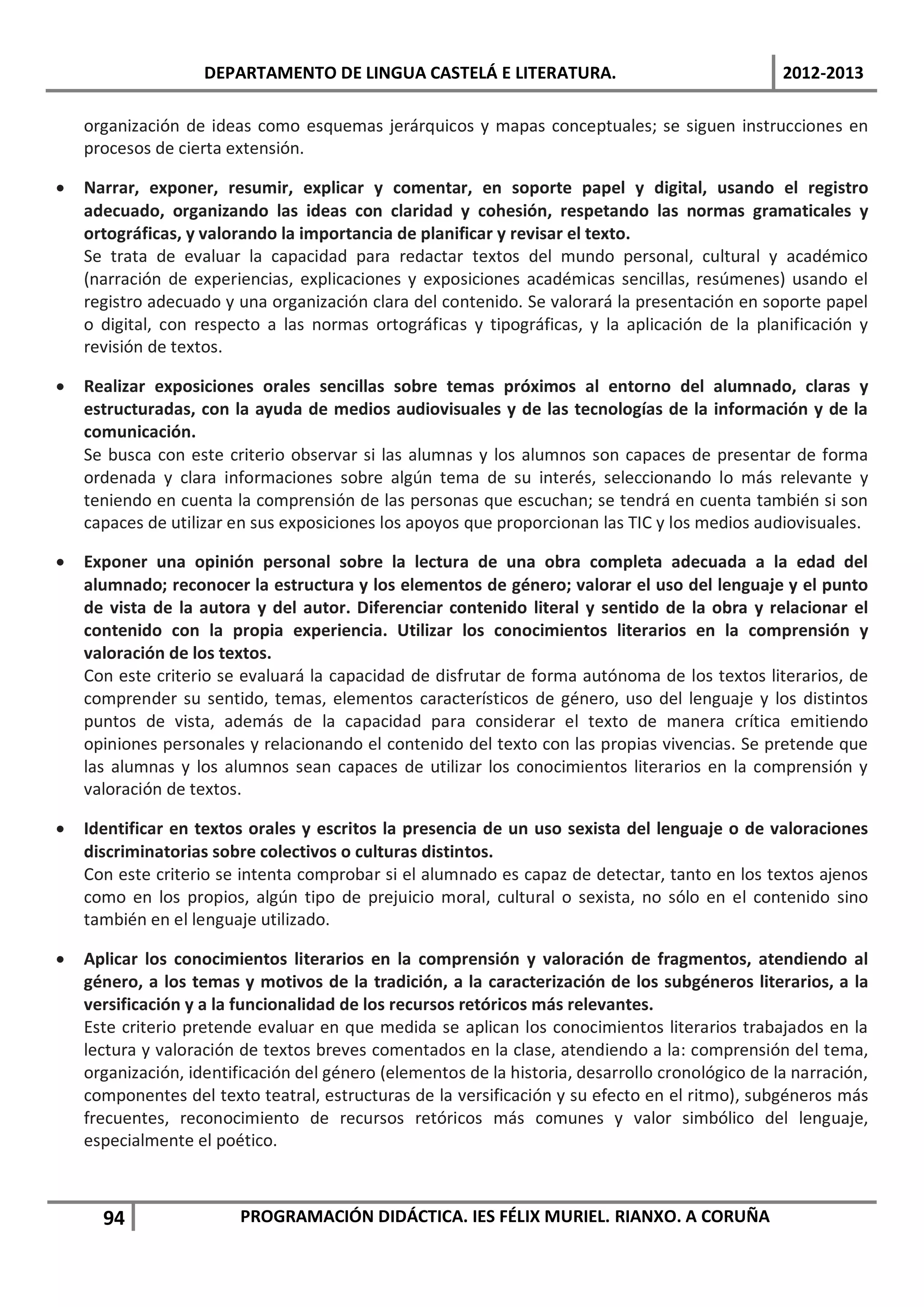 DEPARTAMENTO DE LINGUA CASTELÁ E LITERATURA.                                  2012-2013

    organización de ideas como esquemas jerárquicos y mapas conceptuales; se siguen instrucciones en
    procesos de cierta extensión.

•   Narrar, exponer, resumir, explicar y comentar, en soporte papel y digital, usando el registro
    adecuado, organizando las ideas con claridad y cohesión, respetando las normas gramaticales y
    ortográficas, y valorando la importancia de planificar y revisar el texto.
    Se trata de evaluar la capacidad para redactar textos del mundo personal, cultural y académico
    (narración de experiencias, explicaciones y exposiciones académicas sencillas, resúmenes) usando el
    registro adecuado y una organización clara del contenido. Se valorará la presentación en soporte papel
    o digital, con respecto a las normas ortográficas y tipográficas, y la aplicación de la planificación y
    revisión de textos.

•   Realizar exposiciones orales sencillas sobre temas próximos al entorno del alumnado, claras y
    estructuradas, con la ayuda de medios audiovisuales y de las tecnologías de la información y de la
    comunicación.
    Se busca con este criterio observar si las alumnas y los alumnos son capaces de presentar de forma
    ordenada y clara informaciones sobre algún tema de su interés, seleccionando lo más relevante y
    teniendo en cuenta la comprensión de las personas que escuchan; se tendrá en cuenta también si son
    capaces de utilizar en sus exposiciones los apoyos que proporcionan las TIC y los medios audiovisuales.

•   Exponer una opinión personal sobre la lectura de una obra completa adecuada a la edad del
    alumnado; reconocer la estructura y los elementos de género; valorar el uso del lenguaje y el punto
    de vista de la autora y del autor. Diferenciar contenido literal y sentido de la obra y relacionar el
    contenido con la propia experiencia. Utilizar los conocimientos literarios en la comprensión y
    valoración de los textos.
    Con este criterio se evaluará la capacidad de disfrutar de forma autónoma de los textos literarios, de
    comprender su sentido, temas, elementos característicos de género, uso del lenguaje y los distintos
    puntos de vista, además de la capacidad para considerar el texto de manera crítica emitiendo
    opiniones personales y relacionando el contenido del texto con las propias vivencias. Se pretende que
    las alumnas y los alumnos sean capaces de utilizar los conocimientos literarios en la comprensión y
    valoración de textos.

•   Identificar en textos orales y escritos la presencia de un uso sexista del lenguaje o de valoraciones
    discriminatorias sobre colectivos o culturas distintos.
    Con este criterio se intenta comprobar si el alumnado es capaz de detectar, tanto en los textos ajenos
    como en los propios, algún tipo de prejuicio moral, cultural o sexista, no sólo en el contenido sino
    también en el lenguaje utilizado.

•   Aplicar los conocimientos literarios en la comprensión y valoración de fragmentos, atendiendo al
    género, a los temas y motivos de la tradición, a la caracterización de los subgéneros literarios, a la
    versificación y a la funcionalidad de los recursos retóricos más relevantes.
    Este criterio pretende evaluar en que medida se aplican los conocimientos literarios trabajados en la
    lectura y valoración de textos breves comentados en la clase, atendiendo a la: comprensión del tema,
    organización, identificación del género (elementos de la historia, desarrollo cronológico de la narración,
    componentes del texto teatral, estructuras de la versificación y su efecto en el ritmo), subgéneros más
    frecuentes, reconocimiento de recursos retóricos más comunes y valor simbólico del lenguaje,
    especialmente el poético.



      94                 PROGRAMACIÓN DIDÁCTICA. IES FÉLIX MURIEL. RIANXO. A CORUÑA
 