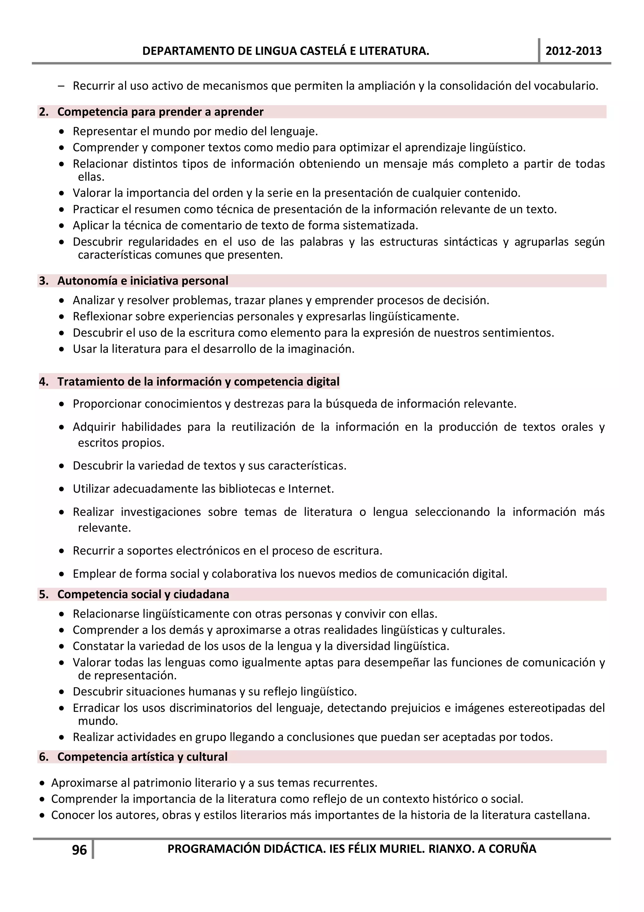 DEPARTAMENTO DE LINGUA CASTELÁ E LITERATURA.                                    2012-2013

   – Recurrir al uso activo de mecanismos que permiten la ampliación y la consolidación del vocabulario.

2. Competencia para prender a aprender
   • Representar el mundo por medio del lenguaje.
   • Comprender y componer textos como medio para optimizar el aprendizaje lingüístico.
   • Relacionar distintos tipos de información obteniendo un mensaje más completo a partir de todas
      ellas.
   • Valorar la importancia del orden y la serie en la presentación de cualquier contenido.
   • Practicar el resumen como técnica de presentación de la información relevante de un texto.
   • Aplicar la técnica de comentario de texto de forma sistematizada.
   • Descubrir regularidades en el uso de las palabras y las estructuras sintácticas y agruparlas según
      características comunes que presenten.

3. Autonomía e iniciativa personal
   • Analizar y resolver problemas, trazar planes y emprender procesos de decisión.
   • Reflexionar sobre experiencias personales y expresarlas lingüísticamente.
   • Descubrir el uso de la escritura como elemento para la expresión de nuestros sentimientos.
   • Usar la literatura para el desarrollo de la imaginación.

4. Tratamiento de la información y competencia digital
   • Proporcionar conocimientos y destrezas para la búsqueda de información relevante.
   • Adquirir habilidades para la reutilización de la información en la producción de textos orales y
      escritos propios.
   • Descubrir la variedad de textos y sus características.
   • Utilizar adecuadamente las bibliotecas e Internet.
   • Realizar investigaciones sobre temas de literatura o lengua seleccionando la información más
      relevante.
   • Recurrir a soportes electrónicos en el proceso de escritura.
   • Emplear de forma social y colaborativa los nuevos medios de comunicación digital.
5. Competencia social y ciudadana
   • Relacionarse lingüísticamente con otras personas y convivir con ellas.
   • Comprender a los demás y aproximarse a otras realidades lingüísticas y culturales.
   • Constatar la variedad de los usos de la lengua y la diversidad lingüística.
   • Valorar todas las lenguas como igualmente aptas para desempeñar las funciones de comunicación y
      de representación.
   • Descubrir situaciones humanas y su reflejo lingüístico.
   • Erradicar los usos discriminatorios del lenguaje, detectando prejuicios e imágenes estereotipadas del
      mundo.
   • Realizar actividades en grupo llegando a conclusiones que puedan ser aceptadas por todos.
6. Competencia artística y cultural

• Aproximarse al patrimonio literario y a sus temas recurrentes.
• Comprender la importancia de la literatura como reflejo de un contexto histórico o social.
• Conocer los autores, obras y estilos literarios más importantes de la historia de la literatura castellana.

      96                 PROGRAMACIÓN DIDÁCTICA. IES FÉLIX MURIEL. RIANXO. A CORUÑA
 