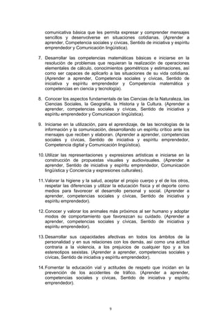 comunicativa básica que les permita expresar y comprender mensajes
sencillos y desenvolverse en situaciones cotidianas. (Aprender a
aprender, Competencia sociales y cívicas, Sentido de iniciativa y espíritu
emprendedor y Comunicación lingüística).
7. Desarrollar las competencias matemáticas básicas e iniciarse en la
resolución de problemas que requieran la realización de operaciones
elementales de cálculo, conocimientos geométricos y estimaciones, así
como ser capaces de aplicarlo a las situaciones de su vida cotidiana.
(Aprender a aprender, Competencia sociales y cívicas, Sentido de
iniciativa y espíritu emprendedor y Competencia matemática y
competencias en ciencia y tecnología).
8. Conocer los aspectos fundamentals de las Ciencias de la Naturaleza, las
Ciencias Sociales, la Geografía, la Historia y la Cultura. (Aprender a
aprender, competencias sociales y cívicas, Sentido de iniciativa y
espíritu emprendedor y Comunicacion lingüística).
9. Iniciarse en la utilización, para el aprendizaje, de las tecnologías de la
información y la comunicación, desarrollando un espíritu crítico ante los
mensajes que reciben y elaboran. (Aprender a aprender, competencias
sociales y cívicas, Sentido de iniciativa y espíritu emprendedor,
Competencia digital y Comunicación lingüística).
10.Utilizar las representaciones y expresiones artísticas e iniciarse en la
construcción de propuestas visuales y audiovisuales. (Aprender a
aprender, Sentido de iniciativa y espíritu emprendedor, Comunicación
lingüística y Conciencia y expresiones culturales).
11.Valorar la higiene y la salud, aceptar el propio cuerpo y el de los otros,
respetar las diferencias y utilizar la educación física y el deporte como
medios para favorecer el desarrollo personal y social. (Aprender a
aprender, competencias sociales y cívicas, Sentido de iniciativa y
espíritu emprendedor).
12.Conocer y valorar los animales más próximos al ser humano y adoptar
modos de comportamiento que favorezcan su cuidado. (Aprender a
aprender, competencias sociales y cívicas, Sentido de iniciativa y
espíritu emprendedor).
13.Desarrollar sus capacidades afectivas en todos los ámbitos de la
personalidad y en sus relaciones con los demás, así como una actitud
contraria a la violencia, a los prejuicios de cualquier tipo y a los
estereotipos sexistas. (Aprender a aprender, competencias sociales y
cívicas, Sentido de iniciativa y espíritu emprendedor).
14.Fomentar la educación vial y actitudes de respeto que incidan en la
prevención de los accidentes de tráfico. (Aprender a aprender,
competencias sociales y cívicas, Sentido de iniciativa y espíritu
emprendedor).
9
 