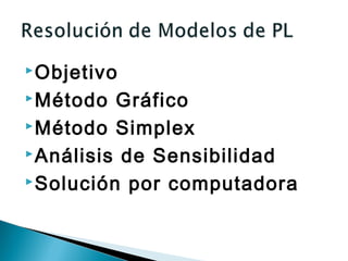 Objetivo

 Método  Gráfico
 Método Simplex

 Análisis de Sensibilidad

 Solución por computadora
 