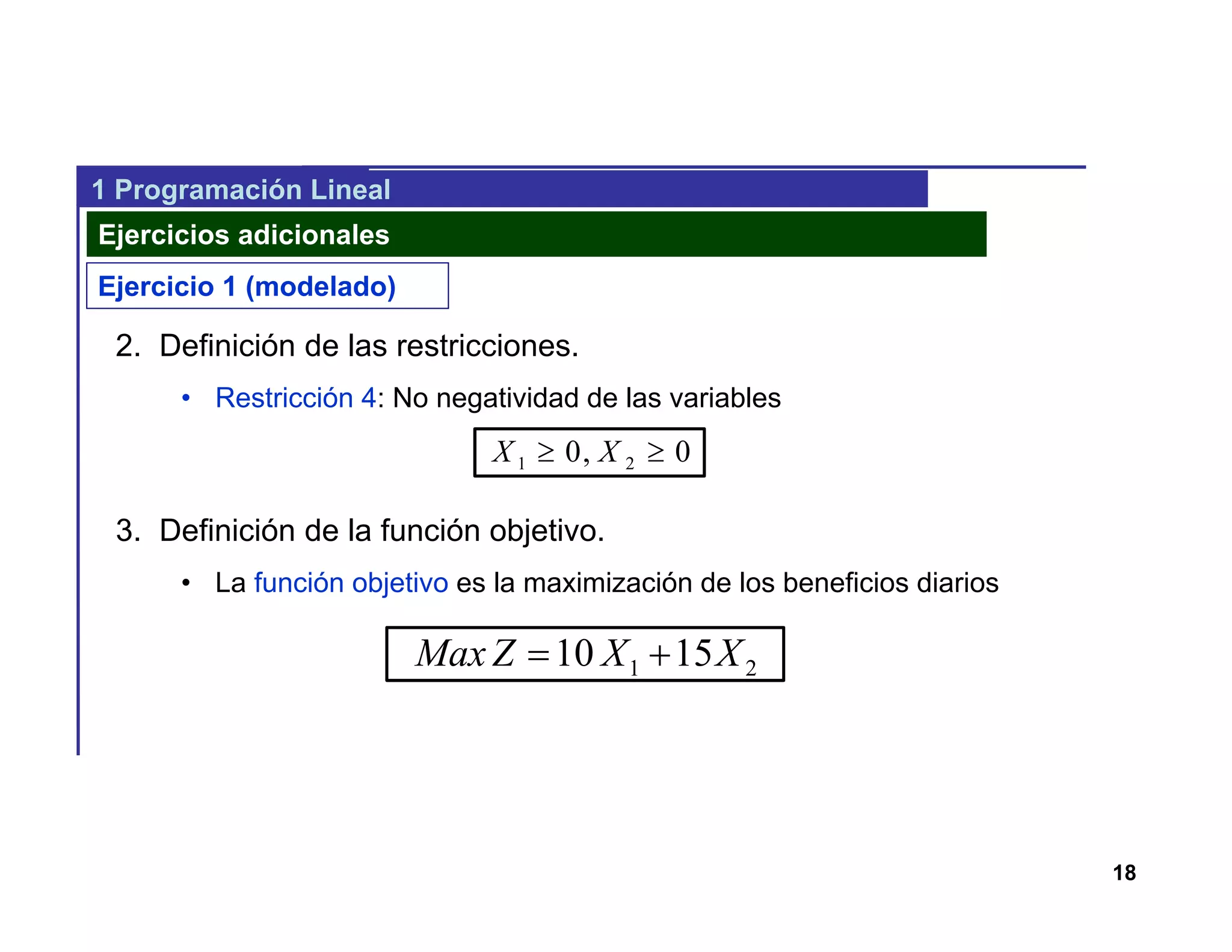 18
1 Programación Lineal
Ejercicios adicionales
2. Definición de las restricciones.
• Restricción 4: No negatividad de las variables
3. Definición de la función objetivo.
• La función objetivo es la maximización de los beneficios diarios
0,0 21  XX
21 1510 XXZMax 
Ejercicio 1 (modelado)
 