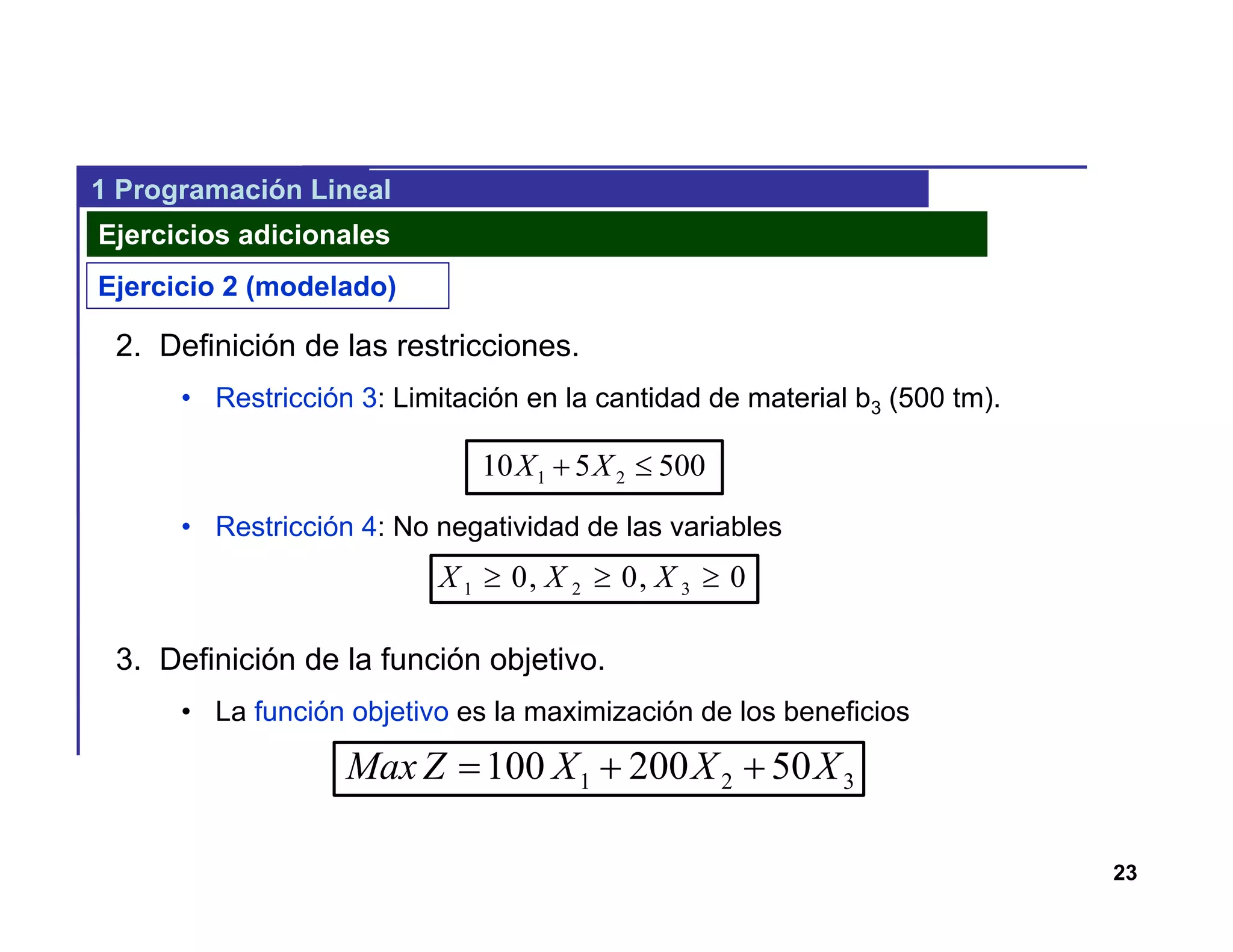 23
1 Programación Lineal
Ejercicios adicionales
2. Definición de las restricciones.
• Restricción 3: Limitación en la cantidad de material b3 (500 tm).
• Restricción 4: No negatividad de las variables
3. Definición de la función objetivo.
• La función objetivo es la maximización de los beneficios
Ejercicio 2 (modelado)
500510 21  XX
0,0,0 321  XXX
321 50200100 XXXZMax 
 