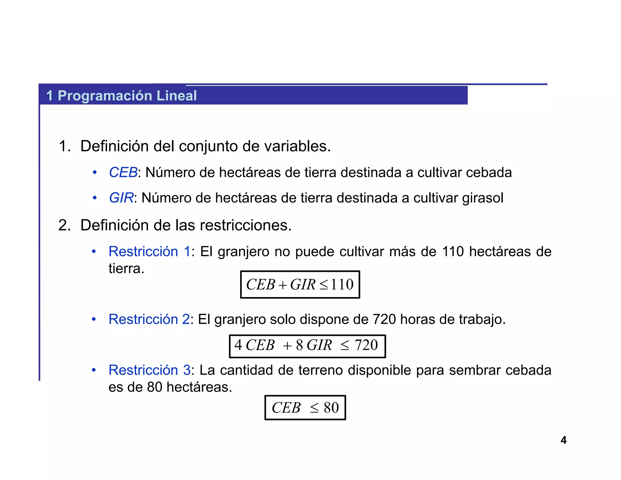 4
1 Programación Lineal
1. Definición del conjunto de variables.
• CEB: Número de hectáreas de tierra destinada a cultivar cebada
• GIR: Número de hectáreas de tierra destinada a cultivar girasol
2. Definición de las restricciones.
• Restricción 1: El granjero no puede cultivar más de 110 hectáreas de
tierra.
• Restricción 2: El granjero solo dispone de 720 horas de trabajo.
• Restricción 3: La cantidad de terreno disponible para sembrar cebada
es de 80 hectáreas.
110 GIRCEB
72084  GIRCEB
80CEB
 