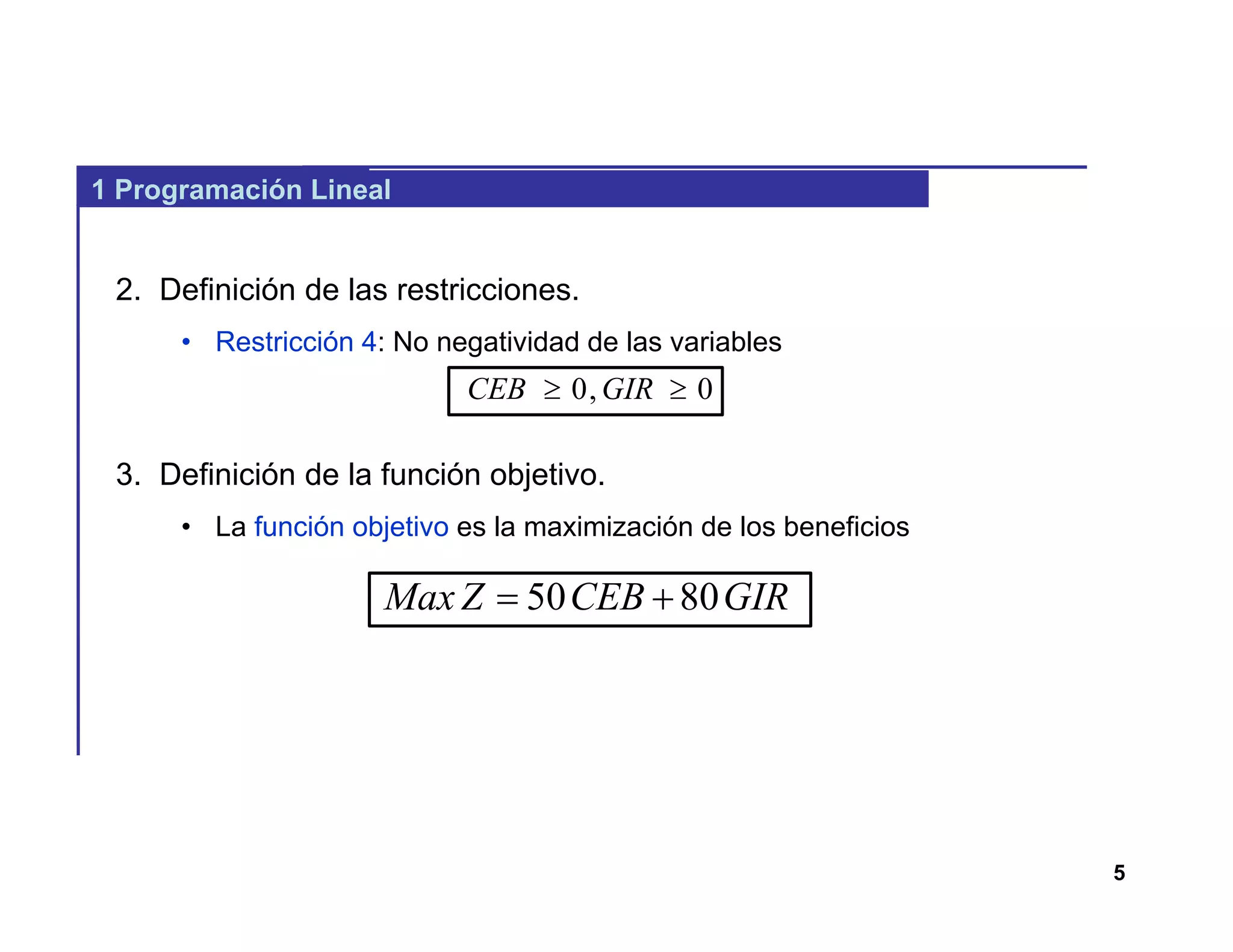 5
1 Programación Lineal
2. Definición de las restricciones.
• Restricción 4: No negatividad de las variables
3. Definición de la función objetivo.
• La función objetivo es la maximización de los beneficios
0,0  GIRCEB
GIRCEBZMax 8050 
 