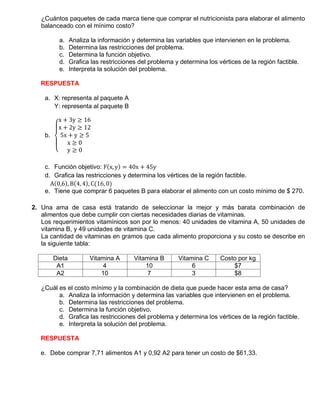 ¿Cuántos paquetes de cada marca tiene que comprar el nutricionista para elaborar el alimento
balanceado con el mínimo costo?
a. Analiza la información y determina las variables que intervienen en le problema.
b. Determina las restricciones del problema.
c. Determina la función objetivo.
d. Grafica las restricciones del problema y determina los vértices de la región factible.
e. Interpreta la solución del problema.
RESPUESTA
a. X: representa al paquete A
Y: representa al paquete B
b.
{
c. Función objetivo: ( )
d. Grafica las restricciones y determina los vértices de la región factible.
( ) ( ) ( )
e. Tiene que comprar 6 paquetes B para elaborar el alimento con un costo mínimo de $ 270.
2. Una ama de casa está tratando de seleccionar la mejor y más barata combinación de
alimentos que debe cumplir con ciertas necesidades diarias de vitaminas.
Los requerimientos vitamínicos son por lo menos: 40 unidades de vitamina A, 50 unidades de
vitamina B, y 49 unidades de vitamina C.
La cantidad de vitaminas en gramos que cada alimento proporciona y su costo se describe en
la siguiente tabla:
Dieta Vitamina A Vitamina B Vitamina C Costo por kg
A1 4 10 6 $7
A2 10 7 3 $8
¿Cuál es el costo mínimo y la combinación de dieta que puede hacer esta ama de casa?
a. Analiza la información y determina las variables que intervienen en el problema.
b. Determina las restricciones del problema.
c. Determina la función objetivo.
d. Grafica las restricciones del problema y determina los vértices de la región factible.
e. Interpreta la solución del problema.
RESPUESTA
e. Debe comprar 7,71 alimentos A1 y 0,92 A2 para tener un costo de $61,33.
 