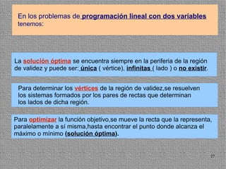 En los problemas de programación lineal con dos variables
 tenemos:




La solución óptima se encuentra siempre en la periferia de la región
de validez y puede ser: única ( vértice), infinitas ( lado ) o no existir.


 Para determinar los vértices de la región de validez,se resuelven
 los sistemas formados por los pares de rectas que determinan
 los lados de dicha región.

Para optimizar la función objetivo,se mueve la recta que la representa,
paralelamente a sí misma,hasta encontrar el punto donde alcanza el
máximo o mínimo (solución óptima).


                                                                             27
 