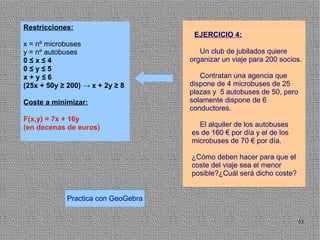 Restricciones:
                                     EJERCICIO 4:
x = nº microbuses
y = nº autobuses                       Un club de jubilados quiere
0≤x≤4                               organizar un viaje para 200 socios.
0≤y≤5
x+y≤6                                  Contratan una agencia que
(25x + 50y ≥ 200) → x + 2y ≥ 8      dispone de 4 microbuses de 25
                                    plazas y 5 autobuses de 50, pero
Coste a minimizar:                  solamente dispone de 6
                                    conductores.
F(x,y) = 7x + 16y
(en decenas de euros)                 El alquiler de los autobuses
                                    es de 160 € por día y el de los
                                    microbuses de 70 € por día.

                                    ¿Cómo deben hacer para que el
                                    coste del viaje sea el menor
                                    posible?¿Cuál será dicho coste?


            Practica con GeoGebra


                                                                      53
 