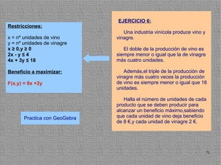 EJERCICIO 6:
Restricciones:
                                  Una industria vinícola produce vino y
x = nº unidades de vino        vinagre.
y = nº unidades de vinagre
x ≥ 0,y ≥ 0                       El doble de la producción de vino es
2x - y ≤ 4                     siempre menor o igual que la de vinagre
4x + 3y ≤ 18                   más cuatro unidades.

Beneficio a maximizar:            Además,el triple de la producción de
                               vinagre más cuatro veces la producción
F(x,y) = 8x +2y                de vino es siempre menor o igual que 18
                               unidades.

                                  Halla el número de unidades de cada
                               producto que se deben producir para
                               alcanzar un beneficio máximo,sabiendo
       Practica con GeoGebra   que cada unidad de vino deja beneficio
                               de 8 €,y cada unidad de vinagre 2 €.




                                                                          71
 