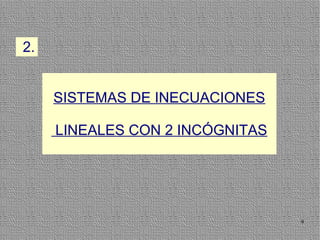 2.


     SISTEMAS DE INECUACIONES

     LINEALES CON 2 INCÓGNITAS




                                 9
 