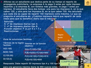 4. Alfonso es un estudiante que dedica parte de su tiempo al reparto de
   propaganda publicitaria. La empresa A le paga 5 soles por cada impreso
   repartido y la empresa B, con folletos más grandes, le paga 7 soles por
   impreso. El estudiante lleva dos bolsas: una para los impresos A, en la que
   caben 120, y otra para los impresos B, en la que caben 100. Ha calculado
   que cada día es capaz de repartir 150 impresos como máximo. Lo que se
   pregunta el estudiante es: ¿Cuántos impresos habrá que repartir de cada
                                                  Y
   clase para que su beneficio diario sea el máximo?
                                                150
    Solución:
    X: nº de impresos diarios tipo A
    Y: nº de impresos diarios tipo B                A      B
                                                100
    Función objetivo: F (x,y)= 5 x + 7 y
    Restricciones: x ≥ 0;     x ≤ 120
                   y ≥ 0;     y ≤ 100                    Región
                                                                          C
                             x + y ≤ 150                 factibl
  Zona de soluciones factibles                           e
                                                                   D
  Vértices de la región Valores en la función                          120 150   X
  factible:             objetivo:
  A(0;100)              f(A)=7(100)=700
  B(50;100)            F(B)=5(50)+7(100)=950
  C(120;30)            F(C)=5(120)+7(30)=810
  D(120;0)             F(D)=5(120)=600
                                                            COMPRUEBAL
  Respuesta: Debe repartir 50 impresos tipo A y 100 tipo B,
                                                                O
  para una ganancia máxima diaria de 950 nuevos soles.
 