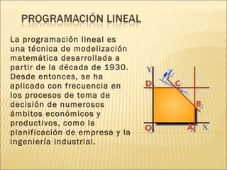 La programación lineal es una técnica de modelización matemática desarrollada a partir de la década de 1930. Desde entonces, se ha aplicado con frecuencia en los procesos de toma de decisión de numerosos ámbitos económicos y productivos, como la planificación de empresa y la ingeniería industrial. 