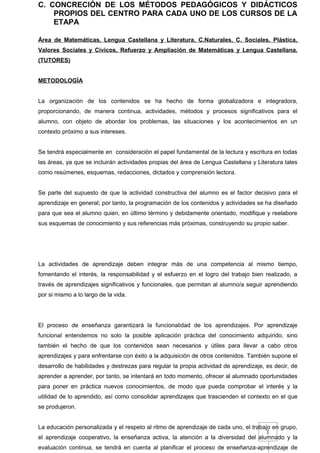 1
C. CONCRECIÓN DE LOS MÉTODOS PEDAGÓGICOS Y DIDÁCTICOS
PROPIOS DEL CENTRO PARA CADA UNO DE LOS CURSOS DE LA
ETAPA
Área de Matemáticas, Lengua Castellana y Literatura, C.Naturales, C. Sociales, Plástica,
Valores Sociales y Cívicos, Refuerzo y Ampliación de Matemáticas y Lengua Castellana.
(TUTORES)
METODOLOGÍA
La organización de los contenidos se ha hecho de forma globalizadora e integradora,
proporcionando, de manera continua, actividades, métodos y procesos significativos para el
alumno, con objeto de abordar los problemas, las situaciones y los acontecimientos en un
contexto próximo a sus intereses.
Se tendrá especialmente en consideración el papel fundamental de la lectura y escritura en todas
las áreas, ya que se incluirán actividades propias del área de Lengua Castellana y Literatura tales
como resúmenes, esquemas, redacciones, dictados y comprensión lectora.
Se parte del supuesto de que la actividad constructiva del alumno es el factor decisivo para el
aprendizaje en general; por tanto, la programación de los contenidos y actividades se ha diseñado
para que sea el alumno quien, en último término y debidamente orientado, modifique y reelabore
sus esquemas de conocimiento y sus referencias más próximas, construyendo su propio saber.
La actividades de aprendizaje deben integrar más de una competencia al mismo tiempo,
fomentando el interés, la responsabilidad y el esfuerzo en el logro del trabajo bien realizado, a
través de aprendizajes significativos y funcionales, que permitan al alumno/a seguir aprendiendo
por si mismo a lo largo de la vida.
El proceso de enseñanza garantizará la funcionalidad de los aprendizajes. Por aprendizaje
funcional entendemos no solo la posible aplicación práctica del conocimiento adquirido, sino
también el hecho de que los contenidos sean necesarios y útiles para llevar a cabo otros
aprendizajes y para enfrentarse con éxito a la adquisición de otros contenidos. También supone el
desarrollo de habilidades y destrezas para regular la propia actividad de aprendizaje, es decir, de
aprender a aprender, por tanto, se intentará en todo momento, ofrecer al alumnado oportunidades
para poner en práctica nuevos conocimientos, de modo que pueda comprobar el interés y la
utilidad de lo aprendido, así como consolidar aprendizajes que trascienden el contexto en el que
se produjeron.
La educación personalizada y el respeto al ritmo de aprendizaje de cada uno, el trabajo en grupo,
el aprendizaje cooperativo, la enseñanza activa, la atención a la diversidad del alumnado y la
evaluación continua, se tendrá en cuenta al planificar el proceso de enseñanza-aprendizaje de
 