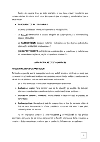 1
Dentro de nuestra área, es éste apartado, el que tiene mayor importancia por
razones obvias. Incluimos aquí todos los aprendizajes adquiridos y relacionados con el
saber hacer.
• FUNDAMENTOS ACTITUDINALES
El último apartado se refiere principalmente a tres apartados:
- La SALUD, refiriéndonos al cuidado e higiene del cuerpo (aseo), a la indumentaria y
calzado adecuados
- La PARTICIPACIÓN, (recoger material, motivación por las diversas actividades,
integración, solidaridad, colaboración…)
- El COMPORTAMIENTO, refiriéndonos en este sentido al respeto por el material, por
las instalaciones, reglas de juegos, compañeros, maestro/s…
AREA DE ED. ARTÍSTICA (MÚSICA)
PROCEDIMIENTOS DE EVALUACIÓN
Teniendo en cuenta que la evaluación ha de ser global, amplia y continua, es decir que
considere todos los elementos del proceso enseñanza-aprendizaje, es lógico concluir que ha
de ser flexible y diversa tanto en técnicas como en instrumentos.
En el aula de música se realizarán tres momentos de evaluación:
 Evaluación inicial: Para conocer cuál es la situación de partida. Se detectan
intereses, experiencias musicales anteriores, aptitudes rítmicas, auditivas,…
 Evaluación continua, formativa: Individualizada lo largo de todo el proceso de
aprendizaje.
 Evaluación final: Se realiza al final del proceso, bien al final del trimestre o bien al
final de cada instrumentación. Éstas pruebas lo normal es que sean orales, pero
también pueden ser escritas.
Ha de propiciarse también la autoevaluación y coevaluación de los propios
alumnos/as como una de las formas para cumplir la función orientadora de la evaluación y
como uno de los mecanismos positivos para la regulación de los propios aprendizajes.
 