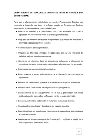 164
ORIENTACIONES METODOLÓGICAS GENERALES DESDE EL ENFOQUE POR
COMPETENCIAS:
Para que el planteamiento metodológico de nuestra Programación Didáctica sea
coherente y desarrolle, por tanto, el enfoque basado en Competencias Básicas,
seguimos las siguientes orientaciones metodológicas:
• Priorizar la reflexión y el pensamiento crítico del alumnado, así como la
aplicación del conocimiento frente al aprendizaje memorístico.
• Propuesta de diferentes situaciones de aprendizaje que pongan en marcha en el
alumnado procesos cognitivos variados.
• Contextualización de los aprendizajes.
• Utilización de diferentes estrategias metodológicas, con especial relevancia del
trabajo a partir de situaciones-problema.
• Alternancia de diferentes tipos de actuaciones, actividades y situaciones de
aprendizaje, teniendo en cuenta las motivaciones y los intereses del alumnado.
• Potenciación de una metodología investigativa.
• Potenciación de la lectura y el tratamiento de la información como estrategia de
aprendizaje.
• Fomento del conocimiento que tiene el alumnado sobre su propio aprendizaje.
• Fomento de un clima escolar de aceptación mutua y cooperación.
• Enriquecimiento de los agrupamientos en el aula y potenciación del trabajo
colaborativo entre alumnado y profesorado y entre el propio alumnado.
• Búsqueda, selección y elaboración de materiales curriculares diversos.
• Coordinación metodológica y didáctica de los equipos docentes.
• Diversificación de las situaciones e instrumentos de evaluación y potenciación de
su carácter formativo
• Adquisición de la competencia en la Comunicación Lingüística a través de la
lectura y escritura en todas las áreas.
 